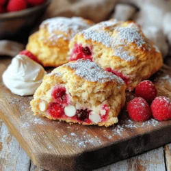 Um die perfekten Himbeer-Weißschokoladen-Scones zu machen, brauchst du folgende Zutaten: - 2 Tassen Allzweckmehl - 1/3 Tasse Zucker - 1 Esslöffel Backpulver - 1/4 Teelöffel Salz - 1/2 Tasse ungesalzene Butter, gekühlt und gewürfelt - 1/2 Tasse Schlagsahne - 1 großes Ei - 1 Teelöffel Vanilleextrakt - 1 Tasse frische Himbeeren - 1/2 Tasse weiße Schokoladenstückchen Jede Zutat hat ihren Platz in diesem Rezept. Das Mehl gibt Struktur. Zucker sorgt für Süße. Backpulver hilft den Scones, schön aufzugehen. Das Salz bringt den Geschmack hervor. Die kalte Butter macht die Scones zart. Schlagsahne fügt Feuchtigkeit hinzu. Das Ei bindet alles zusammen. Vanilleextrakt gibt ein tolles Aroma. Himbeeren bringen Fruchtigkeit. Die weißen Schokoladenstückchen geben einen süßen, cremigen Kontrast. Wenn du keine Himbeeren hast, kannst du andere Früchte verwenden. Erdbeeren oder Heidelbeeren sind gute Alternativen. Statt weißer Schokolade kannst du Zartbitterschokolade nutzen. Für eine glutenfreie Version, ersetze das Mehl durch eine glutenfreie Mischung. Wenn du die Scones vegan machen willst, nutze pflanzliche Butter und einen Leinsamen-Ei-Ersatz. So bleibt der Genuss auch ohne tierische Produkte. Für das vollständige Rezept, schau dir die [Full Recipe] an. Zuerst heizen Sie Ihren Ofen auf 200°C vor. Legen Sie ein Backblech mit Backpapier aus. Das ist wichtig, damit die Scones nicht kleben. Bereiten Sie alle Zutaten vor. Messen Sie das Mehl, den Zucker, das Backpulver und das Salz ab. Das hilft Ihnen, den Überblick zu behalten. In einer großen Schüssel mischen Sie das Mehl, den Zucker, das Backpulver und das Salz gut. Fügen Sie dann die gekühlte Butter hinzu. Sie sollte gewürfelt sein. Mischen Sie alles mit einem Teigmischer oder Ihren Händen. Die Butter muss gut in das Mehl eingearbeitet werden. Es soll wie grobe Krümel aussehen. Jetzt schlagen Sie die Schlagsahne, das Ei und den Vanilleextrakt in einer anderen Schüssel zusammen. Gießen Sie die Mischung vorsichtig in die Mehlmischung. Rühren Sie sanft, bis alles gerade so verbunden ist. Achten Sie darauf, nicht zu viel zu mischen. Fügen Sie die Himbeeren und die weißen Schokoladenstückchen hinzu. Mischen Sie alles leicht. Geben Sie den Teig auf eine bemehlte Fläche. Kneten Sie ihn einige Male sanft, bis er zusammenkommt. Formen Sie den Teig zu einem Kreis, etwa 2,5 cm dick. Schneiden Sie den Kreis in 8 Stücke mit einem scharfen Messer. Legen Sie die Scones auf das Backblech. Lassen Sie genug Platz zwischen ihnen. Backen Sie die Scones für 15 bis 20 Minuten. Sie sollten goldbraun sein. Nehmen Sie das Blech aus dem Ofen und lassen Sie die Scones auf einem Kuchengitter abkühlen. Servieren Sie sie warm für den besten Geschmack. Für das vollständige Rezept besuchen Sie den Abschnitt Full Recipe. Um perfekte Himbeer-Weißschokoladen-Scones zu backen, gibt es einige häufige Fehler, die Sie vermeiden sollten. - Übermischen: Mischen Sie den Teig nur, bis die Zutaten verbunden sind. Zu viel Rühren macht die Scones hart. - Zu wenig Mehl: Achten Sie darauf, genau 2 Tassen Mehl zu verwenden. Zu wenig Mehl führt zu einem klebrigen Teig. - Butter nicht kalt genug: Stellen Sie sicher, dass die Butter gut gekühlt ist. Warme Butter schmilzt zu schnell und verändert die Textur. Die richtige Temperatur ist wichtig für das Backen von Scones. - Heizen Sie Ihren Ofen auf 200°C vor. - Diese hohe Temperatur sorgt dafür, dass die Scones schnell aufgehen und eine schöne Kruste bekommen. - Achten Sie darauf, die Scones in der Mitte des Ofens zu backen. So bekommen sie eine gleichmäßige Hitze. Der Teig für die Scones sollte eine bestimmte Konsistenz haben. - Er sollte leicht klebrig, aber formbar sein. - Wenn der Teig zu trocken ist, fügen Sie einen Esslöffel Sahne hinzu. - Wenn er zu feucht ist, streuen Sie etwas mehr Mehl darauf. - Achten Sie darauf, die Himbeeren und die weißen Schokoladenstückchen sanft unterzuheben, um sie nicht zu zerdrücken. Für die detaillierte Zubereitung, schauen Sie sich das Full Recipe an. {{image_4}} Saisonalität bringt frische Geschmäcker. Himbeeren sind toll, aber probiere auch andere Früchte. Erdbeeren schmecken süß und passen gut. Blaubeeren bringen eine schöne Farbe und sind ebenfalls lecker. Du kannst sogar Äpfel oder Birnen für eine herbstliche Note nutzen. Achte darauf, die Früchte klein zu schneiden, damit sie gut im Teig verteilt sind. Du kannst das Rezept leicht anpassen. Um es vegan zu machen, ersetze die Eier durch Apfelmus oder Leinsamen. Nutze pflanzliche Butter und Soja- oder Hafercreme. Für glutenfreie Scones verwende glutenfreies Mehl. Achte darauf, dass das Backpulver auch glutenfrei ist. Diese Anpassungen sorgen für eine leckere und gesunde Variante. Füge dem Teig mehr Geschmack hinzu. Ein Hauch von Zimt oder Muskatnuss kann viel bewirken. Auch Zitrusfrüchte wie Zitrone oder Orange passen gut. Ihr Aroma harmoniert toll mit der Süße der Schokolade. Vanilleextrakt ist immer eine gute Wahl, um die Süße zu betonen. Experimentiere mit diesen Aromen, um deinen perfekten Scone zu finden. Du findest das vollständige Rezept im [Full Recipe]. Um die Scones frisch zu halten, lege sie in eine luftdichte Box. Bei Raumtemperatur bleiben sie so für 2-3 Tage lecker. Wenn du sie länger aufbewahren möchtest, kannst du sie in den Kühlschrank legen. In diesem Fall bleiben sie etwa eine Woche frisch. Einfrieren ist eine großartige Option! Lass die Scones nach dem Backen ganz abkühlen. Danach kannst du sie einzeln in Frischhaltefolie wickeln. Lege sie dann in einen Gefrierbeutel. So bleiben sie bis zu 3 Monate haltbar. Zum Auftauen nimm die Scones einfach aus dem Gefrierfach. Lass sie bei Raumtemperatur stehen oder erwärme sie kurz im Ofen. Um die Frische der Scones zu bewahren, kannst du sie auch kurz aufbacken. Stelle den Ofen auf 180°C ein und backe sie 5-10 Minuten. So schmecken sie fast wie frisch gebacken. Du kannst auch einen feuchten Küchenhandtuch um die Scones wickeln, wenn du sie aufbewahrst. Das hilft, dass sie nicht austrocknen. Die Scones sind frisch am besten. Sie halten sich in einem luftdichten Behälter etwa 2-3 Tage. Die besten Scones sind warm und frisch. Nach ein paar Tagen können sie trockener werden. Wenn Sie sie länger aufbewahren möchten, frieren Sie sie ein. So bleiben sie bis zu 3 Monate gut. Ja, gefrorene Himbeeren sind eine tolle Option! Sie können die gefrorenen Himbeeren direkt in den Teig geben. Achten Sie darauf, sie nicht vorher aufzutauen. Das hilft, den Teig nicht zu wässern. Die gefrorenen Himbeeren geben den Scones einen schönen, fruchtigen Geschmack. Es gibt viele leckere Alternativen! Dunkle Schokolade passt gut zu Himbeeren und gibt einen intensiven Geschmack. Sie können auch Milchschokolade verwenden, wenn Sie es süßer mögen. Für eine gesündere Variante probieren Sie gehackte Nüsse oder Trockenfrüchte aus. Diese Optionen bringen neue, spannende Aromen in Ihre Scones. In diesem Artikel haben wir die Zutaten für Scones, ihre Zubereitung und Lagerung gründlich besprochen. Zudem gab es Tipps, um Fehler zu vermeiden und das perfekte Ergebnis zu erzielen. Viel Spaß beim Ausprobieren! Kreiere eigene Variationen mit saisonalen Früchten oder speziellen Aromen. Denke auch daran, wie du deine Scones richtig lagerst. Scones sind einfach und vielseitig, also geh in die Küche und backe los!