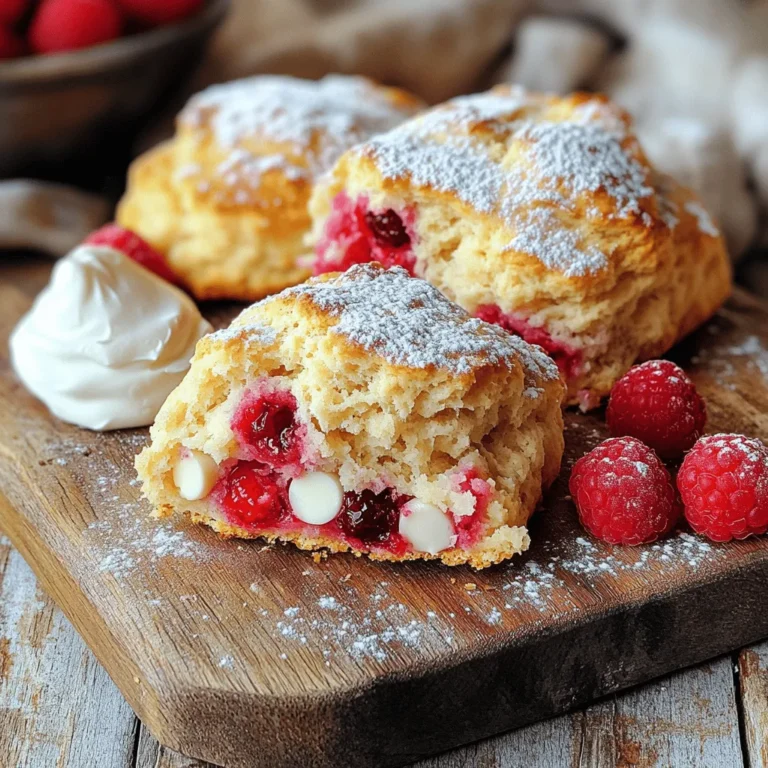 Um die perfekten Himbeer-Weißschokoladen-Scones zu machen, brauchst du folgende Zutaten: - 2 Tassen Allzweckmehl - 1/3 Tasse Zucker - 1 Esslöffel Backpulver - 1/4 Teelöffel Salz - 1/2 Tasse ungesalzene Butter, gekühlt und gewürfelt - 1/2 Tasse Schlagsahne - 1 großes Ei - 1 Teelöffel Vanilleextrakt - 1 Tasse frische Himbeeren - 1/2 Tasse weiße Schokoladenstückchen Jede Zutat hat ihren Platz in diesem Rezept. Das Mehl gibt Struktur. Zucker sorgt für Süße. Backpulver hilft den Scones, schön aufzugehen. Das Salz bringt den Geschmack hervor. Die kalte Butter macht die Scones zart. Schlagsahne fügt Feuchtigkeit hinzu. Das Ei bindet alles zusammen. Vanilleextrakt gibt ein tolles Aroma. Himbeeren bringen Fruchtigkeit. Die weißen Schokoladenstückchen geben einen süßen, cremigen Kontrast. Wenn du keine Himbeeren hast, kannst du andere Früchte verwenden. Erdbeeren oder Heidelbeeren sind gute Alternativen. Statt weißer Schokolade kannst du Zartbitterschokolade nutzen. Für eine glutenfreie Version, ersetze das Mehl durch eine glutenfreie Mischung. Wenn du die Scones vegan machen willst, nutze pflanzliche Butter und einen Leinsamen-Ei-Ersatz. So bleibt der Genuss auch ohne tierische Produkte. Für das vollständige Rezept, schau dir die [Full Recipe] an. Zuerst heizen Sie Ihren Ofen auf 200°C vor. Legen Sie ein Backblech mit Backpapier aus. Das ist wichtig, damit die Scones nicht kleben. Bereiten Sie alle Zutaten vor. Messen Sie das Mehl, den Zucker, das Backpulver und das Salz ab. Das hilft Ihnen, den Überblick zu behalten. In einer großen Schüssel mischen Sie das Mehl, den Zucker, das Backpulver und das Salz gut. Fügen Sie dann die gekühlte Butter hinzu. Sie sollte gewürfelt sein. Mischen Sie alles mit einem Teigmischer oder Ihren Händen. Die Butter muss gut in das Mehl eingearbeitet werden. Es soll wie grobe Krümel aussehen. Jetzt schlagen Sie die Schlagsahne, das Ei und den Vanilleextrakt in einer anderen Schüssel zusammen. Gießen Sie die Mischung vorsichtig in die Mehlmischung. Rühren Sie sanft, bis alles gerade so verbunden ist. Achten Sie darauf, nicht zu viel zu mischen. Fügen Sie die Himbeeren und die weißen Schokoladenstückchen hinzu. Mischen Sie alles leicht. Geben Sie den Teig auf eine bemehlte Fläche. Kneten Sie ihn einige Male sanft, bis er zusammenkommt. Formen Sie den Teig zu einem Kreis, etwa 2,5 cm dick. Schneiden Sie den Kreis in 8 Stücke mit einem scharfen Messer. Legen Sie die Scones auf das Backblech. Lassen Sie genug Platz zwischen ihnen. Backen Sie die Scones für 15 bis 20 Minuten. Sie sollten goldbraun sein. Nehmen Sie das Blech aus dem Ofen und lassen Sie die Scones auf einem Kuchengitter abkühlen. Servieren Sie sie warm für den besten Geschmack. Für das vollständige Rezept besuchen Sie den Abschnitt Full Recipe. Um perfekte Himbeer-Weißschokoladen-Scones zu backen, gibt es einige häufige Fehler, die Sie vermeiden sollten. - Übermischen: Mischen Sie den Teig nur, bis die Zutaten verbunden sind. Zu viel Rühren macht die Scones hart. - Zu wenig Mehl: Achten Sie darauf, genau 2 Tassen Mehl zu verwenden. Zu wenig Mehl führt zu einem klebrigen Teig. - Butter nicht kalt genug: Stellen Sie sicher, dass die Butter gut gekühlt ist. Warme Butter schmilzt zu schnell und verändert die Textur. Die richtige Temperatur ist wichtig für das Backen von Scones. - Heizen Sie Ihren Ofen auf 200°C vor. - Diese hohe Temperatur sorgt dafür, dass die Scones schnell aufgehen und eine schöne Kruste bekommen. - Achten Sie darauf, die Scones in der Mitte des Ofens zu backen. So bekommen sie eine gleichmäßige Hitze. Der Teig für die Scones sollte eine bestimmte Konsistenz haben. - Er sollte leicht klebrig, aber formbar sein. - Wenn der Teig zu trocken ist, fügen Sie einen Esslöffel Sahne hinzu. - Wenn er zu feucht ist, streuen Sie etwas mehr Mehl darauf. - Achten Sie darauf, die Himbeeren und die weißen Schokoladenstückchen sanft unterzuheben, um sie nicht zu zerdrücken. Für die detaillierte Zubereitung, schauen Sie sich das Full Recipe an. {{image_4}} Saisonalität bringt frische Geschmäcker. Himbeeren sind toll, aber probiere auch andere Früchte. Erdbeeren schmecken süß und passen gut. Blaubeeren bringen eine schöne Farbe und sind ebenfalls lecker. Du kannst sogar Äpfel oder Birnen für eine herbstliche Note nutzen. Achte darauf, die Früchte klein zu schneiden, damit sie gut im Teig verteilt sind. Du kannst das Rezept leicht anpassen. Um es vegan zu machen, ersetze die Eier durch Apfelmus oder Leinsamen. Nutze pflanzliche Butter und Soja- oder Hafercreme. Für glutenfreie Scones verwende glutenfreies Mehl. Achte darauf, dass das Backpulver auch glutenfrei ist. Diese Anpassungen sorgen für eine leckere und gesunde Variante. Füge dem Teig mehr Geschmack hinzu. Ein Hauch von Zimt oder Muskatnuss kann viel bewirken. Auch Zitrusfrüchte wie Zitrone oder Orange passen gut. Ihr Aroma harmoniert toll mit der Süße der Schokolade. Vanilleextrakt ist immer eine gute Wahl, um die Süße zu betonen. Experimentiere mit diesen Aromen, um deinen perfekten Scone zu finden. Du findest das vollständige Rezept im [Full Recipe]. Um die Scones frisch zu halten, lege sie in eine luftdichte Box. Bei Raumtemperatur bleiben sie so für 2-3 Tage lecker. Wenn du sie länger aufbewahren möchtest, kannst du sie in den Kühlschrank legen. In diesem Fall bleiben sie etwa eine Woche frisch. Einfrieren ist eine großartige Option! Lass die Scones nach dem Backen ganz abkühlen. Danach kannst du sie einzeln in Frischhaltefolie wickeln. Lege sie dann in einen Gefrierbeutel. So bleiben sie bis zu 3 Monate haltbar. Zum Auftauen nimm die Scones einfach aus dem Gefrierfach. Lass sie bei Raumtemperatur stehen oder erwärme sie kurz im Ofen. Um die Frische der Scones zu bewahren, kannst du sie auch kurz aufbacken. Stelle den Ofen auf 180°C ein und backe sie 5-10 Minuten. So schmecken sie fast wie frisch gebacken. Du kannst auch einen feuchten Küchenhandtuch um die Scones wickeln, wenn du sie aufbewahrst. Das hilft, dass sie nicht austrocknen. Die Scones sind frisch am besten. Sie halten sich in einem luftdichten Behälter etwa 2-3 Tage. Die besten Scones sind warm und frisch. Nach ein paar Tagen können sie trockener werden. Wenn Sie sie länger aufbewahren möchten, frieren Sie sie ein. So bleiben sie bis zu 3 Monate gut. Ja, gefrorene Himbeeren sind eine tolle Option! Sie können die gefrorenen Himbeeren direkt in den Teig geben. Achten Sie darauf, sie nicht vorher aufzutauen. Das hilft, den Teig nicht zu wässern. Die gefrorenen Himbeeren geben den Scones einen schönen, fruchtigen Geschmack. Es gibt viele leckere Alternativen! Dunkle Schokolade passt gut zu Himbeeren und gibt einen intensiven Geschmack. Sie können auch Milchschokolade verwenden, wenn Sie es süßer mögen. Für eine gesündere Variante probieren Sie gehackte Nüsse oder Trockenfrüchte aus. Diese Optionen bringen neue, spannende Aromen in Ihre Scones. In diesem Artikel haben wir die Zutaten für Scones, ihre Zubereitung und Lagerung gründlich besprochen. Zudem gab es Tipps, um Fehler zu vermeiden und das perfekte Ergebnis zu erzielen. Viel Spaß beim Ausprobieren! Kreiere eigene Variationen mit saisonalen Früchten oder speziellen Aromen. Denke auch daran, wie du deine Scones richtig lagerst. Scones sind einfach und vielseitig, also geh in die Küche und backe los!