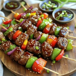 Um Teriyaki Steak Spieße zuzubereiten, brauchen Sie folgende Hauptzutaten: - 450 g Rinderfilet, in 2,5 cm große Würfel geschnitten - 80 ml Sojasauce - 60 ml Honig - 30 ml Sesamöl - 3 Knoblauchzehen, fein gehackt - 2,5 cm frischer Ingwer, gerieben - 1 Esslöffel Maisstärke (optional) Diese Zutaten geben den Spießen ihren authentischen Geschmack. Für die Spieße verwenden Sie Gemüse, um mehr Frische zu bringen. Die Gemüsezutaten sind: - 1 rote Paprika, in Stücke geschnitten - 1 grüne Paprika, in Stücke geschnitten - 1 kleine rote Zwiebel, in Keile geschnitten Die Marinade wird aus der Sojasauce, dem Honig, dem Sesamöl, dem Knoblauch und dem Ingwer gemacht. Dies ergibt einen süßen und herzhaften Geschmack. Für Teriyaki Spieße sind einige Schnittarten besonders gut. Hier sind beliebte Optionen: - Rinderfilet: zart und saftig - Ribeye: reich an Geschmack - Hüftsteak: mager und fest Diese Stücke sind ideal, um die Aromen der Marinade aufzunehmen. Sie bieten das beste Ergebnis beim Grillen. Für das vollständige Rezept, schauen Sie sich das Full Recipe an. Zuerst bereite ich die Marinade. Ich mische Sojasauce, Honig, Sesamöl, Knoblauch und Ingwer in einer Schüssel. Wenn ich die Marinade dicker mag, füge ich etwas Maisstärke hinzu. Dann gebe ich die Rindfleischwürfel in einen Beutel. Ich gieße die Marinade darüber und schließe den Beutel. Das Fleisch muss mindestens 30 Minuten im Kühlschrank marinieren. Je länger, desto besser der Geschmack. Jetzt heize ich den Grill oder die Grillpfanne auf mittelhohe Hitze vor. Das ist wichtig, damit die Spieße gut garen. Ich lasse die Bambusspieße, die ich in Wasser eingeweicht habe, abtropfen. Das verhindert, dass sie beim Grillen anbrennen. Ich stecke das marinierte Rindfleisch abwechselnd mit Paprika und Zwiebel auf die Spieße. Die bunten Stücke sehen toll aus! Dann lege ich die Spieße auf den Grill. Ich grille sie etwa 8-10 Minuten. Es ist wichtig, sie regelmäßig zu wenden. Ich bestreiche sie mit der restlichen Marinade für extra Geschmack. In den letzten Minuten streue ich Sesamsamen darüber, damit sie rösten. Nach dem Grillen lasse ich die Spieße kurz ruhen. Dann sind sie bereit zum Servieren. Für das vollständige Rezept, schau dir bitte die [Full Recipe] an. Um die besten Teriyaki Steak Spieße zu grillen, heizen Sie den Grill gut vor. Eine mittelhohe Hitze sorgt für ein gleichmäßiges Garen. Legen Sie die Spieße nicht zu nah zusammen. So kann die Hitze zirkulieren. Wenden Sie die Spieße regelmäßig, um ein Anbrennen zu vermeiden. Bestreichen Sie sie mit der Marinade, um zusätzlichen Geschmack zu erhalten. Die Marinierzeit ist wichtig für den Geschmack. Marinieren Sie das Rindfleisch mindestens 30 Minuten. Wenn Sie mehr Zeit haben, lassen Sie es bis zu 2 Stunden marinieren. Längeres Marinieren gibt dem Fleisch einen stärkeren Teriyaki-Geschmack. Achten Sie darauf, dass Sie das Fleisch im Kühlschrank aufbewahren, während es mariniert. So bleibt es frisch und sicher. Sie können die Teriyaki Steak Spieße auch in einer Grillpfanne oder im Ofen zubereiten. In der Grillpfanne erhitzen Sie etwas Öl und braten die Spieße bei mittlerer Hitze. Drehen Sie sie regelmäßig, bis sie durchgegart sind. Wenn Sie den Ofen nutzen, heizen Sie ihn auf 200 Grad vor. Legen Sie die Spieße auf ein Backblech und garen sie für etwa 15 Minuten. Drehen Sie sie einmal um, damit sie gleichmäßig bräunen. Für die besten Ergebnisse, probieren Sie die verschiedenen Methoden aus! {{image_4}} Sie können die Teriyaki Steak Spieße auch mit anderen Fleischsorten zubereiten. Hähnchen ist eine beliebte Wahl. Schneiden Sie das Hähnchen in Stücke, so wie beim Rindfleisch. Marinieren Sie es genau wie im Rezept. Es wird zart und geschmackvoll. Auch Schweinefleisch eignet sich gut. Nutzen Sie Filet oder Nacken für die besten Ergebnisse. Probieren Sie auch Lamm, wenn Sie etwas Neues möchten. Jedes Fleisch bringt seinen eigenen Geschmack mit. Für eine vegetarische oder vegane Version verwenden Sie Tofu oder Tempeh. Schneiden Sie den Tofu in Würfel und marinieren Sie ihn wie das Fleisch. Lassen Sie den Tofu etwas länger marinieren, damit er mehr Geschmack aufnimmt. Auch Gemüse wie Zucchini oder Pilze sind tolle Alternativen. Sie können die gleichen Spieße mit Paprika, Zwiebeln und Ananas machen. Diese Optionen sind leicht und frisch. Die Marinade ist sehr vielseitig. Sie können sie anpassen, um verschiedene Geschmäcker zu treffen. Fügen Sie etwas scharfe Sauce hinzu, wenn Sie es würziger mögen. Ein Spritzer Limettensaft bringt Frische. Für eine süßere Note verwenden Sie mehr Honig oder braunen Zucker. Wenn Sie es herzhafter möchten, probieren Sie Misopaste. Diese Anpassungen geben den Spießen einen neuen Twist. Experimentieren Sie und finden Sie Ihre Lieblingskombination! Wenn Sie Rindfleisch übrig haben, lassen Sie es zuerst auf Raumtemperatur abkühlen. Wickeln Sie es dann in Frischhaltefolie oder legen Sie es in einen luftdichten Behälter. So bleibt das Fleisch frisch. Lagern Sie es im Kühlschrank für bis zu drei Tage. Wenn Sie es später verwenden möchten, denken Sie daran, es gut aufzuwärmen. So bleibt der Geschmack erhalten. Marinierte Spieße sollten im Kühlschrank aufbewahrt werden. Legen Sie sie in einen luftdichten Behälter. So bleibt die Marinade haften und das Gemüse bleibt frisch. Sie können die marinierten Spieße bis zu zwei Tage lagern. Wenn Sie sie nicht sofort grillen, denken Sie daran, sie abgedeckt zu halten. Um Teriyaki Spieße einzufrieren, bereiten Sie die marinierten Spieße vor, aber grillen Sie sie nicht. Wickeln Sie die Spieße gut in Frischhaltefolie ein. Legen Sie sie dann in einen Gefrierbeutel. So verhindern Sie Gefrierbrand. Diese Spieße halten sich bis zu drei Monate im Gefrierschrank. Wenn Sie bereit sind, sie zu essen, lassen Sie sie über Nacht im Kühlschrank auftauen. Dann können Sie sie direkt grillen. Der beste Schnitt für Teriyaki Steak Spieße ist Rinderfilet. Dieses Fleisch ist zart und hat einen tollen Geschmack. Man kann auch Ribeye oder Sirloin verwenden. Wichtig ist, die Stücke gleichmäßig zu schneiden. So garen sie gut und bleiben saftig. Das Fleisch sollte mindestens 30 Minuten marinieren. Für mehr Geschmack kann man es bis zu 2 Stunden marinieren. Wenn du mehr Zeit hast, lasse es über Nacht im Kühlschrank. So zieht die Marinade tief in das Fleisch ein. Ja, du kannst die Teriyaki Marinade im Voraus zubereiten. Sie bleibt bis zu einer Woche im Kühlschrank frisch. Dies spart Zeit, wenn du die Spieße zubereitest. Stelle sicher, dass du sie gut verschließt, um den Geschmack zu bewahren. Für das komplette Rezept schau dir die [Full Recipe] an. Zusammenfassend haben wir die wichtigen Zutaten und Schritte für köstliche Teriyaki Steak Spieße besprochen. Wir haben die besten Steak-Schnitte, Marinieren, und Grillmethoden behandelt. Tipps helfen Ihnen, perfekte Ergebnisse zu erzielen. Variationen zeigen, wie Sie kreative Alternativen nutzen können. Beachten Sie auch die Lagerung für Reste. Nutzen Sie diese Ideen, um Ihre Grillkünste zu verbessern und Ihre Gäste zu beeindrucken. Kochen macht Spaß, und diese Spieße sind einfach toll!