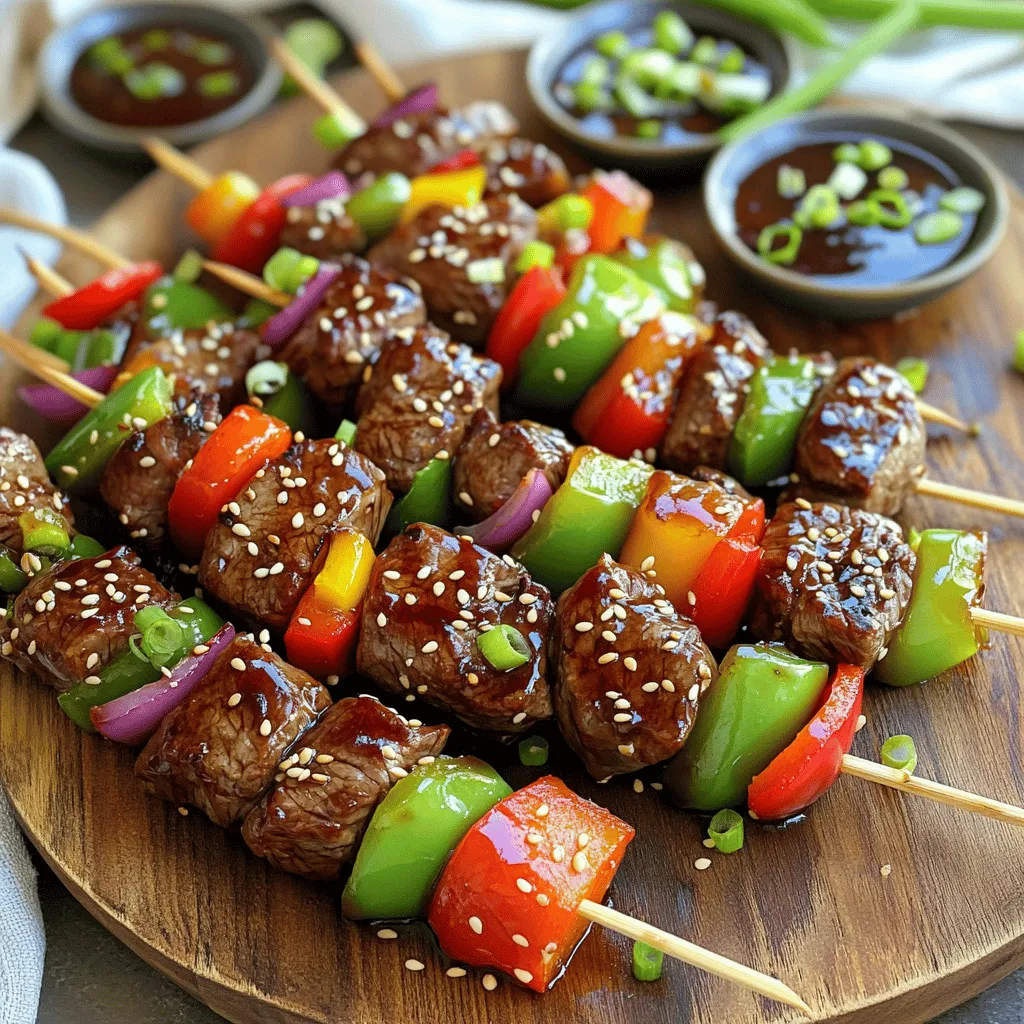 Um Teriyaki Steak Spieße zuzubereiten, brauchen Sie folgende Hauptzutaten: - 450 g Rinderfilet, in 2,5 cm große Würfel geschnitten - 80 ml Sojasauce - 60 ml Honig - 30 ml Sesamöl - 3 Knoblauchzehen, fein gehackt - 2,5 cm frischer Ingwer, gerieben - 1 Esslöffel Maisstärke (optional) Diese Zutaten geben den Spießen ihren authentischen Geschmack. Für die Spieße verwenden Sie Gemüse, um mehr Frische zu bringen. Die Gemüsezutaten sind: - 1 rote Paprika, in Stücke geschnitten - 1 grüne Paprika, in Stücke geschnitten - 1 kleine rote Zwiebel, in Keile geschnitten Die Marinade wird aus der Sojasauce, dem Honig, dem Sesamöl, dem Knoblauch und dem Ingwer gemacht. Dies ergibt einen süßen und herzhaften Geschmack. Für Teriyaki Spieße sind einige Schnittarten besonders gut. Hier sind beliebte Optionen: - Rinderfilet: zart und saftig - Ribeye: reich an Geschmack - Hüftsteak: mager und fest Diese Stücke sind ideal, um die Aromen der Marinade aufzunehmen. Sie bieten das beste Ergebnis beim Grillen. Für das vollständige Rezept, schauen Sie sich das Full Recipe an. Zuerst bereite ich die Marinade. Ich mische Sojasauce, Honig, Sesamöl, Knoblauch und Ingwer in einer Schüssel. Wenn ich die Marinade dicker mag, füge ich etwas Maisstärke hinzu. Dann gebe ich die Rindfleischwürfel in einen Beutel. Ich gieße die Marinade darüber und schließe den Beutel. Das Fleisch muss mindestens 30 Minuten im Kühlschrank marinieren. Je länger, desto besser der Geschmack. Jetzt heize ich den Grill oder die Grillpfanne auf mittelhohe Hitze vor. Das ist wichtig, damit die Spieße gut garen. Ich lasse die Bambusspieße, die ich in Wasser eingeweicht habe, abtropfen. Das verhindert, dass sie beim Grillen anbrennen. Ich stecke das marinierte Rindfleisch abwechselnd mit Paprika und Zwiebel auf die Spieße. Die bunten Stücke sehen toll aus! Dann lege ich die Spieße auf den Grill. Ich grille sie etwa 8-10 Minuten. Es ist wichtig, sie regelmäßig zu wenden. Ich bestreiche sie mit der restlichen Marinade für extra Geschmack. In den letzten Minuten streue ich Sesamsamen darüber, damit sie rösten. Nach dem Grillen lasse ich die Spieße kurz ruhen. Dann sind sie bereit zum Servieren. Für das vollständige Rezept, schau dir bitte die [Full Recipe] an. Um die besten Teriyaki Steak Spieße zu grillen, heizen Sie den Grill gut vor. Eine mittelhohe Hitze sorgt für ein gleichmäßiges Garen. Legen Sie die Spieße nicht zu nah zusammen. So kann die Hitze zirkulieren. Wenden Sie die Spieße regelmäßig, um ein Anbrennen zu vermeiden. Bestreichen Sie sie mit der Marinade, um zusätzlichen Geschmack zu erhalten. Die Marinierzeit ist wichtig für den Geschmack. Marinieren Sie das Rindfleisch mindestens 30 Minuten. Wenn Sie mehr Zeit haben, lassen Sie es bis zu 2 Stunden marinieren. Längeres Marinieren gibt dem Fleisch einen stärkeren Teriyaki-Geschmack. Achten Sie darauf, dass Sie das Fleisch im Kühlschrank aufbewahren, während es mariniert. So bleibt es frisch und sicher. Sie können die Teriyaki Steak Spieße auch in einer Grillpfanne oder im Ofen zubereiten. In der Grillpfanne erhitzen Sie etwas Öl und braten die Spieße bei mittlerer Hitze. Drehen Sie sie regelmäßig, bis sie durchgegart sind. Wenn Sie den Ofen nutzen, heizen Sie ihn auf 200 Grad vor. Legen Sie die Spieße auf ein Backblech und garen sie für etwa 15 Minuten. Drehen Sie sie einmal um, damit sie gleichmäßig bräunen. Für die besten Ergebnisse, probieren Sie die verschiedenen Methoden aus! {{image_4}} Sie können die Teriyaki Steak Spieße auch mit anderen Fleischsorten zubereiten. Hähnchen ist eine beliebte Wahl. Schneiden Sie das Hähnchen in Stücke, so wie beim Rindfleisch. Marinieren Sie es genau wie im Rezept. Es wird zart und geschmackvoll. Auch Schweinefleisch eignet sich gut. Nutzen Sie Filet oder Nacken für die besten Ergebnisse. Probieren Sie auch Lamm, wenn Sie etwas Neues möchten. Jedes Fleisch bringt seinen eigenen Geschmack mit. Für eine vegetarische oder vegane Version verwenden Sie Tofu oder Tempeh. Schneiden Sie den Tofu in Würfel und marinieren Sie ihn wie das Fleisch. Lassen Sie den Tofu etwas länger marinieren, damit er mehr Geschmack aufnimmt. Auch Gemüse wie Zucchini oder Pilze sind tolle Alternativen. Sie können die gleichen Spieße mit Paprika, Zwiebeln und Ananas machen. Diese Optionen sind leicht und frisch. Die Marinade ist sehr vielseitig. Sie können sie anpassen, um verschiedene Geschmäcker zu treffen. Fügen Sie etwas scharfe Sauce hinzu, wenn Sie es würziger mögen. Ein Spritzer Limettensaft bringt Frische. Für eine süßere Note verwenden Sie mehr Honig oder braunen Zucker. Wenn Sie es herzhafter möchten, probieren Sie Misopaste. Diese Anpassungen geben den Spießen einen neuen Twist. Experimentieren Sie und finden Sie Ihre Lieblingskombination! Wenn Sie Rindfleisch übrig haben, lassen Sie es zuerst auf Raumtemperatur abkühlen. Wickeln Sie es dann in Frischhaltefolie oder legen Sie es in einen luftdichten Behälter. So bleibt das Fleisch frisch. Lagern Sie es im Kühlschrank für bis zu drei Tage. Wenn Sie es später verwenden möchten, denken Sie daran, es gut aufzuwärmen. So bleibt der Geschmack erhalten. Marinierte Spieße sollten im Kühlschrank aufbewahrt werden. Legen Sie sie in einen luftdichten Behälter. So bleibt die Marinade haften und das Gemüse bleibt frisch. Sie können die marinierten Spieße bis zu zwei Tage lagern. Wenn Sie sie nicht sofort grillen, denken Sie daran, sie abgedeckt zu halten. Um Teriyaki Spieße einzufrieren, bereiten Sie die marinierten Spieße vor, aber grillen Sie sie nicht. Wickeln Sie die Spieße gut in Frischhaltefolie ein. Legen Sie sie dann in einen Gefrierbeutel. So verhindern Sie Gefrierbrand. Diese Spieße halten sich bis zu drei Monate im Gefrierschrank. Wenn Sie bereit sind, sie zu essen, lassen Sie sie über Nacht im Kühlschrank auftauen. Dann können Sie sie direkt grillen. Der beste Schnitt für Teriyaki Steak Spieße ist Rinderfilet. Dieses Fleisch ist zart und hat einen tollen Geschmack. Man kann auch Ribeye oder Sirloin verwenden. Wichtig ist, die Stücke gleichmäßig zu schneiden. So garen sie gut und bleiben saftig. Das Fleisch sollte mindestens 30 Minuten marinieren. Für mehr Geschmack kann man es bis zu 2 Stunden marinieren. Wenn du mehr Zeit hast, lasse es über Nacht im Kühlschrank. So zieht die Marinade tief in das Fleisch ein. Ja, du kannst die Teriyaki Marinade im Voraus zubereiten. Sie bleibt bis zu einer Woche im Kühlschrank frisch. Dies spart Zeit, wenn du die Spieße zubereitest. Stelle sicher, dass du sie gut verschließt, um den Geschmack zu bewahren. Für das komplette Rezept schau dir die [Full Recipe] an. Zusammenfassend haben wir die wichtigen Zutaten und Schritte für köstliche Teriyaki Steak Spieße besprochen. Wir haben die besten Steak-Schnitte, Marinieren, und Grillmethoden behandelt. Tipps helfen Ihnen, perfekte Ergebnisse zu erzielen. Variationen zeigen, wie Sie kreative Alternativen nutzen können. Beachten Sie auch die Lagerung für Reste. Nutzen Sie diese Ideen, um Ihre Grillkünste zu verbessern und Ihre Gäste zu beeindrucken. Kochen macht Spaß, und diese Spieße sind einfach toll!