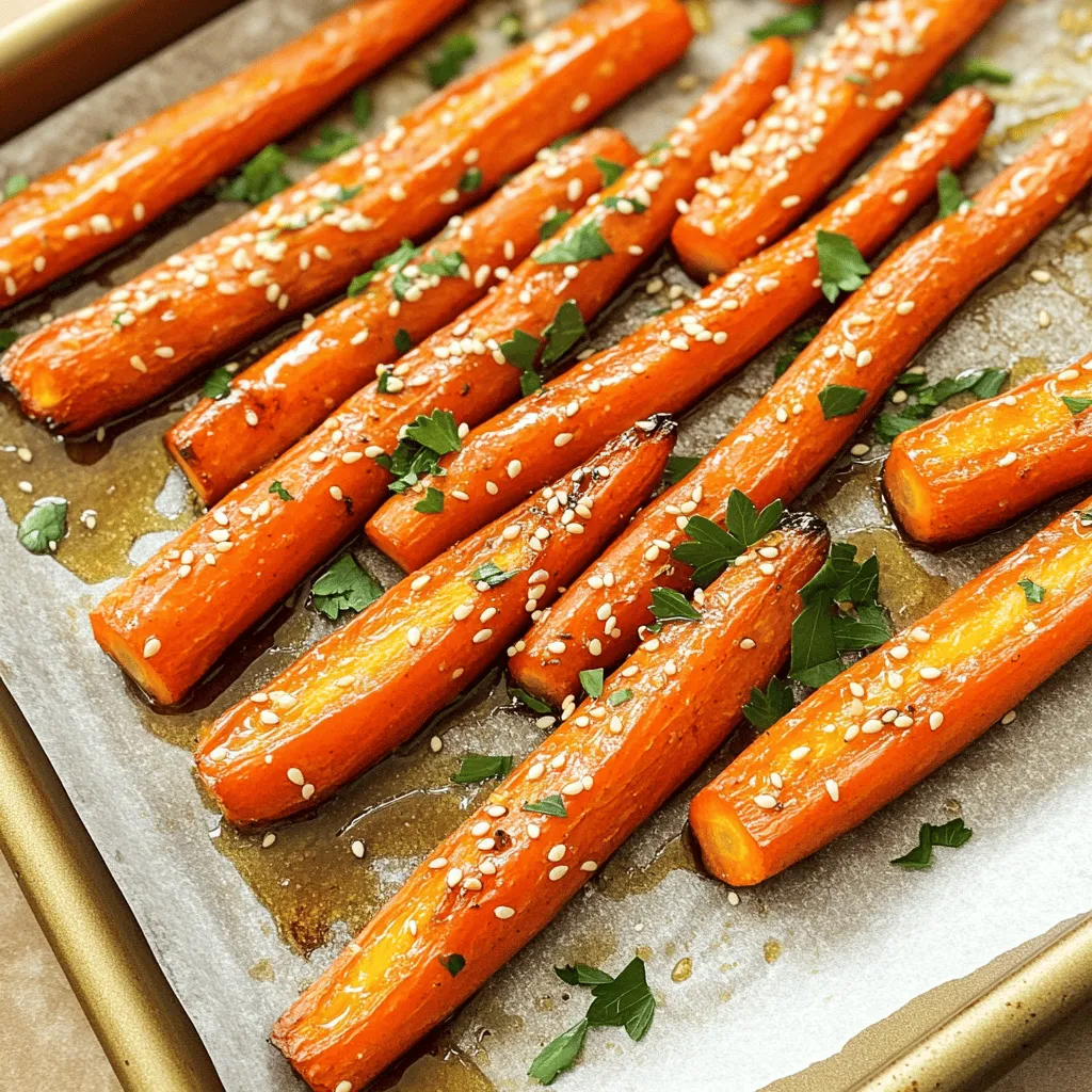 Um die Honig-Knoblauch-Gerösteten Karotten zu machen, brauchst du frische Zutaten. Hier sind sie: - 450 g frische Karotten, geschält und in Sticks oder Runden geschnitten - 3 Esslöffel Honig - 2 Esslöffel Olivenöl - 3 Knoblauchzehen, fein gehackt - 1 Teelöffel frische Thymianblätter (oder ½ Teelöffel getrockneter Thymian) - Salz und Pfeffer nach Geschmack - 1 Esslöffel Sesamsamen (optional, zum Garnieren) - Frisch gehackte Petersilie (zum Garnieren) Diese Zutaten bringen den perfekten Mix aus süß und herzhaft. Die Karotten bleiben knackig und aromatisch. Wenn du die Karotten variieren möchtest, gibt es viele Optionen. Du kannst andere Gemüsesorten verwenden, wie z.B.: - Süßkartoffeln für eine süßere Note - Rote Bete für eine farbenfrohe Ergänzung - Pastinaken für einen erdigen Geschmack Zusätzlich kannst du frische Kräuter wie Rosmarin oder Oregano ausprobieren. Diese geben einen neuen Twist. Falls du eine andere Anzahl von Portionen zubereiten möchtest, hier sind einfache Umrechnungen: - Für 2 Portionen: Halbiere die Zutaten. - Für 6 Portionen: Verdopple alles, aber achte auf die Backzeit. Mit diesen einfachen Umrechnungen kannst du das Rezept anpassen, wie du willst. Nutze die [Full Recipe] für eine detaillierte Anleitung. Zuerst wasche die Karotten gut. Schäle sie mit einem Schäler. Du kannst sie in Sticks oder Runden schneiden. Achte darauf, dass alle Stücke gleich groß sind. Das hilft beim gleichmäßigen Garen. Lege die geschnittenen Karotten in eine große Schüssel. Sie sind bereit für die Honig-Knoblauch-Mischung. Nimm eine separate Schüssel. Gib den Honig, das Olivenöl und die gehackten Knoblauchzehen hinein. Füge die frischen Thymianblätter, Salz und Pfeffer hinzu. Rühre alles gut mit einem Schneebesen um. Du willst eine glatte Mischung ohne Klumpen. Diese Mischung macht die Karotten süß und herzhaft. Heize deinen Ofen auf 220°C vor. Lege ein Backblech mit Backpapier aus. Das hilft beim Reinigen. Gib die glasierten Karotten auf das Backblech in einer einzigen Schicht. Röste sie für etwa 25 bis 30 Minuten. Wende die Karotten nach der Hälfte der Zeit. Sie sind fertig, wenn sie zart und goldbraun sind. Du kannst sie mit Sesamsamen und Petersilie garnieren, um sie noch schöner zu machen. Für das vollständige Rezept, schau dir den Full Recipe Link an. Um die Karotten perfekt zu rösten, achten Sie auf die Größe. Schneiden Sie die Karotten gleichmäßig, damit sie gleichmäßig garen. Dickere Stücke brauchen länger. Ein Ofen auf 220°C ist ideal. Legen Sie die Karotten in einer einzigen Schicht auf das Backblech. Zu viel Stapeln verhindert eine schöne Bräunung. Wenden Sie die Karotten während des Röstens einmal, um eine gleichmäßige Farbe zu erreichen. Das Rösten dauert etwa 25-30 Minuten. Fügen Sie für mehr Geschmack verschiedene Zutaten hinzu. Zum Beispiel können Sie frische Kräuter wie Rosmarin oder Oregano verwenden. Diese Kräuter geben den Karotten einen tollen Duft und Geschmack. Eine Prise Chili-Flocken bringt eine angenehme Schärfe. Auch eine Spritzer Zitrone kann die Aromen aufhellen. Experimentieren Sie mit verschiedenen Honigsorten für verschiedene Süße. Um die Aromen in den Karotten auszugleichen, ist es wichtig, die richtige Menge Salz und Pfeffer zu verwenden. Zu viel Salz kann die Süße des Honigs überdecken. Beginnen Sie mit einer kleinen Menge und passen Sie sie an. Ein Spritzer Balsamico-Essig am Ende bringt eine schöne Säure mit sich. So runden Sie die Aromen ab. Diese Tipps helfen, das Gericht noch schmackhafter zu machen. Genießen Sie das Kochen! {{image_4}} Um den Geschmack zu ändern, füge frische Kräuter hinzu. Thymian passt gut, aber auch Rosmarin ist toll. Diese Kräuter bringen mehr Tiefe in das Gericht. Du kannst die Kräuter einfach mit der Honig-Knoblauch-Mischung vermengen. Das gibt den Karotten einen frischen, aromatischen Kick. Eine leckere Variante ist die mediterrane Version. Nach dem Rösten streue zerbröckelten Feta über die Karotten. Der Feta bringt eine salzige Note und einen cremigen Geschmack. Er schmilzt leicht und verbindet sich gut mit der Süße des Honigs. Für eine asiatische Note, verwende Sojasauce anstelle von Salz. Mische sie mit Honig und Knoblauch. Sojasauce gibt den Karotten einen umami Geschmack. Diese Kombination macht das Gericht spannend und einzigartig. Du kannst auch geröstete Sesamsamen darüber streuen für mehr Textur und Geschmack. Für alle diese Variationen bleibt die Zubereitung einfach und schnell. Du kannst die Grundanleitung für Honig-Knoblauch-Geröstete Karotten aus dem [Full Recipe] befolgen. Wenn Sie nach dem Essen Karotten übrig haben, lagern Sie sie im Kühlschrank. Legen Sie die Karotten in einen luftdichten Behälter. So bleiben sie frisch und lecker. Sie können sie bis zu fünf Tage aufbewahren. Achten Sie darauf, dass die Karotten nicht zerdrückt werden. Dies hilft, ihre Form und ihren Geschmack zu bewahren. Wenn Sie länger aufbewahren möchten, frieren Sie die Karotten ein. Lassen Sie die Karotten zuerst abkühlen. Legen Sie sie dann in einen Gefrierbeutel oder einen luftdichten Behälter. Achten Sie darauf, so viel Luft wie möglich herauszudrücken. So bleibt der Geschmack erhalten. Die Karotten können bis zu drei Monate eingefroren werden. Um die Karotten wieder aufzuwärmen, nehmen Sie sie aus dem Kühlschrank oder Gefrierfach. Wenn sie gefroren sind, lassen Sie sie zuerst auftauen. Sie können sie im Ofen oder in der Mikrowelle aufwärmen. Im Ofen bei 180°C (350°F) erwärmen, bis sie heiß sind. In der Mikrowelle dauert es nur ein paar Minuten. Servieren Sie die Karotten warm. Sie sind eine großartige Beilage zu vielen Gerichten. Probieren Sie sie mit dem Full Recipe für eine schmackhafte Mahlzeit. Geröstete Karotten halten sich gut im Kühlschrank. Sie bleiben frisch für drei bis fünf Tage. Lagern Sie die Karotten in einem luftdichten Behälter. Achten Sie darauf, dass die Karotten vollständig abgekühlt sind, bevor Sie sie wegstellen. So bleibt der Geschmack erhalten und sie werden nicht matschig. Wenn Sie die Karotten aufwärmen, verwenden Sie den Ofen oder eine Pfanne. So bekommen sie wieder eine schöne Textur. Ja, Sie können dieses Rezept ganz einfach anpassen. Probieren Sie zum Beispiel Süßkartoffeln, Zucchini oder Blumenkohl. Jedes Gemüse hat seinen eigenen Geschmack und Textur. Achten Sie auf die Garzeit. Einige Gemüsesorten benötigen mehr oder weniger Zeit im Ofen. Schneiden Sie das Gemüse in gleichmäßige Stücke, damit alles gleichmäßig gart. Das sorgt für eine leckere und bunte Mischung. Um die Karotten vegan zu machen, ersetzen Sie den Honig. Verwenden Sie stattdessen Ahornsirup oder Agavendicksaft. Diese Alternativen geben den Karotten die nötige Süße. Sie können auch eine Mischung aus braunem Zucker und Wasser verwenden. Diese Optionen sind einfach und lecker. Folgen Sie dann dem Rezept wie gewohnt. So genießen Sie ein gesundes, veganes Gericht, das allen schmeckt. Die Honig-Knoblauch-Gerösteten Karotten sind einfach zuzubereiten. Die sorgfältige Auswahl der Zutaten und der Schritt-für-Schritt-Ansatz machen das Rezept leicht nachvollziehbar. Ich habe Variationen vorgestellt, die deinen Gaumen erfreuen werden. Die Lagerungshinweise helfen dir, Reste perfekt zu nutzen. Mit diesen Tipps und Tricks kannst du gleich loslegen und deine eigene köstliche Version machen. Probiere aus, spiele mit Aromen und genieße das Ergebnis!