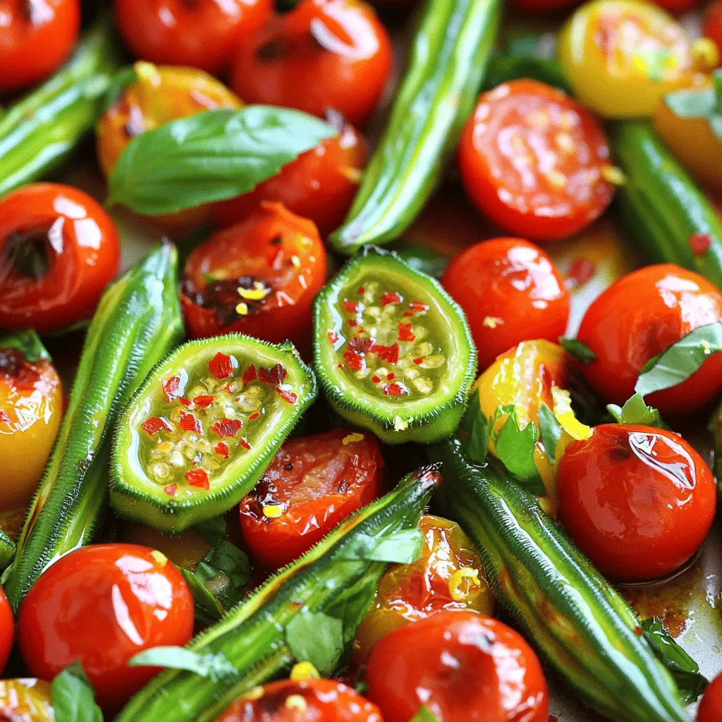 - 450 g frische Okra, vorbereitet und halbiert - 500 g Kirschtomaten, halbiert - 3 Esslöffel Olivenöl - 1 Teelöffel geräucherter Paprika - 1 Teelöffel Knoblauchpulver - ½ Teelöffel Zwiebelpulver - ½ Teelöffel zerstoßene rote Pfefferflocken - Salz und Pfeffer nach Geschmack - Zest einer Zitrone - Frische Basilikumblätter zur Garnierung Die Zutaten sind einfach und frisch. Ich liebe die Kombination aus Okra und Tomaten. Die Okra gibt einen schönen Biss, und die Tomaten bringen Süße. Olivenöl sorgt für den perfekten Glanz und Geschmack. Die Gewürze heben alles hervor. Geräucherter Paprika macht es besonders. Die Zitrone am Ende bringt Frische. Frische Basilikumblätter machen das Gericht farbenfroh und aromatisch. Diese Zutaten lassen sich leicht finden. Sie sind perfekt für ein gesundes Gericht. Wenn Sie das komplette Rezept suchen, schauen Sie sich Zesty Geröstete Okra & Tomaten Medley an. Heizen Sie Ihren Ofen auf 220°C vor. Diese hohe Temperatur sorgt für eine schöne Röstung. Nehmen Sie dann 450 g frische Okra und 500 g Kirschtomaten. Schneiden Sie die Okra in Hälften und die Tomaten ebenfalls. Diese Vorbereitung sorgt dafür, dass die Aromen gut durchziehen. Gießen Sie 3 Esslöffel Olivenöl gleichmäßig über das Gemüse. Dies hilft, alles gut zu benetzen. Streuen Sie dann die Gewürze hinzu: 1 Teelöffel geräucherter Paprika, 1 Teelöffel Knoblauchpulver, ½ Teelöffel Zwiebelpulver und ½ Teelöffel zerstoßene rote Pfefferflocken. Fügen Sie Salz und Pfeffer nach Geschmack hinzu. Mischen Sie alles gut, damit die Okra und Tomaten gleichmäßig gewürzt sind. Verteilen Sie die Mischung gleichmäßig auf einem Backblech. Stellen Sie sicher, dass das Gemüse nicht übereinander liegt. Dies sorgt für eine gleichmäßige Röstung. Rösten Sie das Gemüse im vorgeheizten Ofen für etwa 25-30 Minuten. Halten Sie die Zeit im Auge, bis die Okra zart und leicht knusprig ist und die Tomaten aufplatzen. Nach dem Röstprozess, nehmen Sie das Blech heraus und genießen Sie die Aromen! Um die perfekte Röstung zu erreichen, ist Zeit wichtig. Du solltest die Okra und Tomaten regelmäßig im Ofen beobachten. Nach etwa 15 Minuten kannst du einen Blick darauf werfen. Die optimale Garzeit liegt bei 25 bis 30 Minuten. Du wirst wissen, dass sie fertig sind, wenn die Okra zart und leicht knusprig ist. Die Tomaten sollten aufplatzen und ihren Saft freigeben. Um den Geschmack zu verbessern, kannst du zusätzliche Aromen hinzufügen. Geröstete Knoblauchzehen oder Zwiebeln sind großartige Ergänzungen. Auch frische Kräuter wie Thymian oder Oregano passen gut. Diese bringen neue Dimensionen in dein Gericht. Frische Kräuter sollten am Ende hinzugefügt werden, um ihren Geschmack zu bewahren. Beim Rösten kann der Ofen sehr heiß werden. Achte darauf, Ofenhandschuhe zu tragen, wenn du das Blech herausnimmst. Stelle sicher, dass du das Blech sicher auf eine hitzebeständige Fläche stellst. Wenn du das Gemüse wendest, benutze eine Zange oder einen Spatel. So vermeidest du Verbrennungen und das Gemüse bleibt intakt. {{image_4}} Sie können viele andere Gemüsearten in dieses Gericht einfügen. Hier sind einige Vorschläge: - Zucchini, gewürfelt - Paprika, in Streifen geschnitten - Aubergine, gewürfelt - Karotten, in dünne Scheiben geschnitten Diese Kombinationen bringen frische Farben und neue Aromen. Sie können auch saisonale Zutaten nutzen. Zum Beispiel, im Sommer frische Bohnen oder im Herbst Kürbis. Jedes Gemüse bringt seinen eigenen Geschmack und Textur mit. Die Gewürze sind wichtig für den Geschmack. Versuchen Sie, verschiedene Gewürzmischungen zu verwenden. Hier sind einige Ideen: - Kreuzkümmel für einen warmen, erdigen Geschmack - Curry-Pulver für einen würzigen Kick - Thymian oder Oregano für frische Kräuteraromen Wenn Sie es schärfer mögen, fügen Sie mehr zerstoßene rote Pfefferflocken hinzu. Für mildere Geschmäcker können Sie die Menge reduzieren oder Paprika verwenden. Dieses Rezept kann leicht an besondere Ernährungsbedürfnisse angepasst werden. Es ist vegan und glutenfrei. Um es glutenfrei zu halten, verwenden Sie keine Brotwürfel. Sie können auch mehr Gemüse hinzufügen, um es nahrhafter zu machen. So bleibt das Gericht gesund und lecker. Um geröstete Okra und Tomaten über Nacht zu lagern, lege sie in einen luftdichten Behälter. Das hilft, den Geschmack zu bewahren. Wenn du sie kühlst, stelle sicher, dass sie ganz abgekühlt sind. So vermeidest du Kondensation, die die Knusprigkeit mindert. Um die Knusprigkeit zu erhalten, lege die Reste nicht übereinander. Im Kühlschrank bleiben die Reste etwa drei bis vier Tage frisch. Achte darauf, sie schnell zu essen, um die beste Qualität zu genießen. Wenn du länger aufbewahren möchtest, friere sie ein. So bleiben die Aromen für bis zu drei Monate erhalten. Zum Aufwärmen von geröstetem Gemüse nutze einen Ofen oder eine Pfanne. Heize den Ofen auf 180°C vor und lege die Okra und Tomaten auf ein Backblech. Röste sie für etwa 10 Minuten. Eine Pfanne auf mittlerer Hitze hilft auch, die Knusprigkeit wiederherzustellen. Rühre das Gemüse regelmäßig um, um ein Anbrennen zu vermeiden. Die Zubereitung dauert insgesamt etwa 40 Minuten. Davon sind 10 Minuten für die Vorbereitung. Die Garzeit beträgt etwa 25 bis 30 Minuten. In dieser Zeit rösten die Okra und Tomaten schön knusprig. Geröstete Okra und Tomaten passen gut zu vielen Beilagen. Hier sind einige Vorschläge: - Reis oder Quinoa für eine sättigende Basis - Gegrilltes Hähnchen oder Fisch für mehr Protein - Ein frischer Salat für zusätzliche Frische - Brot, um die köstlichen Säfte aufzusaugen Ja, gefrorene Okra ist eine gute Wahl. Achten Sie darauf, sie vor der Verwendung gut abzutrocknen. Dies hilft, das Wasser zu entfernen. Dies sorgt dafür, dass die Okra beim Rösten knusprig bleibt. Verwenden Sie die gleiche Menge wie frische Okra in diesem Rezept. Sie finden das vollständige Rezept im Abschnitt "Zesty Geröstete Okra & Tomaten Medley ". Dort sind alle Details aufgelistet, die Sie für die Zubereitung benötigen. Geröstete Okra und Tomaten sind einfach zuzubereiten und schmecken großartig. Wir haben die wichtigsten Zutaten, Schritte und Tipps durchgegangen. Wer experimentieren will, kann das Gemüse oder die Gewürze variieren. Achte auf die Röstzeit, um die perfekte Konsistenz zu bekommen. Bewahre Reste richtig auf für einen köstlichen Snack. Dieses Rezept eignet sich super für verschiedene Ernährungsbedürfnisse. Probiere es aus und genieße die frischen Aromen!