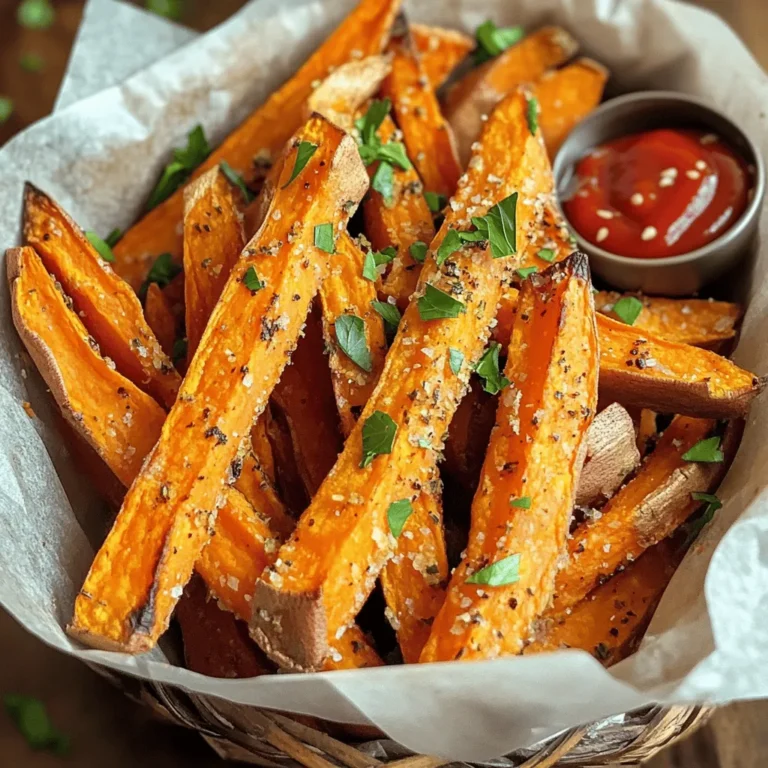 - 2 große Süßkartoffeln - 4 Knoblauchzehen - 2 Esslöffel Olivenöl Die Hauptzutaten sind einfach und frisch. Süßkartoffeln bieten einen süßen Geschmack und eine tolle Farbe. Knoblauch bringt ein reiches Aroma. Olivenöl hilft beim Rösten und macht die Pommes knusprig. - Paprika - Getrockneter Thymian - Getrockneter Rosmarin Gewürze machen den Unterschied. Paprika fügt eine leichte Süße hinzu. Thymian und Rosmarin bringen Aroma und Tiefe. Diese Kräuter sind perfekt für das Gericht. - Salz und Pfeffer - Frische Petersilie (zum Garnieren) Salz und Pfeffer sind wichtig für den Geschmack. Sie heben die Aromen der anderen Zutaten hervor. Frische Petersilie sorgt für einen schönen Farbkontrast und Frische. Mit diesen Zutaten wird das Gericht noch schmackhafter. Für das detaillierte Rezept, schau dir die vollständige Anleitung an: [Full Recipe]. Heizen Sie Ihren Ofen auf 220 °C (425 °F) vor. Das sorgt für knusprige Pommes. Schneiden Sie die Süßkartoffeln in dünne Streifen. Dünne Pommes werden gleichmäßiger gar. Achten Sie darauf, dass alle Stücke gleich groß sind. So garen sie gleichmäßig. In einer großen Schüssel geben Sie die Süßkartoffeln. Fügen Sie den gehackten Knoblauch, Olivenöl, Paprika, Thymian, Rosmarin, Salz und Pfeffer hinzu. Mischen Sie alles gut. Jede Pommes sollte schön gewürzt sein. Das sorgt für tollen Geschmack. Verteilen Sie die gewürzten Pommes auf einem Backblech. Achten Sie darauf, dass sie nicht übereinander liegen. So können sie gleichmäßig rösten. Backen Sie sie 25-30 Minuten im Ofen. Wenden Sie die Pommes nach 15 Minuten. So werden sie goldbraun und knusprig. Nehmen Sie das Blech heraus und lassen Sie die Pommes kurz abkühlen. Garnieren Sie sie mit frischer Petersilie. Sie können die vollständige Anleitung in meinem [Full Recipe] finden. - Richtige Dicke der Pommes: Schneide die Süßkartoffeln gleichmäßig. So garen sie gleichmäßig. Ich empfehle, die Pommes etwa 1 cm dick zu schneiden. Dünnere Pommes werden schneller knusprig. Dickere Pommes bleiben saftig. - Vermeidung von zusammengepressten Pommes: Lege die Pommes so auf das Blech, dass sie sich nicht berühren. Wenn sie zu nah beieinander liegen, dämpfen sie sich. So werden sie nicht knusprig. - Kombination mit Dips: Serviere die Pommes mit verschiedenen Dips. Knoblauch-Aioli oder würziger Ketchup sind sehr beliebt. Auch ein frischer Joghurt-Dip passt gut. - Präsentationstipps: Stelle die Pommes in einem rustikalen Korb vor. Lege ein Papiertuch hinein. So bleibt es gemütlich. Füge eine kleine Schüssel mit Dip dazu. Das sieht einladend aus. - Vorteile von frischen Kräutern: Frische Kräuter bringen Farbe und Geschmack. Sie machen die Pommes lebendig. Petersilie oder Schnittlauch sind tolle Optionen. - Alternativen für Trockenkräuter: Wenn du keine frischen Kräuter hast, benutze getrocknete. Sie sind nicht ganz so stark im Geschmack, aber immer noch lecker. Verwende etwa ein Drittel der Menge frischer Kräuter. Für das vollständige Rezept, schaue dir das Full Recipe an. {{image_4}} Für einen zusätzlichen Kick können Sie Chili hinzufügen. Es gibt den Pommes eine schöne Schärfe. Wenn Sie Käse mögen, probieren Sie Parmesan oder andere Käsesorten. Der Käse schmilzt und wird goldbraun, was einen tollen Geschmack ergibt. Statt die Pommes zu backen, können Sie sie auch frittieren. Das macht sie extra knusprig. Eine Luftfritteuse ist auch eine gute Wahl. Sie benötigt weniger Öl und macht die Pommes trotzdem lecker. Kombinieren Sie die Pommes mit anderen Gemüsefrüchten. Sie passen gut zu Zucchini oder Karotten. Servieren Sie die Pommes mit proteinreichen Optionen wie Hühnchen oder Tofu. Das gibt eine ausgewogene Mahlzeit. Um die Pommes frisch zu halten, lagere sie im Kühlschrank. Lege die Pommes in einen luftdichten Behälter. So bleiben sie für 3 bis 4 Tage gut. Wenn du sie länger aufbewahren möchtest, kannst du sie einfrieren. Lege die Pommes auf ein Backblech. Friere sie für etwa 1 Stunde ein. Danach kannst du sie in einen Gefrierbeutel geben. So bleiben sie für bis zu 3 Monate haltbar. Die besten Methoden zum Aufwärmen sind im Ofen oder in der Luftfritteuse. Heize den Ofen auf 200 °C vor. Lege die Pommes auf ein Backblech und backe sie für 10 bis 15 Minuten. In der Luftfritteuse dauert es nur 5 bis 7 Minuten. So wirst du matschige Pommes vermeiden. Verwende kein Mikrowelle, denn das macht sie weich und schlaff. Die Pommes sind im Kühlschrank 3 bis 4 Tage haltbar. Achte auf Anzeichen von Verderblichkeit. Wenn sie einen seltsamen Geruch haben oder die Farbe sich ändert, wirf sie weg. Auch wenn sie matschig oder trocken sind, ist es besser, sie nicht mehr zu essen. Frische Pommes sind am besten, also genieße sie schnell nach dem Kochen. Für das vollständige Rezept kannst du [Full Recipe] anschauen. Um die Pommes knuspriger zu machen, solltest du Feuchtigkeit reduzieren. Hier sind einige Tipps: - Schneide die Süßkartoffeln gleichmäßig. - Weiche die Pommes in kaltem Wasser für 30 Minuten ein. - Trockne die Pommes gründlich mit einem Küchentuch. - Verwende ein großes Backblech, damit die Pommes nicht überlappen. - Backe sie bei hoher Temperatur, mindestens 220 °C. Ja, diese Pommes können vegan sein. Verwende einfach Pflanzenöle wie Oliven- oder Sonnenblumenöl. Du kannst auch verschiedene Dips wählen, um den Geschmack zu variieren. Hier sind einige vegane Dip-Ideen: - Guacamole - Hummus - Salsa Beliebte Dips, die gut zu diesen Pommes passen, sind: - Knoblauch-Aioli - Würziger Ketchup - Sour Cream (kann auch vegan gemacht werden) - Senf Kombiniere verschiedene Dips für mehr Abwechslung beim Essen. Aus diesem Rezept erhältst du etwa vier Portionen. Wenn du mehr Gäste hast, kannst du die Menge leicht verdoppeln. Verwende einfach mehr Süßkartoffeln und passe die Gewürze an. Das macht es einfach, für größere Gruppen zu kochen! Zusammenfassend habe ich die Schritte zur Zubereitung köstlicher Süßkartoffelpommes vorgestellt. Wir haben die Zutaten, die richtige Zubereitung und einige nützliche Tipps besprochen. Denke daran, die Dicke der Pommes zu beachten und sie gut zu würzen. Variiere mit Gewürzen und Dips, um neue Geschmäcker zu entdecken. Mit diesen einfachen Anleitungen wirst du schnell zum Pommes-Profi. Probiere das Rezept aus und genieße das Ergebnis!