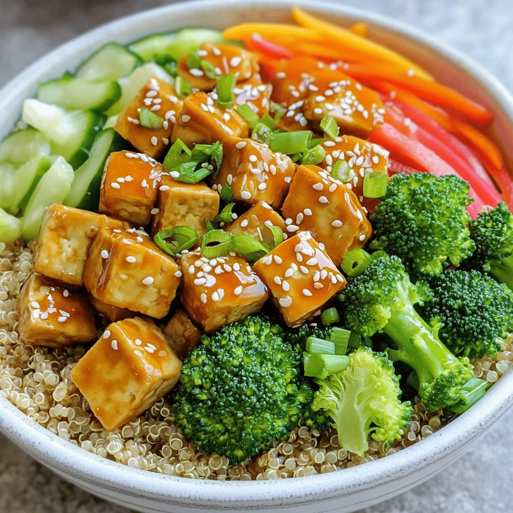- 1 Block fester Tofu - Gemüse: Brokkoli, Karotten, Paprika - Reis oder Quinoa Für den perfekten Teriyaki Tofu Buddha Bowl sind einige Hauptzutaten wichtig. Der Tofu ist die Basis dieses Gerichts. Achte darauf, festen Tofu zu wählen. So bleibt er beim Braten stabil und nimmt die Aromen gut auf. Brokkoli, Karotten und Paprika bringen Farbe und Nährstoffe. Diese Gemüse sind leicht zuzubereiten und bieten eine gute Textur. Reis oder Quinoa geben dir die nötige Energie. Beide Optionen sind gesund und passen gut zu den anderen Zutaten. - Sojasauce oder Tamari - Ahornsirup, Reisessig - Knoblauch und Ingwer Die Marinade macht das Gericht besonders. Sojasauce oder Tamari sorgt für den herzhaften Geschmack. Ahornsirup bringt eine süße Note. Reisessig fügt Frische hinzu. Knoblauch und Ingwer geben Tiefe und einen tollen Duft. Diese Zutaten zusammen machen die Marinade einfach unwiderstehlich. Lass den Tofu mindestens 15 Minuten marinieren, damit er die Aromen gut aufnimmt. - Sesamkörner - Frühlingszwiebeln Toppings sind wichtig für den letzten Schliff. Sesamkörner geben Crunch und einen nussigen Geschmack. Frühlingszwiebeln bringen Frische und einen leichten Biss. Du kannst sie nach Belieben hinzufügen. Diese Extras machen deine Buddha Bowl nicht nur lecker, sondern auch schön anzusehen. Für die vollständige Zubereitung, schau dir die [Full Recipe] an. - Schneide den Tofu in gleichmäßige Würfel. - Mische Sojasauce, Ahornsirup, Reisessig, gehackten Knoblauch und geriebenen Ingwer in einer Schüssel. - Lege die Tofuwürfel in die Marinade. - Lass den Tofu mindestens 15 Minuten marinieren. - Koche den Naturreis oder die Quinoa gemäß der Packungsanweisung. - Stelle den gekochten Reis oder die Quinoa beiseite. - Erhitze das Olivenöl in einer großen Pfanne oder einem Wok bei mittlerer Hitze. - Gib den Brokkoli und die geschnittene Paprika in die Pfanne. - Brate das Gemüse für etwa 4-5 Minuten, bis es leicht bissfest ist. - Füge die geraspelten Karotten hinzu und gare sie für weitere 2 Minuten. - Nimm das Gemüse vom Herd und stelle es beiseite. - Erhitze das Sesamöl in derselben Pfanne bei mittlerer bis hoher Hitze. - Gib die marinierten Tofuwürfel in die Pfanne. - Brate den Tofu 5-7 Minuten lang, bis er goldbraun ist. - Nimm eine tiefe Schüssel und richte eine Basis aus dem gekochten Reis oder der Quinoa an. - Belege die Bowl mit dem sautierten Gemüse und dem knusprigen Teriyaki-Tofu. - Bestreue die Bowl mit geschnittenen Frühlingszwiebeln und Sesamkörnern. - Das verleiht zusätzlichen Crunch und Geschmack. Für das vollständige Rezept schau dir die [Full Recipe] an! Um den Tofu richtig vorzubereiten, drücke ihn gut aus. Das hilft, überschüssige Flüssigkeit zu entfernen. Schneide den Tofu in gleichmäßige Würfel. So wird er gleichmäßig gebraten. Marinieren ist der nächste Schritt. Mische die Sojasauce, Ahornsirup, Reisessig, Knoblauch und Ingwer in einer Schüssel. Lege die Tofuwürfel in die Marinade. Lass sie mindestens 15 Minuten ziehen. So nimmt der Tofu den vollen Geschmack auf. Präsentation ist wichtig für die Buddha Bowl. Arrangiere die Zutaten bunt und ansprechend. Beginne mit einer Basis aus Reis oder Quinoa. Füge dann das Gemüse hinzu. Verwende verschiedene Farben für mehr Spaß. Die Tofuwürfel kommen obendrauf. Garniere die Bowl mit Frühlingszwiebeln und Sesamkörnern. Ein zusätzlicher Spritzer Teriyaki-Sauce macht alles noch schöner. Die Teriyaki-Sauce gibt der Bowl einen tollen Geschmack. Du kannst sie selbst machen oder kaufen. Gieße einen Löffel über den Tofu, während er brät. So wird der Tofu noch schmackhafter. Du kannst die Sauce auch über das Gemüse geben. Ein wenig Sauce bringt alles zusammen und macht es leckerer. Schmecke die Bowl vor dem Servieren ab. So stellst du sicher, dass alles perfekt ist. {{image_4}} Eine tolle Option ist, Tofu durch Tempeh zu ersetzen. Tempeh hat einen herzhaften Geschmack und eine feste Textur. Es bietet auch mehr Protein. Bereite den Tempeh ähnlich wie Tofu vor. Schneide ihn in Würfel und mariniere ihn in der gleichen Teriyaki-Marinade. Brate ihn dann goldbraun. So erhältst du eine leckere vegane Buddha Bowl. Wenn du glutenfrei essen möchtest, ersetze die Sojasauce durch Tamari. Tamari hat einen ähnlichen Geschmack, ist aber frei von Gluten. Diese kleine Änderung macht das Gericht für alle zugänglich. Nutze Tamari in der gleichen Menge wie Sojasauce. Dein Teriyaki Tofu bleibt köstlich und glutenfrei. Du kannst die Gemüsewahl nach deinem Geschmack anpassen. Probiere Zucchini, Spinat oder Erbsen. Diese Gemüsesorten bringen frische Aromen in deine Buddha Bowl. Mische die Gemüsesorten für mehr Farbe und Textur. Das macht das Gericht interessanter und nährstoffreicher. Bewahre die Reste deiner Teriyaki Tofu Buddha Bowl im Kühlschrank auf. Nutze einen luftdichten Behälter, um die Frische zu sichern. So bleibt dein Gericht lecker und sicher zum Essen. Stelle sicher, dass die Bowl abgekühlt ist, bevor du sie in den Kühlschrank stellst. Die Buddha Bowl bleibt frisch, wenn du sie richtig lagerst. Im Kühlschrank hält sie sich etwa 3 bis 4 Tage. Achte darauf, die Zutaten gut zu vermischen, bevor du sie isst. So schmeckt alles gleich gut und frisch. Möchtest du die Buddha Bowl einfrieren? Das ist eine gute Idee! Friere den Tofu und das Gemüse getrennt ein. So bleibt die Textur besser. Verwende einen luftdichten Behälter oder Gefrierbeutel für das Einfrieren. Du kannst die Bowl bis zu 3 Monate aufbewahren. Wenn du sie essen möchtest, lasse sie im Kühlschrank auftauen. Erhitze dann alles in der Pfanne für den besten Geschmack. Ja, du kannst den Tofu im Voraus zubereiten. Das spart Zeit und macht das Kochen einfacher. Schneide den Tofu in Würfel und marinieren ihn wie im Rezept beschrieben. Lege ihn dann in den Kühlschrank. So bleibt er frisch. Du kannst ihn bis zu zwei Tage im Voraus marinieren. Vor dem Braten solltest du ihn einfach aus dem Kühlschrank nehmen und etwas abtropfen lassen. Wenn du Quinoa nicht magst oder nicht hast, gibt es viele Alternativen. Du kannst Naturreis, Vollkornreis oder sogar Couscous verwenden. Diese Optionen sind einfach zu kochen und passen gut zum Tofu und Gemüse. Achte darauf, dass die Kochzeit je nach Basis unterschiedlich sein kann. So kannst du deinen Buddha Bowl leicht anpassen. Ja, dieses Rezept ist perfekt für Meal Prep. Du kannst die Zutaten in Portionen aufteilen und für die Woche vorbereiten. Koche einfach den Tofu, das Gemüse und die Basis. Teile alles in luftdichte Behälter auf. So hast du gesunde Mahlzeiten für mehrere Tage. Du kannst das Gemüse auch roh lassen, um frische und Crunch zu erhalten. Im Blogbeitrag haben wir die Zutaten und die Zubereitung für eine Teriyaki Tofu Buddha Bowl besprochen. Du hast gelernt, wie man Tofu richtig vorbereitet und Gemüse anbrät. Die Anleitung hilft dir, ein gesundes und schmackhaftes Gericht zu kreieren. Denk an die Varianten, um das Rezept anzupassen. Ob glutenfrei oder vegan, die Möglichkeiten sind groß. Mit diesen Tipps wirst du garantiert eine tolle Buddha Bowl zaubern. Probiere es aus und genieße dein selbstgemachtes Essen!