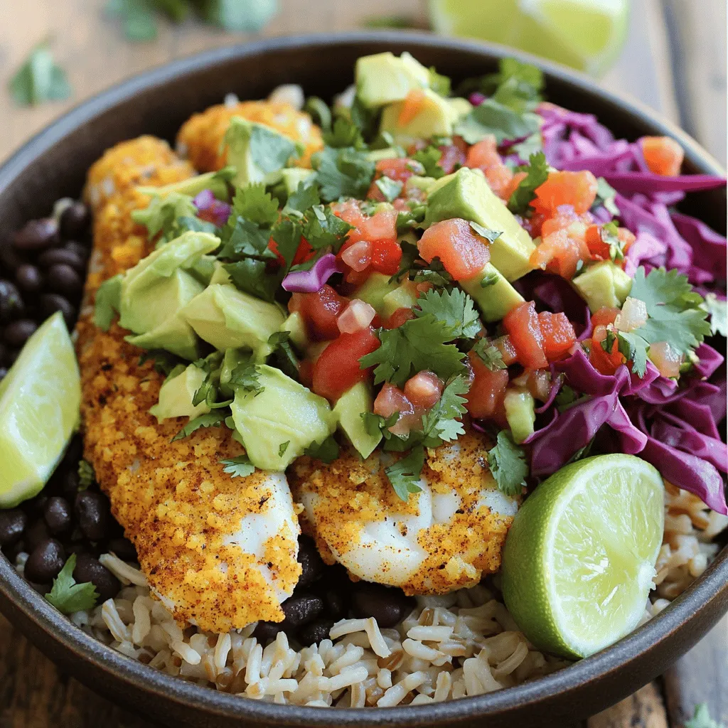 Für die Baja Fish Taco Bowls brauchst du: - 450 g weiße Fischfilets (z. B. Kabeljau oder Tilapia) - 240 ml Maismehl - 1 Teelöffel Paprikapulver - 1 Teelöffel Kreuzkümmel - 1/2 Teelöffel Knoblauchpulver - Salz und Pfeffer nach Geschmack - 2 Esslöffel Olivenöl - 480 ml gekochter Vollkornreis - 240 ml schwarze Bohnen, abgespült und abgetropft - 240 ml frisches Pico de Gallo (oder gewürfelte Tomaten, Zwiebeln und Koriander) - 1 Avocado, gewürfelt - 240 ml geraspelter Rotkohl - 1 Limette, in Keile geschnitten - Frische Korianderblätter zur Garnitur Diese Zutaten bringen viel Frische und Geschmack in deine Schüssel. Du kannst die Basis der Bowl einfach anpassen und deine Favoriten nutzen. Die Gewürze sind wichtig für den Geschmack. Paprikapulver gibt eine süße Note. Kreuzkümmel bringt Wärme und Tiefe. Knoblauchpulver sorgt für einen herzhaften Geschmack. Diese Gewürze ergänzen den Fisch und machen jedes Bissen lecker. Versuche, die Gewürze gut zu mischen, um die Aromen zu intensivieren. Du kannst die Baja Fish Taco Bowls nach deinem Geschmack anpassen. Füge Zutaten wie Jalapeños für Schärfe oder frische Limettenschale für mehr Frische hinzu. Auch Mais oder Koriander können dein Gericht aufpeppen. Sei kreativ und finde deine perfekte Mischung! Schau dir das vollständige Rezept an, um alles über die Zubereitung zu erfahren. Zuerst müssen wir alle Zutaten bereitstellen. Dies macht das Kochen einfacher und schneller. Du benötigst: - 450 g weiße Fischfilets (z. B. Kabeljau oder Tilapia) - 240 ml Maismehl - 1 Teelöffel Paprikapulver - 1 Teelöffel Kreuzkümmel - 1/2 Teelöffel Knoblauchpulver - Salz und Pfeffer nach Geschmack - 2 Esslöffel Olivenöl - 480 ml gekochter Vollkornreis - 240 ml schwarze Bohnen, abgespült und abgetropft - 240 ml frisches Pico de Gallo - 1 Avocado, gewürfelt - 240 ml geraspelter Rotkohl - 1 Limette, in Keile geschnitten - Frische Korianderblätter zur Garnitur Stelle sicher, dass alles frisch und bereit ist. Wasche das Gemüse gut, besonders die Avocado und den Koriander. Jetzt kommen wir zum Fisch. Heize den Ofen auf 200°C vor. In einer kleinen Schüssel vermischst du das Maismehl, Paprikapulver, Kreuzkümmel, Knoblauchpulver, Salz und Pfeffer. Trockne die Fischfilets mit Küchenpapier. Wälze jedes Filet in der Maismehlmischung. Drücke leicht, damit es gut haftet. Erhitze das Olivenöl in einer großen, ofenfesten Pfanne bei mittlerer Hitze. Wenn das Öl heiß ist, füge die Filets hinzu. Brate sie etwa 2-3 Minuten, bis die Unterseite goldbraun ist. Wende die Filets vorsichtig und stelle die Pfanne in den Ofen. Backe den Fisch 10-12 Minuten lang, bis er gar ist. Der Fisch sollte sich leicht mit einer Gabel zerteilen lassen. Jetzt ist es Zeit, die Taco Bowls zusammenzustellen. Nimm eine Schüssel und lege eine Schicht gekochten Vollkornreis hinein. Darauf kommen schwarze Bohnen und geraspelter Rotkohl. Schneide die gebackenen Fischfilets in Stücke und lege sie obenauf. Füge einen großen Löffel Pico de Gallo und gewürfelte Avocado hinzu. Garniere mit frischen Korianderblättern. Serviere die Bowls mit Limettenkeilen. Vor dem Essen kannst du die Limette über die Schüssel drücken. Dies gibt einen frischen Geschmack. Für mehr Details schaue dir das Full Recipe an. Um den Fisch zart und saftig zu halten, wähle frische Filets. Kabeljau oder Tilapia sind großartig. Tupfe die Filets gut trocken, bevor du sie würzt. Übermäßige Feuchtigkeit macht die Panade matschig. Verwende eine Mischung aus Maismehl und Gewürzen. Diese Mischung gibt dem Fisch einen knusprigen Biss. Brate den Fisch zuerst in einer heißen Pfanne an. Das hilft, die Säfte einzuschließen. Danach backe ihn im Ofen, um die Zartheit zu bewahren. Die Gewürze machen den Unterschied! Fange mit Basisgewürzen wie Paprika und Kreuzkümmel an. Du kannst mehr oder weniger verwenden, je nach deinem Geschmack. Füge Chili für Schärfe hinzu oder verwende weniger, wenn du es mild magst. Experimentiere mit Knoblauchpulver oder anderen Kräutern. Jeder kann seine eigene Mischung finden, die ihm gefällt. Diese Flexibilität macht das Gericht spannend und einzigartig. Die Beilagen vervollständigen deine Baja Fish Taco Bowls. Frisches Pico de Gallo ist eine tolle Wahl. Du kannst auch Guacamole oder Salsa servieren. Schwarze Bohnen geben eine schöne Textur und einen leckeren Geschmack. Rotkohl bringt Crunch und Farbe. Limettenkeile sind nicht nur für die Garnitur. Ein Spritzer Limette bringt Frische und Geschmack. Denke auch an Joghurt oder Sauerrahm als Dip. So hast du viele Möglichkeiten, um deine Bowls zu verfeinern. {{image_4}} Wenn du eine vegetarische Variante der Baja Taco Bowls machen möchtest, gibt es viele leckere Alternativen. Du kannst gebratene Zucchini oder Auberginen verwenden. Diese Gemüsesorten nehmen die Gewürze gut auf. Eine weitere Idee ist, Kichererbsen zu rösten. Sie sind knusprig und voller Geschmack. Auch Tofu ist eine gute Wahl. Mariniere ihn in Limettensaft und Gewürzen. Dann brate oder grille ihn, um die Textur zu verbessern. Bei den Baja Fish Taco Bowls kannst du verschiedene Fischarten ausprobieren. Kabeljau und Tilapia sind Klassiker, aber auch Lachs oder Forelle sind lecker. Diese Fische haben unterschiedliche Geschmäcker und Texturen. Achte darauf, frischen Fisch zu wählen, um den besten Geschmack zu erzielen. Du kannst auch gefrorenes Filet verwenden, wenn frischer Fisch nicht verfügbar ist. Das macht die Zubereitung einfacher und schneller. Pico de Gallo ist frisch und lecker, aber es gibt viele Alternativen. Du kannst einfach gewürfelte Tomaten, Zwiebeln und Petersilie verwenden. Das ergibt einen frischen Geschmack. Für mehr Würze kannst du Guacamole hinzufügen. Sie passt gut zu den Aromen der Taco Bowls. Auch eine Joghurtsauce oder eine scharfe Salsa kann gut funktionieren. Experimentiere mit verschiedenen Toppings, um deinen eigenen Stil zu finden. Um Reste der Baja Fish Taco Bowls aufzubewahren, solltest du zunächst alles in luftdichte Behälter füllen. Achte darauf, dass der Fisch und die anderen Zutaten gut voneinander getrennt sind. So bleibt die Textur frisch. Du kannst den Fisch separat aufbewahren, um eine matschige Konsistenz zu vermeiden. Stelle den Behälter in den Kühlschrank. Reste halten sich dort bis zu drei Tage. Wenn du die Bowls länger aufbewahren möchtest, friere sie ein. Verwende gefrierfreundliche Behälter oder Beutel. Teile die Zutaten in Portionen auf. Achte darauf, den Fisch nicht zusammen mit dem Reis oder Gemüse einzufrieren. So bleibt er frisch und lecker. Richtig eingefroren halten die Bowls bis zu drei Monate. Die Haltbarkeit der Reste ist wichtig. Nach dem Kochen kannst du die Bowls bis zu drei Tage im Kühlschrank genießen. Achte darauf, die Reste sofort nach dem Abkühlen zu kühlen. Wenn du sie wieder aufwärmst, mache dies vorsichtig. Erhitze den Fisch nur leicht, um ihn nicht zu trocken zu machen. Du kannst auch frische Zutaten wie Avocado oder Pico de Gallo hinzufügen, um die Bowls aufzufrischen. Um die beste Baja Fish Taco Sauce zu machen, mische griechischen Joghurt mit Limettensaft. Füge etwas Knoblauchpulver und Kreuzkümmel hinzu. Rühre frische Korianderblätter ein, um den Geschmack zu verstärken. Du kannst auch eine Prise Chili für etwas Schärfe hinzufügen. Diese Sauce ergänzt die Aromen der Bowl perfekt. Ja, du kannst die Bowls im Voraus zubereiten. Koche den Fisch und den Reis einen Tag vorher. Bewahre sie in separaten Behältern im Kühlschrank auf. Du kannst auch das Gemüse und die Sauce vorbereiten. Am Tag des Servierens einfach alles zusammenstellen. So sparst du Zeit und kannst die Bowls schnell genießen. Zu Baja Fish Taco Bowls passen frische Getränke wie Limonade oder kaltes Bier. Ein leichtes Weißwein wie Sauvignon Blanc ist ebenfalls eine gute Wahl. Du kannst auch Wasser mit Limettenscheiben oder frischer Minze anbieten. Diese Getränke runden das Essen perfekt ab und erfrischen dich. Die Baja Fish Taco Bowls bieten eine köstliche Kombination aus frischen Zutaten und Gewürzen. Du hast gelernt, wie man die Hauptzutaten zubereitet, die perfekten Gewürze auswählt und kreative Variationen ausprobierst. Denk daran, den Fisch zart und saftig zu halten. Konserviere die Reste richtig, damit du diese leckere Mahlzeit länger genießen kannst. Mit diesen Tipps und Tricks bereitest du schnell erstaunliche Taco Bowls zu. Experimentiere mit Beilagen und Dips für mehr Geschmack und Freude am Essen. Guten Appetit!