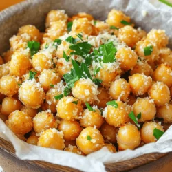 Für diese knusprigen Kichererbsen benötigst du einige einfache Zutaten. Hier ist eine Liste der Hauptzutaten: - 1 Dose (425 g) Kichererbsen, abgetropft und abgespült - 2 Esslöffel Olivenöl - 3 Knoblauchzehen, fein gehackt - 1 Teelöffel Knoblauchpulver - 1 Teelöffel Zwiebelpulver - 1/2 Teelöffel geräuchertes Paprikapulver - 1/4 Tasse geriebener Parmesan - Salz und Pfeffer nach Geschmack Diese Zutaten machen die Kichererbsen lecker und voll mit Geschmack. Die Kichererbsen sind die Hauptzutat. Sie haben viel Protein und Ballaststoffe. Die Gewürze sind wichtig für den Geschmack. Sie bringen die Kichererbsen zum Leben. Knoblauch und Parmesan arbeiten zusammen, um einen tollen Geschmack zu geben. Der geräucherte Paprika gibt einen feinen, rauchigen Touch. Achte darauf, dass du frischen Knoblauch verwendest. Das macht einen großen Unterschied. Um die Kichererbsen perfekt zu würzen, mische die Gewürze gut. So verteilt sich der Geschmack gleichmäßig. Salz und Pfeffer sind einfach, aber wichtig. Sie heben die Aromen hervor und runden das Gericht ab. Für das Topping kannst du frische Petersilie verwenden. Sie sorgt für einen frischen Farbklecks und Geschmack. Du kannst auch mehr Parmesan darüber streuen, wenn du es besonders käsig magst. Wenn du etwas anderes ausprobieren willst, füge Chili-Flocken hinzu. Das gibt den Kichererbsen einen kleinen Kick. Du kannst auch einen Spritzer Zitrone verwenden. Das bringt Frische und einen tollen Kontrast zum Käse. Schau dir das vollständige Rezept für weitere Tipps an! Zuerst bereite ich die Kichererbsen vor. Ich nehme eine Dose Kichererbsen und lasse sie gut abtropfen. Dann spüle ich sie unter kaltem Wasser ab. Dies entfernt die Konservierungsstoffe. Nach dem Abtropfen trockne ich die Kichererbsen mit einem Küchentuch. Das sorgt dafür, dass sie knusprig werden. Jetzt mache ich die Gewürzmischung. In einer großen Schüssel vermische ich die Kichererbsen mit zwei Esslöffeln Olivenöl. Dann füge ich drei fein gehackte Knoblauchzehen hinzu. Ich nehme auch einen Teelöffel Knoblauchpulver und einen Teelöffel Zwiebelpulver. Ein halber Teelöffel geräuchertes Paprikapulver bringt einen tollen Geschmack. Ich würze alles mit Salz und Pfeffer. Schließlich mische ich alles gut durch, damit jede Kichererbse gleichmäßig gewürzt ist. Jetzt kommt der spaßige Teil: das Frittieren! Ich heize die Heißluftfritteuse auf 200°C vor. Dann gebe ich die gewürzten Kichererbsen in den Korb. Ich achte darauf, dass sie in einer einzigen Schicht liegen. Jetzt lasse ich sie für 12 bis 15 Minuten frittieren. Nach der Hälfte der Zeit schüttle ich den Korb. So werden die Kichererbsen gleichmäßig knusprig. Wenn sie goldbraun sind, hole ich sie heraus und streue sofort Parmesan darüber. Ich rühre sanft um, damit der Käse überall haftet. Vor dem Servieren garniere ich die Kichererbsen mit frisch gehackter Petersilie. Für das vollständige Rezept schaue dir die [Full Recipe] an. Die perfekte Garzeit für Kichererbsen in der Heißluftfritteuse ist zwischen 12 und 15 Minuten. Heize die Fritteuse auf 200°C vor. So erreichst du eine knusprige Textur. Achte darauf, den Korb nach 6-7 Minuten zu schütteln. So garen sie gleichmäßig und werden goldbraun. Um die Kichererbsen gut zu trocknen, lasse sie nach dem Abspülen in einem Sieb stehen. Danach tupfe sie mit einem Küchentuch ab. Entferne möglichst viel Feuchtigkeit. Dies ist wichtig, um die Kichererbsen knusprig zu machen. Feuchtigkeit lässt sie weich bleiben und verhindert eine gute Textur. Für extra knusprige Kichererbsen kannst du folgende Tipps beachten: - Verwende mehr Olivenöl. Dies hilft, die Oberfläche zu bräunen. - Frittiere sie in einer einzigen Schicht. So haben sie genug Platz, um gleichmäßig zu garen. - Experimentiere mit der Garzeit. Wenn du sie länger frittierst, werden sie knuspriger. Aber passe auf, dass sie nicht verbrennen. - Nach dem Frittieren sofort Parmesan hinzufügen. So haftet der Käse besser an den heißen Kichererbsen. Für das vollständige Rezept, schau dir die Anleitung für die Knusprigen Knoblauch-Parmesan Kichererbsen aus der Heißluftfritteuse an! {{image_4}} Es gibt viele Wege, Kichererbsen zu würzen. Sie können neue Geschmäcker hinzufügen. Versuchen Sie zum Beispiel, etwas Kreuzkümmel oder Cayennepfeffer hinzuzufügen. Diese Gewürze geben einen tollen Kick. Auch italienische Kräuter wie Oregano oder Basilikum passen gut. Experimentieren Sie mit den Gewürzen, die Sie mögen. Das macht das Gericht immer wieder spannend. Wenn Sie Parmesan nicht mögen, gibt es Alternativen. Feta-Käse oder Pecorino sind gute Optionen. Sie bringen einen anderen Geschmack, aber immer noch viel Käsefreude. Für eine cremigere Textur können Sie auch Frischkäse verwenden. Das gibt den Kichererbsen einen neuen Twist. Denken Sie daran, den Käse gleich nach dem Frittieren hinzuzufügen, damit er schmilzt. Sind Sie vegan? Kein Problem! Sie können den Parmesan einfach weglassen. Stattdessen verwenden Sie Nährhefe. Diese gibt einen käsigen Geschmack, ohne tierische Produkte. Auch geröstete Nüsse oder Samen sind eine tolle Ergänzung. Sie bringen Crunch und gesunde Fette. So bleibt das Gericht lecker und gesund. Um die Knoblauch-Parmesan Kichererbsen frisch zu halten, lege sie in einen luftdichten Behälter. Stelle sicher, dass sie vollständig abgekühlt sind, bevor du sie lagerst. Ein Glas oder eine Plastikschüssel mit einem fest schließenden Deckel funktioniert am besten. So bleiben sie knusprig und lecker! Im Kühlschrank halten die Kichererbsen etwa 3 bis 5 Tage. Achte darauf, sie nicht zu lange zu lagern, da sie mit der Zeit weich werden. Wenn du sie nach ein paar Tagen noch essen möchtest, empfehle ich, sie vor dem Verzehr wieder knusprig zu machen. Um die Kichererbsen wieder knusprig zu machen, heize die Heißluftfritteuse auf 180°C (350°F) vor. Gib die Kichererbsen für etwa 5 bis 7 Minuten hinein. Schüttele den Korb einmal, damit sie gleichmäßig erwärmt werden. So schmecken sie fast wie frisch zubereitet! Die Kichererbsen brauchen etwa 12 bis 15 Minuten in der Heißluftfritteuse. Sie sollten sie nach der Hälfte der Zeit schütteln. So garen sie gleichmäßig. Achten Sie darauf, dass sie knusprig und goldbraun sind. Das ist der richtige Zeitpunkt, um sie herauszunehmen. Ja, Sie können getrocknete Kichererbsen verwenden. Allerdings müssen Sie sie zuerst kochen. Weichen Sie die Kichererbsen über Nacht ein. Kochen Sie sie dann, bis sie weich sind. Lassen Sie sie abkühlen und trocknen, bevor Sie sie in der Heißluftfritteuse verwenden. Kichererbsen passen gut zu vielen Snacks. Servieren Sie sie mit Hummus oder Joghurt-Dips. Auch frisches Gemüse wie Karotten und Gurken schmeckt hervorragend dazu. Für einen extra Kick können Sie sie mit Käse oder Nüssen kombinieren. Die Möglichkeiten sind endlos! Kichererbsen mit Knoblauch und Parmesan sind lecker und leicht zuzubereiten. Wir haben die Zutaten, die Zubereitung und die besten Tipps besprochen. Probiere neue Gewürze und Käsealternativen aus, um deinen Snack zu verbessern. Lagere die Kichererbsen richtig für mehr Frische. Diese einfachen Schritte machen dir knusprige Snacks, die lange halten. Experimentiere mit den Varianten und finde deine Lieblingsversion. Du wirst begeistert sein vom Ergebnis!