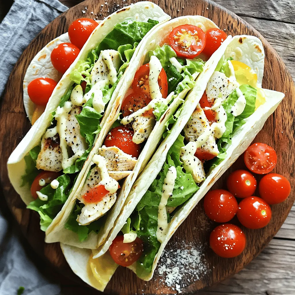 - 2 gekochte Hähnchenbrustfilets, in Scheiben geschnitten - 4 große Weizentortillas - 2 Tassen Römersalat, grob gehackt - 1 Tasse Kirschtomaten, halbiert Die Hauptzutaten sind einfach und schnell zu finden. Ich liebe, wie die Kombination aus Hähnchen, Salat und Tomaten frisch schmeckt. Hähnchenbrustfilets sind zart und nahrhaft. Weizentortillas sind weich und leicht. Römersalat gibt einen knackigen Biss. Kirschtomaten bringen Farbe und Süße ins Spiel. - ½ Tasse Caesar-Dressing (fertig gekauft oder selbstgemacht) - ½ Tasse geriebener Parmesan - Frisch gemahlener schwarzer Pfeffer nach Geschmack - Optional: Croutons für extra Crunch Das Caesar-Dressing ist der Star des Gerichts. Es sorgt für einen tollen Geschmack. Parmesan verleiht den Wraps eine cremige Note. Der schwarze Pfeffer bringt einen kleinen Kick. Wenn du Croutons hinzufügst, erhältst du einen tollen Crunch. Diese leckeren Chicken Caesar Wraps sind einfach zuzubereiten. Sie sind perfekt für ein schnelles Mittagessen oder ein Picknick. Du kannst das ganze Rezept [Full Recipe] hier finden. - Schneide die gekochten Hähnchenbrustfilets in dünne Scheiben. - Hacke den Römersalat grob und halbiere die Kirschtomaten. - Lege die Weizentortillas bereit auf eine saubere Fläche. - Gib die geschnittenen Hähnchenbrustfilets, den Römersalat, die Kirschtomaten und das Caesar-Dressing in eine große Schüssel. - Mische alles gut, bis das Hähnchen und das Gemüse gleichmäßig mit dem Dressing bedeckt sind. - Nimm eine Tortilla und verteile gleichmäßige Portionen der Mischung in der Mitte. - Füge geriebenen Parmesan und schwarzen Pfeffer hinzu. - Füge nach Wunsch einige Croutons für mehr Crunch hinzu. - Falte die Seiten der Tortilla nach innen und rolle sie von unten nach oben fest auf. - Wiederhole diesen Schritt für alle Tortillas. - Schneide die Wraps diagonal durch und serviere sie sofort. Mit diesem Rezept bereitest du schnell und einfach leckere Chicken Caesar Wraps zu. Für die vollständige Anleitung schau dir die [Full Recipe] an. - Tortillas erwärmen: Erwärmen Sie die Tortillas in einer Pfanne oder Mikrowelle. Das macht sie geschmeidig. Ein warmer Wrap lässt sich leichter rollen. - Füllung perfekt abmessen: Nehmen Sie eine Kelle oder einen Löffel. So geben Sie gleichmäßige Portionen in jede Tortilla. Zu viel Füllung macht das Rollen schwer. - Anrichten auf einer Platte: Legen Sie die Wraps schön auf eine große Platte. So sehen sie einladend aus. - Verwendung von frischen Zutaten zur Dekoration: Streuen Sie ein paar Kirschtomaten und frische Kräuter um die Wraps. Das sorgt für Farbe und Frische. - Zu viel Füllung: Achten Sie darauf, nicht zu viel Füllung zu verwenden. Ein Überfluss macht die Wraps unhandlich und unordentlich. - Unsachgemäßes Rollen: Rollen Sie die Tortilla fest, aber nicht zu fest. Achten Sie darauf, dass die Füllung nicht herausfällt. Ein fester Wrap hält die Mischung gut zusammen. {{image_4}} Sie möchten eine fleischlose Version der Chicken Caesar Wraps? Das ist einfach! Ersetzen Sie das Hähnchen durch Tofu oder Kichererbsen. Beide Optionen sind reich an Protein und lecker. Sie können auch Linsen verwenden, die gesunde Ballaststoffe bieten. Für die Gemüsesorten sind der Kreativität keine Grenzen gesetzt. Fügen Sie Paprika, Gurken oder Avocado hinzu. Diese bringen Frische und Farbe. Um die Wraps interessanter zu machen, probieren Sie verschiedene Dressings aus. Ein Joghurtdressing gibt einen frischen Kick. Ein Balsamico-Dressing sorgt für eine süß-säuerliche Note. Gewürze und Kräuter sind ebenfalls wichtig. Fügen Sie Oregano, Basilikum oder Paprika hinzu. Diese bringen Tiefe und Komplexität. Ein Spritzer Zitronensaft kann die Aromen aufhellen und lebendig machen. Die richtigen Beilagen machen das Essen noch besser. Ein einfacher grüner Salat passt gut zu den Wraps. Auch Kartoffelchips oder Gemüsesticks sind tolle Optionen. Für Dips empfehle ich Guacamole oder einen leckeren Joghurtdip. Diese geben einen zusätzlichen Geschmackskick. Experimentieren Sie mit verschiedenen Kombinationen, um Ihre perfekten Beilagen zu finden. Um die Reste deiner Chicken Caesar Wraps frisch zu halten, lege sie in den Kühlschrank. Wickel die Wraps in Frischhaltefolie oder lege sie in einen luftdichten Behälter. So bleiben sie länger haltbar und verlieren nicht ihren Geschmack. - Kühlschranklagerung: Im Kühlschrank halten die Wraps bis zu drei Tage. Je schneller du sie isst, desto besser schmecken sie. - Haltbarkeit der Wraps: Nach drei Tagen solltest du die Wraps nicht mehr essen. Achte immer auf Geruch und Aussehen. Wenn du die Wraps wieder aufwärmen möchtest, kannst du das in der Mikrowelle oder im Ofen tun. - Mikrowelle vs. Ofen: Die Mikrowelle ist schnell, aber die Wraps werden weich. Im Ofen werden sie knuspriger, aber dauert länger. - Tipps für ein knackiges Ergebnis: Wenn du den Ofen nutzt, heize ihn auf 180 Grad vor. Wickel die Wraps in Alufolie, damit sie nicht austrocknen. Backe sie etwa 10 Minuten. Wenn du eine Party planst oder Meal Prep machst, kannst du die Wraps im Voraus vorbereiten. - Für eine Party: Bereite die Füllung einige Stunden vorher vor. Wickel die Wraps erst kurz vor dem Servieren. So bleiben sie frisch. - Für Meal Prep: Mache mehrere Wraps und lagere sie einzeln. So hast du immer einen schnellen Snack oder eine Mahlzeit zur Hand. Wenn du mehr über die Zubereitung erfahren möchtest, schau dir das [Full Recipe](#) an. Um Chicken Caesar Wraps einfach zu machen, folgen Sie diesen Schritten. Nehmen Sie zuerst zwei gekochte Hähnchenbrustfilets und schneiden Sie sie in Scheiben. Dann nehmen Sie vier große Weizentortillas. In einer großen Schüssel mischen Sie die geschnittenen Hähnchenbrustfilets mit zwei Tassen grob gehacktem Römersalat, einer Tasse halbierten Kirschtomaten und einer halben Tasse Caesar-Dressing. Mischen Sie alles gut. Legen Sie die Tortillas auf eine saubere Fläche und befüllen Sie jede Tortilla mit der Hähnchenmischung. Streuen Sie etwas geriebenen Parmesan und schwarzen Pfeffer darüber. Falten Sie die Tortillas und rollen Sie sie auf. Schneiden Sie sie dann diagonal durch. Fertig! Ja, die Wraps können im Voraus zubereitet werden. Sie können die Füllung einen Tag vorher machen und im Kühlschrank aufbewahren. Füllen Sie die Tortillas erst kurz vor dem Servieren, damit sie frisch bleiben. So vermeiden Sie, dass die Tortillas matschig werden. Das macht die Wraps ideal für Partys oder schnelle Mittagessen. Die Chicken Caesar Wraps reichen für vier Personen. Jedes Wrap ist eine gute Portion. Wenn Sie mehr Gäste haben, können Sie die Menge leicht verdoppeln. So haben alle genug zu essen. Ja, es gibt glutenfreie Tortillas, die man verwenden kann. Sie sind in vielen Supermärkten erhältlich. Achten Sie darauf, die Zutatenliste zu lesen. So stellen Sie sicher, dass die Tortillas wirklich glutenfrei sind. Diese Option ist perfekt für Personen mit Glutenunverträglichkeit. Chicken Caesar Wraps sind einfach und lecker. Mit frischem Hähnchen, Römersalat und dem passenden Dressing sind sie ein voller Erfolg. Bereiten Sie die Zutaten richtig vor, und folgen Sie der Schritt-für-Schritt-Anleitung. Verwenden Sie unsere Tipps, um perfekte Wraps zu machen und häufige Fehler zu vermeiden. Variationen bringen neuen Schwung, und mit den Lagerungshinweisen bleiben die Reste frisch. Nutzen Sie diese Informationen, um gesunde, köstliche Wraps zu genießen. Viel Spaß beim Ausprobieren und Teilen!