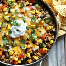 - 450 g Rinderhackfleisch oder Putenhackfleisch - 1 kleine Zwiebel, gewürfelt - 2 Knoblauchzehen, fein gehackt - 1 Päckchen Taco-Gewürzmischung - 240 ml gewürfelte Tomaten - 240 ml schwarze Bohnen, abgetropft und abgespült - 240 ml Mais - 240 ml Paprika, gewürfelt - 180 g geriebener Cheddar-Käse - 240 ml Sauerrahm und frischer Koriander Die Hauptzutaten sind wichtig für den Geschmack. Ich empfehle, frisches Gemüse zu verwenden. Das macht das Gericht noch besser. Du kannst Rinder- oder Putenhackfleisch nehmen, je nach Vorliebe. Zwiebeln und Knoblauch geben viel Aroma. Die Taco-Gewürzmischung bringt den typischen Geschmack. Sie ist leicht zu finden und macht alles einfacher. Die gewürfelten Tomaten, schwarzen Bohnen und der Mais sorgen für eine tolle Konsistenz. So wird die Mischung saftig und nahrhaft. Für die Garnierung sind Paprika, Cheddar-Käse, Sauerrahm und Koriander sehr wichtig. Sie fügen Textur und Farbe hinzu. Paprika gibt einen knackigen Biss. Der Cheddar-Käse macht das Gericht richtig cremig. Sauerrahm und Koriander bringen Frische und eine besondere Note. Du findest das gesamte Rezept in der Full Recipe, das dir Schritt für Schritt hilft, dieses köstliche Gericht zuzubereiten. Beginne damit, eine große Pfanne auf mittlerer Hitze zu erhitzen. Gib das Rinderhackfleisch oder Putenhackfleisch in die Pfanne. Brate das Fleisch an, bis es braun ist. Teile es mit einem Spachtel auf. Dies dauert etwa 5-7 Minuten. Sobald das Fleisch braun ist, füge die gewürfelte Zwiebel und den fein gehackten Knoblauch hinzu. Brate diese für etwa 3-4 Minuten an, bis die Zwiebel glasig wird. So erhält das Gericht einen leckeren Geschmack. Jetzt ist es Zeit, die Taco-Gewürzmischung hinzuzufügen. Rühre die Mischung gut unter das Fleisch. Dann gib die gewürfelten Tomaten, die schwarzen Bohnen, den Mais und die Paprika dazu. Mische alles gut und lasse die Mischung für 5-8 Minuten köcheln. So verbinden sich die Aromen und die Mischung wird sehr schmackhaft. Heize deinen Ofen auf 175 °C vor. Nimm die Pfanne nach dem Köcheln vom Herd. Streue den geriebenen Cheddar-Käse gleichmäßig auf die Mischung. Schiebe die Pfanne dann in den Ofen. Backe alles für etwa 10 Minuten, bis der Käse geschmolzen und sprudelnd ist. Lass die Pfanne kurz abkühlen. Danach gib einige Löffel Sauerrahm darauf. Bestreue das Gericht mit geschnittenen Frühlingszwiebeln und frischem Koriander. Serviere die Käsegefüllte Taco-Pfanne mit Tortilla-Chips zum Dippen. So wird jede Portion zur Freude! Um die perfekte Konsistenz für deine Loaded Cheesy Taco Skillet zu erreichen, passe die Einkochzeit an. Lass die Mischung einige Minuten länger köcheln, um die Aromen richtig zu verbinden. Das macht den Geschmack intensiver und leckerer. Achte darauf, den Käse gleichmäßig zu verteilen, wenn du ihn hinzufügst. So schmilzt der Käse gleichmäßig und wird schön cremig. Für glutenfreie Optionen wähle glutenfreie Tortilla-Chips und überprüfe die Taco-Gewürzmischung. Viele Marken sind glutenfrei, aber es ist wichtig, das Etikett zu lesen. Wenn du vegetarisch kochen willst, ersetze das Hackfleisch durch schwarze Bohnen oder Linsen. Das gibt der Pfanne einen tollen Biss und bleibt nahrhaft. Falls du Reste hast, kannst du sie leicht in neue Gerichte verwandeln. Mische die Reste mit Reis oder Quinoa für ein schnelles Mittagessen. Eine andere Idee ist, die Mischung in Tacos oder Burritos zu füllen. So kannst du kreativ sein und das Gericht auf verschiedene Weise genießen. {{image_4}} Du kannst deine Loaded Cheesy Taco Skillet nach Belieben anpassen. Füge verschiedene Gemüsesorten hinzu, um mehr Farbe und Geschmack zu bringen. Zum Beispiel passen Zucchini, Spinat oder Pilze gut dazu. Diese Gemüse sind nicht nur lecker, sondern auch gesund. Beliebte Proteinalternativen sind Hähnchenbrust oder Tofu. Wenn du etwas Abwechslung suchst, verwende diese Optionen. Sie geben deinem Gericht einen neuen, spannenden Geschmack. Um mehr Schärfe zu erreichen, passe die Gewürze an. Füge etwas Chilipulver oder frische Jalapeños hinzu. Diese Zutaten geben der Pfanne einen tollen Kick. Du kannst auch mit verschiedenen Käsesorten experimentieren. Probiere Gouda oder Pepper Jack für extra Geschmack. Diese Käsesorten schmelzen gut und machen die Pfanne noch köstlicher. Die Käsegefüllte Taco-Pfanne hat viele Gesichter. Du kannst zwischen mexikanischen und Tex-Mex Varianten wählen. Mexikanische Rezepte nutzen oft frische Zutaten und einfache Gewürze. Tex-Mex ist reichhaltiger und hat oft mehr Käsesorten. Lass dich auch von anderen Küchen inspirieren. Füge italienische Zutaten hinzu, wie z. B. italienische Gewürze oder Mozzarella. So erhältst du eine ganz neue Geschmacksrichtung. Um die Käsegefüllte Taco-Pfanne frisch zu halten, lagere sie in einem luftdichten Behälter. So bleibt der Geschmack erhalten. Stelle sicher, dass die Pfanne abgekühlt ist, bevor du sie in den Kühlschrank stellst. Diese leckere Mahlzeit bleibt bis zu drei Tage im Kühlschrank haltbar. Wenn du mehr für später zubereiten möchtest, kannst du die Pfanne einfrieren. Teile die kalte Pfanne in Portionen auf und lege sie in gefriergeeignete Behälter. So bleibt alles frisch. Du kannst sie bis zu drei Monate im Gefrierfach aufbewahren. Zum Aufwärmen hole eine Portion heraus und lasse sie im Kühlschrank über Nacht auftauen. Um die Pfanne wieder aufzuheizen, benutze den Ofen oder die Mikrowelle. Im Ofen heizt du ihn auf 175 °C vor und backst die Pfanne etwa 15 Minuten. In der Mikrowelle kannst du die Pfanne in Intervallen von 1-2 Minuten aufwärmen. Prüfe die Temperatur mit einer Gabel. Die ideale Temperatur ist warm, aber nicht kochend. So bleibt der Käse schön schmelzend. Die Zubereitung der Käsegefüllten Taco-Pfanne dauert insgesamt 35 Minuten. Die Vorbereitungszeit beträgt 15 Minuten. Die Kochzeit liegt bei etwa 20 Minuten. Dies schließt das Anbraten des Fleisches und das Köcheln der Zutaten ein. Die letzten 10 Minuten sind für das Backen im Ofen, um den Käse zu schmelzen. Ja, du kannst die Pfanne vegan machen! Verwende statt Fleisch eine pflanzliche Hackfleischalternative. Achte darauf, dass die Taco-Gewürzmischung vegan ist. Ersetze den Käse durch pflanzlichen Käse und den Sauerrahm durch vegane Sahne. Du kannst auch mehr Gemüse wie Zucchini oder Pilze hinzufügen, um die Pfanne reichhaltig und lecker zu machen. Es gibt viele passende Beilagen für die Käsegefüllte Taco-Pfanne. Tortilla-Chips sind eine großartige Wahl, um zu dippen. Du kannst auch einen frischen Salat mit Avocado und Limette servieren. Guacamole oder Salsa passt ebenfalls gut dazu. Einige warme Tortillas machen das Gericht noch besser. In diesem Artikel haben wir die Zutaten und die Zubereitung einer leckeren Käsegefüllten Taco-Pfanne besprochen. Wir haben die Hauptzutaten, die optimalen Kochschritte und einige nützliche Tipps betrachtet. Ob Sie eine vegane Version suchen oder kreative Reste verwenden möchten, es gibt viele Möglichkeiten. Denken Sie daran, dass diese Pfanne nicht nur einfach zuzubereiten ist, sondern auch gut schmeckt. Experimentieren Sie mit Zutaten und genießen Sie Ihre eigene Version!