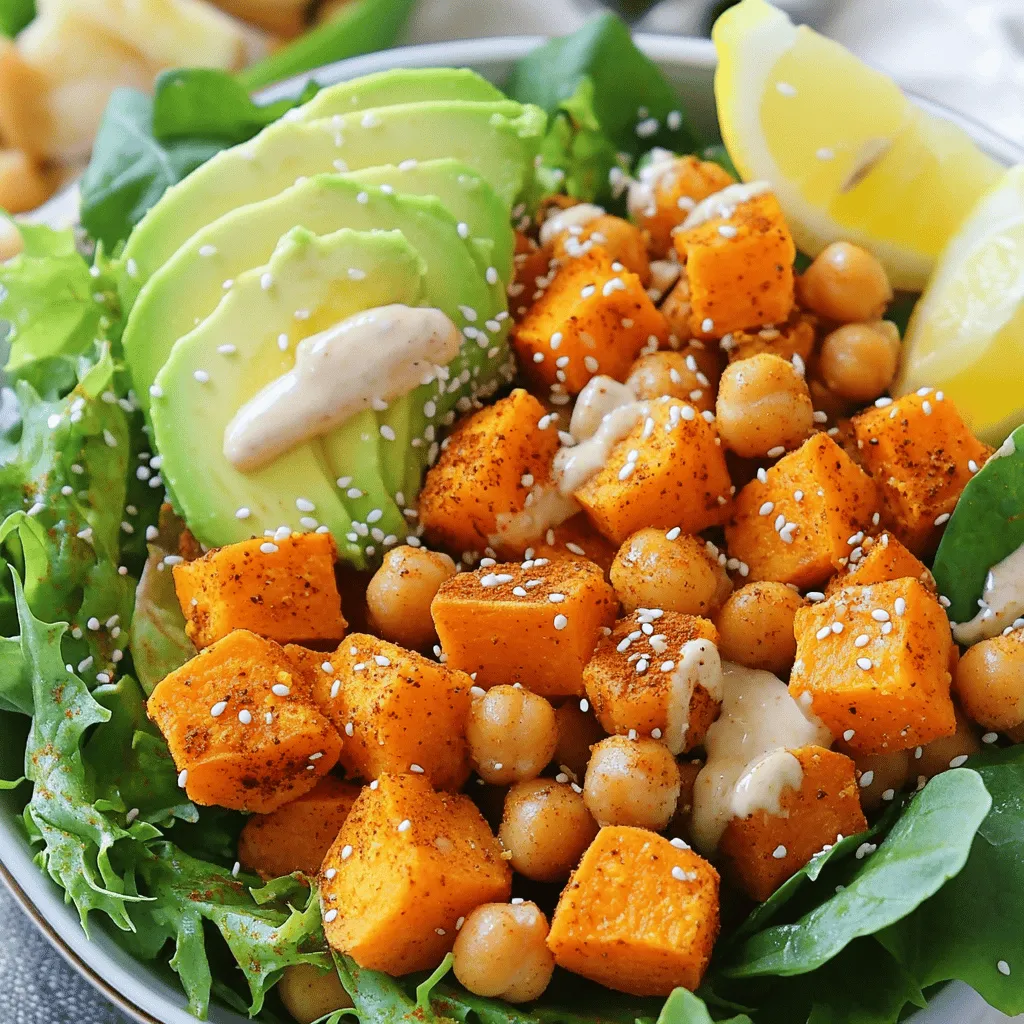 - Süßkartoffeln: Diese knusprigen Stücke sind die Basis der Bowl. Sie bringen Süße und eine schöne Farbe. Ich benutze zwei mittelgroße Süßkartoffeln, geschält und gewürfelt. So wird jede Biss perfekt. - Kichererbsen: Sie geben der Bowl einen tollen Crunch. Kichererbsen sind auch sehr nahrhaft. Eine Dose Kichererbsen passt gut und sorgt für eine gute Proteinquelle. - Blattsalate und Avocado: Für Frische und Cremigkeit. Ich verwende gemischte Blattsalate wie Spinat und Rucola. Eine reife Avocado, in Scheiben geschnitten, bringt das Gericht auf die nächste Stufe. - Olivenöl: Essentiell für das Rösten. Es macht die Süßkartoffeln und Kichererbsen goldbraun. Nur zwei Esslöffel sind nötig, um alles zu benetzen. - Paprika und Kreuzkümmel: Diese Gewürze sorgen für Geschmack. Ich nehme jeweils einen Teelöffel Paprika und Kreuzkümmel. Sie geben der Bowl eine tolle Tiefe. - Tahini und Zitronensaft: Sie machen das Dressing cremig und frisch. Ich mische ein Viertel Tasse Tahini mit zwei Esslöffeln Zitronensaft. So entsteht ein einfaches, aber schmackhaftes Dressing. Für die vollständigen Schritte und die Zubereitung, schau dir das [Full Recipe] an. Zuerst schälen Sie die Süßkartoffeln. Schneiden Sie sie in kleine Würfel. Diese sollten etwa 2,5 cm groß sein. Das hilft beim gleichmäßigen Garen. Nehmen Sie dann eine Dose Kichererbsen. Lassen Sie sie gut abtropfen und spülen Sie sie unter Wasser. Dies entfernt überschüssiges Natrium und macht die Kichererbsen frischer. Heizen Sie Ihren Backofen auf 200°C vor. Während der Ofen sich aufheizt, geben Sie die Süßkartoffeln und Kichererbsen in eine große Schüssel. Fügen Sie 2 Esslöffel Olivenöl hinzu. Streuen Sie 1 Teelöffel Paprika, 1 Teelöffel Kreuzkümmel, 1 Teelöffel Knoblauchpulver, Salz und Pfeffer nach Geschmack darüber. Mischen Sie alles gut, bis alle Stücke gleichmäßig gewürzt sind. Verteilen Sie die Mischung auf einem Backblech. Rösten Sie die Mischung 25 bis 30 Minuten. Nach 15 Minuten sollten Sie die Mischung einmal umrühren. So wird alles schön goldbraun und zart. Während die Süßkartoffeln und Kichererbsen im Ofen sind, machen Sie die Tahinisauce. Nehmen Sie eine kleine Schüssel. Geben Sie 1/4 Tasse Tahini und 2 Esslöffel Zitronensaft hinein. Fügen Sie etwas Wasser hinzu, um die Sauce zu verdünnen. Verrühren Sie die Zutaten gut. Wenn die Sauce zu dick ist, fügen Sie mehr Wasser hinzu, bis die Konsistenz angenehm ist. Diese Sauce wird später über die Bowl gegeben. Sie bringt einen tollen Geschmack und Cremigkeit. Jetzt sind Ihre Zutaten bereit für die Bowl. Nutzen Sie die [Full Recipe] für weitere Tipps und die komplette Zubereitung. - Empfohlene Backzeit: Röste die Süßkartoffeln und Kichererbsen bei 200°C für 25-30 Minuten. - Bedeutung des Umrührens: Mische die Zutaten nach 15 Minuten. Dadurch wird alles gleichmäßig gar. So erreichst du eine schöne goldene Farbe und einen tollen Geschmack. - Schichtung der Zutaten: Beginne mit einem Bett aus frischen Blattsalaten. Füge dann die heißen Süßkartoffeln und Kichererbsen hinzu. Das sorgt für einen tollen Temperaturkontrast. - Präsentationstipps: Serviere die Bowl in tiefen Schalen. Dekoriere sie mit Avocadoscheiben und einem großzügigen Schuss Tahinisauce. Zitronenschnitze an der Seite bringen Frische. - Auswahl der Blattsalate: Wähle nahrhafte Salate wie Spinat, Grünkohl oder Rucola. Diese sind reich an Vitaminen. - Ergänzungen für mehr Protein: Füge geröstete Nüsse oder Samen hinzu. Auch Quinoa ist eine tolle Proteinquelle. Das macht die Bowl noch gesünder und voller Geschmack. Für das gesamte Rezept schau dir [Full Recipe] an. {{image_4}} Du kannst deine Bowl mit verschiedenen Gemüsesorten anpassen. Kürbis gibt einen süßen Geschmack. Es hat auch eine schöne Textur. Zucchini passt gut, da sie mild und saftig ist. Erbsen bringen eine süße Note. Brokkoli fügt eine knackige Konsistenz hinzu. Diese Optionen machen das Gericht bunt und gesund. Für mehr Vielfalt kannst du verschiedene Dressings verwenden. Ein Joghurt-Dressing bringt Cremigkeit. Es passt gut zu den gerösteten Süßkartoffeln. Ein Sesam-Ingwer-Dressing gibt einen asiatischen Twist. Es hat einen schönen, nussigen Geschmack. Probier diese Dressings aus, um deine Bowl zu verfeinern. Du kannst Feta oder geröstete Nüsse zu deiner Bowl hinzufügen. Feta gibt einen salzigen Geschmack. Nüsse bringen Crunch und gesunde Fette. Quinoa ist auch eine tolle Beilage. Es hat viel Protein und Ballaststoffe. Diese Zutaten machen deine Bowl noch nahrhafter und sättigender. Die geröstete Süßkartoffel-Kichererbsen-Bowl lässt sich gut aufbewahren. Du kannst die Reste im Kühlschrank lagern. Fülle die Bowl in einen luftdichten Behälter. Im Kühlschrank bleibt sie bis zu drei Tage frisch. Achte darauf, dass die Tahinisauce separat aufbewahrt wird, um die Frische zu erhalten. Wenn du die Bowl für längere Zeit aufbewahren möchtest, gibt es eine Gefrieroption. Fülle die Mischung in einen gefrierfesten Behälter. So bleibt sie bis zu drei Monate haltbar. Du kannst sie auch portionsweise einfrieren. Achte darauf, die Luft herauszudrücken, bevor du den Behälter schließt. Um die Bowl aufzuwärmen, nutze den Ofen oder die Mikrowelle. Im Ofen kannst du die Bowl bei 180 °C (350 °F) etwa 10 bis 15 Minuten aufwärmen. Dies hilft, die Textur zu erhalten. In der Mikrowelle kannst du die Bowl in kurzen Intervallen von 1 bis 2 Minuten erwärmen. Rühre zwischendurch um, damit sie gleichmäßig heiß wird. Um Trockenheit zu vermeiden, füge etwas Wasser oder Olivenöl hinzu, bevor du die Bowl erwärmst. Dies hält die Zutaten saftig und lecker. Die Reste dieser Bowl sind äußerst vielseitig. Du kannst sie in einem Salat verwenden. Mische die Süßkartoffeln und Kichererbsen mit frischen Blattsalaten. Füge etwas Feta oder Nüsse hinzu, um den Geschmack zu variieren. Eine weitere Idee ist, die Reste in einem Wrap zu verwenden. Nimm ein Tortilla oder ein Fladenbrot und fülle es mit der Mischung. Dies ergibt ein schnelles und leckeres Mittagessen. Mit frischen Kräutern oder einer weiteren Sauce kannst du das Gericht aufpeppen. Die Zubereitung der gerösteten Süßkartoffel-Kichererbsen-Bowl dauert insgesamt 45 Minuten. - Vorbereitungszeit: 15 Minuten - Kochzeit: 30 Minuten In diesen 15 Minuten schneidest du die Süßkartoffeln und bereitest die Kichererbsen vor. Danach kommen die Zutaten in den Ofen und rösten schön goldbraun. Ja, du kannst Kichererbsen selbst kochen. Das gibt dir frische und leckere Kichererbsen. - Weiche die Kichererbsen über Nacht in Wasser ein. - Koche sie dann in frischem Wasser für etwa 1 bis 1,5 Stunden. Achte darauf, dass sie weich sind, bevor du sie in die Bowl gibst. Selbstgekochte Kichererbsen haben oft einen besseren Geschmack und sind gesünder. Du kannst viele Gewürze hinzufügen, um den Geschmack anzupassen. Hier sind einige Ideen: - Zimt für eine süßliche Note - Chili für etwas Schärfe - Rosmarin für einen würzigen Geschmack Experimentiere mit deinen Lieblingsgewürzen, um die Bowl einzigartig zu machen. Du kannst auch frische Kräuter wie Petersilie oder Koriander verwenden. Um die Bowl glutenfrei zu machen, achte auf die Zutaten. - Verwende glutenfreies Olivenöl. - Achte darauf, dass die Tahini keine glutenhaltigen Zutaten enthält. Alle anderen Zutaten sind von Natur aus glutenfrei. So kannst du diese köstliche Bowl ohne Sorgen genießen! Diese Bowl vereint gesunde Zutaten wie Süßkartoffeln, Kichererbsen und frische Blattsalate. Wir haben Schritt für Schritt die Zubereitung erklärt und wertvolle Tipps für die perfekte Präsentation gegeben. Variationen wie zusätzliche Gemüse und kreative Dressings halten die Mahlzeit spannend. Ich empfehle, diese Bowl frisch zuzubereiten und Reste clever zu nutzen. Experimentiere mit Aromen und genieße deine eigene gesunde Kreation!