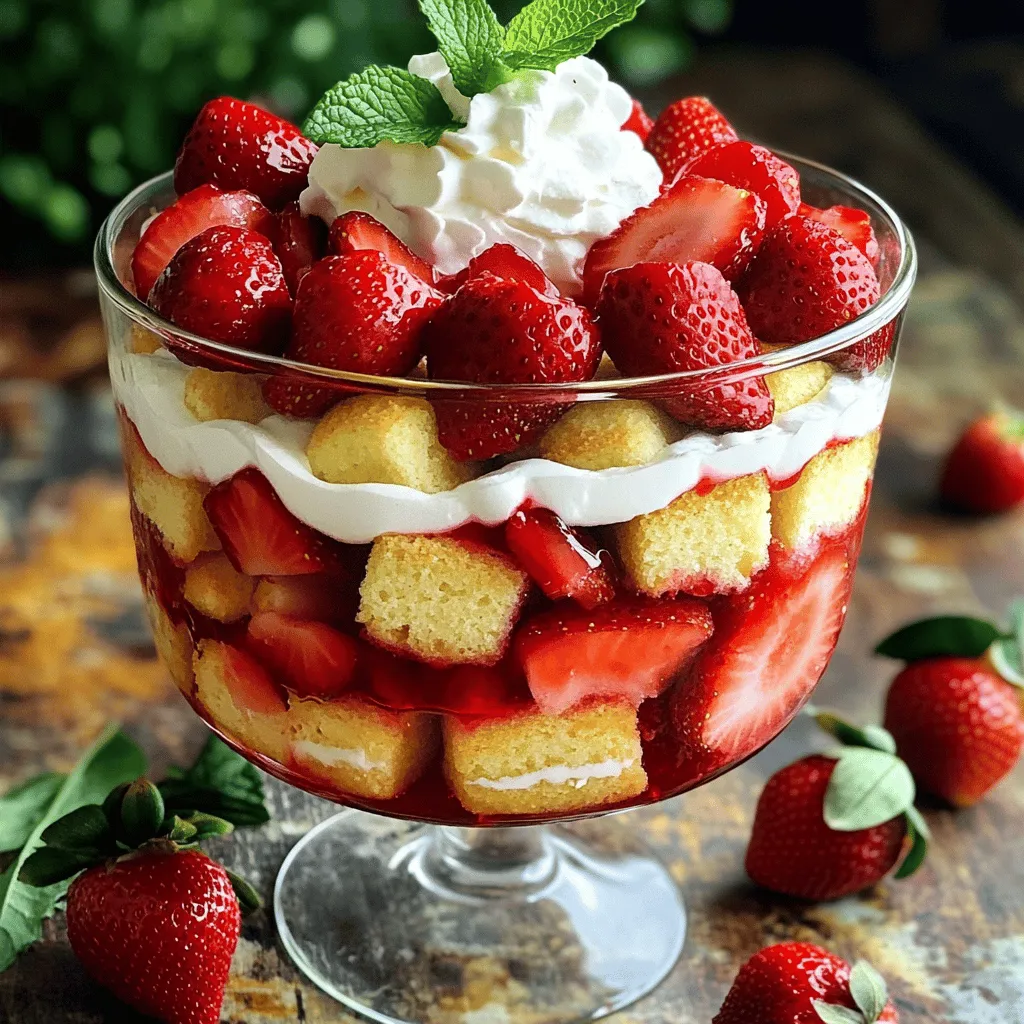 Um ein leckeres Erdbeer-Shortcake-Trifle zu machen, brauchst du folgende Hauptzutaten: - 2 Tassen frische Erdbeeren, entstielt und in Scheiben geschnitten - 1/4 Tasse Zucker - 1 Teelöffel Vanilleextrakt - 2 Tassen Schlagsahne (kaufhaus oder selbstgemacht) - 450 g Butterkuchen, in Würfel geschnitten (ca. 4 Tassen) - 1 Tasse Vanillepudding (vorbereitet) - Frische Minzblätter zur Dekoration Diese Zutaten sind einfach zu finden und machen das Trifle frisch und lecker. Die Erdbeeren geben einen süßen Geschmack, während die Schlagsahne es cremig macht. Falls du etwas Abwechslung möchtest, kannst du auch andere Zutaten verwenden: - Anstelle von Butterkuchen kannst du Biskuitkuchen nehmen. - Probier statt Vanillepudding Schokoladenpudding für einen anderen Geschmack. - Nutze saisonale Früchte wie Himbeeren oder Pfirsiche. - Für eine leichtere Option kannst du griechischen Joghurt anstelle von Schlagsahne verwenden. Diese Alternativen passen gut und bringen neue Geschmäcker ins Trifle. Um das Trifle zu machen, brauchst du ein paar einfache Dinge: - Eine große Glasschüssel oder individuelle Dessertgläser - Eine mittlere Schüssel zum Mischen der Erdbeeren - Ein Löffel zum Schichten der Zutaten - Ein Messer zum Schneiden der Erdbeeren und des Kuchens Mit diesen Utensilien kannst du dein Trifle einfach zubereiten. Achte darauf, dass alles sauber ist, bevor du anfängst. Das hilft, die Aromen zu bewahren und die beste Qualität zu garantieren. Um die Erdbeeren vorzubereiten, nimm zwei Tassen frische Erdbeeren. Entferne die Stiele und schneide sie in Scheiben. Gib die Erdbeeren in eine mittlere Schüssel. Füge 1/4 Tasse Zucker und 1 Teelöffel Vanilleextrakt hinzu. Mische alles gut, damit die Erdbeeren den Zucker aufnehmen. Lass die Mischung etwa 15 Minuten stehen. So geben die Erdbeeren ihren Saft ab, was den Geschmack intensiviert. Beginne nun mit dem Schichten. Nimm eine große Glasschüssel oder ein Trifle-Gefäß. Lege den Boden mit Butterkuchenwürfeln aus. Verwende etwa 450 Gramm, die du in kleine Stücke geschnitten hast. Träufle einige Esslöffel des Erdbeersafts über die Kuchenwürfel, um sie leicht einzuweichen. Nun verteile eine Schicht Vanillepudding gleichmäßig über den Kuchen. Füge dann eine Schicht der marinierten Erdbeeren hinzu. Achte darauf, die Erdbeeren gleichmäßig zu verteilen. Decke die Erdbeeren mit einer Schicht Schlagsahne ab. Wiederhole diesen Vorgang, bis das Gefäß gefüllt ist. Die oberste Schicht sollte immer Schlagsahne sein. Dekoriere das Trifle mit ganzen Erdbeeren und frischen Minzblättern auf der letzten Schicht Schlagsahne. Stelle das Trifle für mindestens 1 Stunde in den Kühlschrank. So können sich die Aromen gut vermischen und der Kuchen kann weich werden. Serviere das Trifle kühl. Du kannst es in einzelnen Gläsern anbieten oder in der großen Schüssel lassen. Das sieht immer gut aus! Nutze die [Full Recipe], um die genauen Mengen und Schritte zu sehen. Ein häufiger Fehler ist, die Erdbeeren nicht lange genug ruhen zu lassen. Diese Zeit hilft den Erdbeeren, ihren leckeren Saft abzugeben. Wenn du die Erdbeeren zu früh verwendest, bleibt das Trifle trocken. Achte darauf, die Schichten gleichmäßig zu machen. Ungleichmäßige Schichten können das Aussehen und den Geschmack beeinträchtigen. Für die beste Schlagsahne beginne mit kalten Zutaten. Kalte Schlagsahne lässt sich besser schlagen. Verwende eine große Schüssel, um Spritzer zu vermeiden. Schlage die Sahne bei mittlerer Geschwindigkeit, bis sich weiche Spitzen bilden. Achte darauf, die Sahne nicht zu übermixen. Übermixte Sahne wird butterartig und verliert ihre luftige Textur. Eine schöne Präsentation macht das Trifle noch leckerer. Verwende hohe Gläser oder eine große Schüssel. So kannst du die Schichten gut sehen. Garniere das Trifle mit ganzen Erdbeeren und frischen Minzblättern. Diese Farben sorgen für einen tollen Kontrast. Für ein persönliches Erlebnis serviere das Trifle in kleinen Portionen. Das sieht nicht nur gut aus, sondern macht es auch einfacher zu genießen. Für das komplette Rezept, siehe [Full Recipe]. {{image_4}} Um ein glutenfreies Erdbeer-Shortcake-Trifle zu machen, wähle glutenfreien Butterkuchen. Es gibt viele gute Marken im Laden. Du kannst auch einfach einen Biskuitkuchen selbst backen, der glutenfrei ist. Verwende dafür glutenfreies Mehl. Achte darauf, die anderen Zutaten wie Sahne und Pudding ebenfalls glutenfrei zu wählen. So bleibt dein Trifle lecker und für alle geeignet. Für eine vegane Variante kannst du die Schlagsahne durch Kokoscreme ersetzen. Diese gibt dem Dessert einen tollen Geschmack. Verwende pflanzliche Butter für den Kuchen oder backe einen veganen Biskuit. Statt Vanillepudding kannst du einen pflanzlichen Pudding nutzen, der ebenfalls ohne Milch auskommt. So hast du ein frisches Dessert, das auch Veganer genießen können. Das Erdbeer-Shortcake-Trifle kann mit vielen Früchten abgewandelt werden. Im Sommer sind frische Pfirsiche oder Himbeeren großartig. Im Herbst passen Äpfel oder Birnen gut. Du kannst auch die Aromen ändern. Füge etwas Zitronenschale für mehr Frische hinzu oder nutze Schokoladenpudding statt Vanillepudding. So bleibt das Trifle immer spannend und passt zur Saison. Entdecke all diese Variationen in meinem Full Recipe. Das Erdbeer-Shortcake-Trifle ist einfach zu lagern. Stelle sicher, dass du es gut abdeckst. Eine Frischhaltefolie oder ein Deckel für die Schüssel funktioniert gut. So bleibt das Trifle frisch und die Aromen bleiben erhalten. Ich empfehle, das Trifle im Kühlschrank aufzubewahren, besonders wenn du Reste hast. Das Trifle bleibt im Kühlschrank 2 bis 3 Tage frisch. Nach dieser Zeit können die Schichten an Frische verlieren. Die Erdbeeren können weich werden, und die Sahne verliert ihre feste Form. Am besten isst du es frisch, aber du kannst die Reste genießen, solange sie gut abgedeckt sind. Um weich werdende Schichten zu vermeiden, gibt es einige Tricks. Verwende frische Erdbeeren und fange an, sie erst kurz vor dem Servieren zu schichten. Du kannst auch die Sahne erst kurz vor dem Servieren hinzufügen. So bleibt das Trifle schön knackig und die Texturen bleiben erhalten. Achte darauf, nicht zu viel Saft von den Erdbeeren zu verwenden, um das Trifle nicht zu durchweichen. Du kannst das Erdbeer-Shortcake-Trifle bis zu zwei Tage im Voraus zubereiten. Das ist perfekt, wenn du Zeit sparen willst. Achte darauf, es im Kühlschrank zu lagern. So bleiben die Schichten frisch und lecker. Die Aromen vermischen sich auch besser, wenn du es etwas ruhen lässt. Das Einfrieren des Trifles ist keine gute Idee. Die Textur der Schlagsahne und des Puddings verändert sich. Sobald du es aufgetaut hast, wird es wässrig und matschig. Wenn du Reste hast, lagere sie im Kühlschrank. So bleiben sie bis zu drei Tage haltbar. Ja, du kannst verschiedene Alternativen verwenden. Eine gute Option ist Schokoladenpudding für einen reichhaltigen Geschmack. Du könntest auch Joghurt verwenden, wenn du eine leichtere Variante möchtest. Fruchtpudding, wie Erdbeer- oder Himbeerpudding, bringt zusätzliche Frische. Experimentiere mit verschiedenen Aromen, um dein perfektes Trifle zu finden. Das Erdbeer-Shortcake-Trifle ist einfach zuzubereiten und lecker. Wir haben die Hauptzutaten und Alternativen besprochen. Die Schritt-für-Schritt-Anleitung zeigt dir, wie du deine Erdbeeren zubereitest und die Schichten richtig anlegst. Mit nützlichen Tipps vermeidest du häufige Fehler und präsenterst das Dessert ansprechend. Variationen wie glutenfreie und vegane Optionen machen das Trifle für alle zugänglich. Achte auf die Lagerung, damit die Schichten frisch bleiben. Jetzt bist du bereit, dieses köstliche Dessert zu genießen!