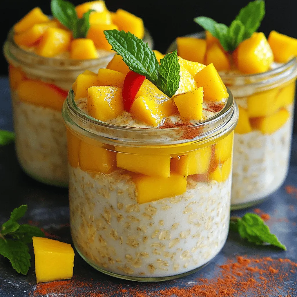 - 1 Tasse Haferflocken (grobe Sorte) - 1 Tasse Mandelmilch (oder Milch nach Wahl) - 1 reifer Pfirsich, gewürfelt - 1 reife Mango, gewürfelt Die Hauptzutaten machen den Grundstoff für unsere Peach Mango Overnight Oats. Die Haferflocken geben dir die notwendige Basis. Sie sind voll mit Ballaststoffen und halten dich lange satt. Die Mandelmilch macht das Ganze cremig und süß. Du kannst auch andere Milch verwenden, wenn du magst. Die frischen Früchte bringen Geschmack und Farbe. Der Pfirsich ist saftig und süß, während die Mango einen tropischen Touch hinzufügt. - 1 Esslöffel Chiasamen - 1 Esslöffel Honig oder Ahornsirup (nach Geschmack) - 1/2 Teelöffel Vanilleextrakt - 1/2 Teelöffel Zimt - Frische Minzblätter zur Dekoration (optional) Zusätzliche Zutaten bringen den besonderen Kick. Chiasamen sind kleine Kraftpakete. Sie geben dir gesunde Fette und Ballaststoffe. Der Honig oder Ahornsirup sorgt für die richtige Süße. Du kannst die Menge anpassen, je nach Vorliebe. Vanilleextrakt und Zimt bringen einen warmen Geschmack. Diese Aromen harmonieren perfekt mit den Früchten. Für eine schöne Präsentation kannst du frische Minzblätter hinzufügen. Sie sehen nicht nur toll aus, sondern geben auch einen frischen Geschmack. Wenn du die ganze Rezeptur sehen möchtest, schau dir das [Full Recipe] an. Zuerst nehme ich eine große Schüssel. Ich vermenge die Haferflocken mit der Mandelmilch. Es ist wichtig, dass die Flüssigkeit die Haferflocken gut bedeckt. Danach füge ich die Chiasamen und den Honig hinzu. Rühre alles gut um. Die Mischung sollte gleichmäßig und cremig sein. Jetzt bereite ich die Früchte vor. Ich würfle den reifen Pfirsich und die reife Mango. Die Stücke sollten klein genug sein, um gut in den Oats verteilt zu werden. Ich hebe die gewürfelten Früchte vorsichtig unter die Haferflockenmischung. So bleibt die Frische der Früchte erhalten. Ich teile die Mischung gleichmäßig auf zwei Gläser auf. Die Gläser müssen dicht verschlossen sein. Dann stelle ich sie in den Kühlschrank. Über Nacht ziehen lassen, macht die Oats weich und lecker. Am nächsten Morgen rühre ich die Oats gut um. Ich toppe sie mit frischen Fruchtstücken und optionalen Minzblättern. So sieht mein Frühstück toll aus! Um die perfekte Konsistenz der Overnight Oats zu erhalten, ist das Verhältnis von Hafer zu Flüssigkeit wichtig. Ich empfehle, eine Tasse Haferflocken mit einer Tasse Mandelmilch zu verwenden. So wird die Mischung cremig, aber nicht zu flüssig. Wenn du eine weichere Textur magst, kannst du die Einweichzeit verlängern. Lass die Oats mindestens vier Stunden im Kühlschrank. Für eine festere Konsistenz, verringere die Flüssigkeitsmenge leicht. Du kannst die Früchte und Nüsse in deinem Rezept leicht austauschen. Zum Beispiel, probiere Erdbeeren oder Ananas für einen neuen Geschmack. Auch die Nüsse sind eine tolle Ergänzung. Walnüsse oder Mandeln passen gut dazu. Bei den Süßungsmitteln kannst du Honig oder Ahornsirup nach deinem Geschmack anpassen. So machst du deine Overnight Oats einzigartig. Das Topping macht viel aus! Ich empfehle, einige Nüsse oder Joghurt hinzuzufügen, um mehr Textur zu bekommen. Du kannst die Oats auch mit frischen Früchten toppen. Sie sehen nicht nur toll aus, sondern schmecken auch frisch. Überlege dir, wie du die Oats mit anderen Frühstücksgerichten kombinieren kannst. Sie passen gut zu einem Smoothie oder einem Stück Toast. Für das vollständige Rezept, schau dir [Full Recipe] an. {{image_4}} Für eine vegane Variante der Peach Mango Overnight Oats kann man Honig ersetzen. Verwende stattdessen Agavendicksaft oder Dattelsirup. Beide geben eine süße Note, ohne tierische Produkte zu nutzen. Auch die Milch kann angepasst werden. Kokosmilch ist eine tolle Wahl. Sie bringt einen feinen, tropischen Geschmack. Du kannst auch Mandelmilch oder Hafermilch verwenden. So bleibt das Rezept lecker und vegan. Um die Overnight Oats proteinreicher zu machen, füge einfach Proteinpulver hinzu. Wähle dein Lieblingsprotein, sei es pflanzlich oder tierisch. Eine weitere Möglichkeit ist, Joghurt einzumischen. Griechischer Joghurt eignet sich hervorragend. Er macht die Oats cremiger und nährstoffreicher. So startest du stark in den Tag. Die Verwendung von saisonalen Früchten bringt Abwechslung in das Rezept. Im Sommer sind frische Beeren eine tolle Ergänzung. Im Herbst kannst du Äpfel oder Birnen verwenden. Sie passen gut zu Zimt. Auch die Gewürze können je nach Jahreszeit angepasst werden. Im Winter ist eine Prise Lebkuchengewürz eine schöne Idee. So bleibt das Rezept spannend und frisch. Um die Frische der Peach Mango Overnight Oats zu bewahren, verwende einen luftdichten Behälter. So bleibt die Konsistenz optimal. Stelle die Gläser in den Kühlschrank. Kühle sie gut, damit die Haferflocken die Flüssigkeit aufnehmen können. Die Overnight Oats sind bis zu fünf Tage frisch. Achte auf die Frische der Früchte. Wenn die Mischung seltsam riecht oder die Textur sich ändert, sind sie nicht mehr gut. Vor dem Servieren rühre die Oats gut um. Wenn sie zu dick sind, füge etwas mehr Mandelmilch hinzu. Du kannst die Oats auch leicht aufwärmen, aber kalt schmecken sie am besten. Füge frische Früchte oder Nüsse hinzu, um den Geschmack zu verbessern. Probiere auch, etwas Honig oder Zimt zu streuen, um die Aromen aufzufrischen. Overnight Oats sind ein einfaches Frühstück. Sie bestehen aus Haferflocken, die über Nacht in Flüssigkeit eingeweicht werden. So werden die Haferflocken weich und lecker. Die Zubereitung ist schnell und leicht. Du kannst sie morgens schnell essen oder mitnehmen. Overnight Oats sind gesund, reich an Ballaststoffen und halten lange satt. Ja, du kannst die Zutaten ganz einfach ändern. Für die Flüssigkeit kannst du verschiedene Milchsorten nutzen. Du magst Kokosmilch? Das passt super! Auch die Früchte sind flexibel. Statt Pfirsich und Mango kannst du Beeren oder Bananen nehmen. Sei kreativ mit Nüssen oder Samen. Du kannst auch die Süße anpassen, je nach deinem Geschmack. Du kannst die Overnight Oats bis zu fünf Tage im Kühlschrank aufbewahren. Achte darauf, sie in einem luftdichten Behälter zu lagern. So bleiben sie frisch und lecker. Wenn du sie länger aufbewahren möchtest, friere sie ein. Vor dem Essen kannst du sie einfach auftauen und umrühren. Ja, Overnight Oats sind sehr gesund. Sie enthalten viele Ballaststoffe, die gut für die Verdauung sind. Die Haferflocken liefern Energie und halten dich lange satt. Die Früchte fügen Vitamine und Antioxidantien hinzu. Wenn du Chiasamen hinzufügst, bekommst du noch mehr Nährstoffe. Diese Kombination macht dein Frühstück nahrhaft und lecker. Die Zubereitung von Overnight Oats ist einfach und macht Spaß. In unserem Beitrag haben wir die Hauptzutaten wie Haferflocken und frische Früchte besprochen. Ich habe auch Tipps für Konsistenz und leckere Variationen gegeben. Denken Sie daran, dass die Anpassung der Zutaten Ihren persönlichen Geschmack trifft. Experimentieren Sie mit verschiedenen Früchten und Gewürzen. So machen Sie die Oats noch interessanter. Genießen Sie Ihre gesunden, selbst gemachten Overnight Oats und lassen Sie sich inspirieren!