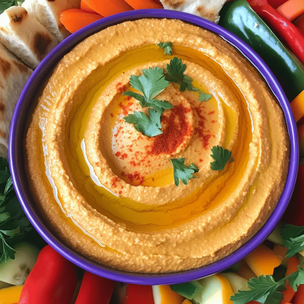 Für einen tollen Roasted Red Pepper Hummus brauchst du einige einfache Zutaten. Hier sind die Hauptzutaten: - 1 Dose (425 g) Kichererbsen, abgetropft und abgespült - 1 große, geröstete rote Paprika, geschält und grob gehackt - 2 Esslöffel Tahini - 2 Esslöffel frischer Zitronensaft - 2 Gewürznelken, fein gehackt Die Kichererbsen bieten eine tolle Basis. Sie sind nahrhaft und geben dem Hummus seinen charakteristischen Geschmack. Die geröstete rote Paprika bringt eine süße, rauchige Note. Tahini verleiht eine cremige Textur. Zitronensaft sorgt für einen frischen Kick. Um dem Hummus noch mehr Geschmack zu geben, füge folgende Gewürze und Öle hinzu: - 1 Teelöffel gemahlener Kreuzkümmel - 2 Esslöffel Olivenöl - Salz nach Geschmack Kreuzkümmel ist ein wichtiges Gewürz. Es hat einen warmen, erdigen Geschmack. Olivenöl macht den Hummus schön cremig. Salz hebt alle Aromen hervor und macht das Gericht lebendig. Garnierungen machen den Hummus noch ansprechender. Hier sind einige Vorschläge: - Paprika zum Bestäuben - Frische Petersilie zum Garnieren Paprika fügt eine schöne Farbe hinzu. Frische Petersilie bringt Frische und einen tollen Kontrast. Du kannst auch andere Zutaten verwenden, wie Oliven oder geröstete Nüsse. Sie geben zusätzlichen Geschmack und Textur. Für das vollständige Rezept, schau dir den Full Recipe Link an. Zuerst sammeln wir alle Zutaten. Für unseren Raucharomatischen Rote-Paprika-Hummus brauchen wir: - 1 Dose (425 g) Kichererbsen, abgetropft und abgespült - 1 große, geröstete rote Paprika, geschält und grob gehackt - 2 Esslöffel Tahini - 2 Esslöffel frischer Zitronensaft - 2 Gewürznelken, fein gehackt - 1 Teelöffel gemahlener Kreuzkümmel - 2 Esslöffel Olivenöl - Salz nach Geschmack - Paprika und frische Petersilie zum Garnieren Stellen Sie sicher, dass alles bereit ist. Das macht das Kochen einfacher. Jetzt kommt der spaßige Teil! Geben Sie die Kichererbsen, die rote Paprika, das Tahini, den Zitronensaft, den Knoblauch und den Kreuzkümmel in die Küchenmaschine. Mixen Sie alles gut, bis es ganz glatt ist. Vergessen Sie nicht, die Seiten der Schüssel abzukratzen. So mischen sich alle Zutaten gut. Lassen Sie die Maschine weiterlaufen. Träufeln Sie langsam das Olivenöl ein. Das gibt unserem Hummus eine schöne, cremige Textur. Probieren Sie den Hummus und fügen Sie Salz hinzu, wenn es nötig ist. Wenn Sie einen dünneren Hummus möchten, fügen Sie einen Esslöffel Wasser hinzu und mixen Sie erneut. Übertragen Sie den Hummus in eine Servierschüssel. Nutzen Sie einen Löffel, um ein hübsches Muster auf der Oberfläche zu machen. Bestäuben Sie dann den Hummus mit Paprika. Garnieren Sie mit frischer Petersilie. Das sieht nicht nur gut aus, sondern schmeckt auch besser! Servieren Sie den Hummus mit frischem Gemüse, Pita-Brot oder Crackern. Wählen Sie bunte Teller, um alles noch ansprechender zu gestalten. Das macht Ihr Gericht noch köstlicher! Für die genauen Schritte und Mengen schauen Sie sich die Vollrezept an. Um den Hummus super cremig zu machen, sind einige einfache Schritte nötig. Mixe zuerst die Kichererbsen und die geröstete Paprika gut. Achte darauf, die Seiten der Schüssel regelmäßig abzukratzen. Das hilft, alles gleichmäßig zu vermengen. Dann füge langsam das Olivenöl hinzu. Lass die Maschine weiterlaufen, bis die Mischung glatt und cremig ist. Wenn es zu dick ist, gib einen Esslöffel Wasser hinzu. Ein häufiger Fehler ist, nur wenig Olivenöl hinzuzufügen. Das macht den Hummus trocken. Ein weiterer Fehler ist, den Knoblauch nicht fein genug zu hacken. Grobe Stücke können den Hummus körnig machen. Achte auch darauf, die Kichererbsen gut abzutropfen und zu spülen. Das Entfernen der Schale kann auch helfen, die Textur zu verbessern. Du kannst dem Hummus viele neue Aromen hinzufügen. Probiere gerösteten Knoblauch für eine süßere Note. Auch frische Kräuter wie Basilikum oder Koriander passen gut. Ein Spritzer Balsamico-Essig kann dem Hummus eine tolle Tiefe verleihen. Experimentiere mit verschiedenen Gewürzen wie Paprika oder Chili für etwas Schärfe. So wird dein Hummus noch interessanter und voller Geschmack! {{image_4}} Für einen würzigen Hummus füge ich einfach etwas Chili oder Cayennepfeffer hinzu. Diese Gewürze bringen mehr Hitze in das Gericht. Du kannst auch etwas geräuchertes Paprikapulver verwenden. Das gibt dem Hummus einen tiefen, rauchigen Geschmack. Immer wieder ein Hit bei meinen Gästen! Wenn ich Lust auf etwas Crunch habe, mische ich Nüsse in meinen Hummus. Mandeln oder Cashews sind großartige Optionen. Einfach die Nüsse rösten, dann grob hacken und unter den fertigen Hummus rühren. Die Nüsse geben eine tolle Textur und zusätzliche Nährstoffe. Um den Hummus noch proteinreicher zu machen, kann ich Kichererbsen durch schwarze Bohnen oder Linsen ersetzen. Diese Hülsenfrüchte bieten einen anderen Geschmack und sind ebenfalls vegan. Ich mag es, verschiedene Kombinationen auszuprobieren, um neue Aromen zu entdecken. Mit diesen Variationen bleibt mein Hummus immer spannend! Ihr könnt auch die Full Recipe für genauere Anleitungen verwenden. Um deinen Roasted Red Pepper Hummus frisch zu halten, packe ihn gut ein. Du kannst eine luftdichte Box verwenden. Achte darauf, dass der Hummus vollständig abgekühlt ist, bevor du ihn in den Kühlschrank stellst. So bleibt die Konsistenz perfekt. Der Hummus bleibt 4 bis 5 Tage frisch. Wenn du mehr Hummus gemacht hast, kannst du ihn einfrieren. Fülle den Hummus in einen gefrierfesten Behälter. Lass etwas Platz oben, da der Hummus beim Gefrieren expandiert. Du kannst auch kleine Portionen in Eiswürfelschalen einfrieren. So hast du immer einen Snack bereit. Der gefrorene Hummus hält sich bis zu 3 Monate. Achte darauf, den Hummus vor dem Servieren gut umzurühren. Die Textur kann beim Lagern etwas dicker werden. Wenn du ihn frisch hältst, bleibt der Geschmack toll. Verwende frische Zutaten, um die Haltbarkeit zu verlängern. So genießt du deinen Roasted Red Pepper Hummus immer in bester Qualität. Wenn du mehr über die Zubereitung erfahren möchtest, schau dir die Full Recipe an. Hummus bleibt im Kühlschrank für etwa 5 bis 7 Tage frisch. Lagern Sie es in einem luftdichten Behälter. Dies hält die Aromen und die Textur gut. Vor dem Servieren rühren Sie den Hummus einfach um. So bleibt er cremig. Ja, Sie können kreativ sein! Fügen Sie frische Kräuter, wie Basilikum oder Koriander, hinzu. Auch Gewürze wie Paprika oder Chili können den Geschmack verstärken. Für mehr Textur können Sie geröstete Nüsse oder Samen verwenden. Experimentieren Sie mit verschiedenen Zutaten, um Ihren perfekten Hummus zu finden. Roasted Red Pepper Hummus schmeckt hervorragend mit frischem Gemüse. Karotten, Sellerie und Gurken sind tolle Optionen. Servieren Sie auch Pita-Brot oder Tortilla-Chips. Sie können auch Cracker verwenden. Diese Kombinationen machen Ihr Snacken noch besser. Hummus ist einfach und lecker. Wir haben die Hauptzutaten, Gewürze und frische Garnierungen besprochen. Die Schritt-für-Schritt-Anleitung zeigt, wie man Hummus zubereitet. Du hast auch gelernt, wie du die beste Konsistenz erreichst und typische Fehler vermeidest. Variationen machen Hummus spannend, und die Lagerung ist einfach. Achte auf die Haltbarkeit, damit dein Hummus frisch bleibt. Mit diesen Tipps kannst du tollen Hummus zaubern und variieren. Jetzt bist du bereit, dein eigenes Rezept zu erstellen und zu genießen!
