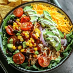 - 2 Tassen gekochte und zerrissene Hähnchenbrust - 4 Tassen gemischte Salatblätter (Spinat, Romaine, Rucola) - 1 Tasse Kirschtomaten, halbiert - 1/2 Tasse Mais (aus der Dose oder gegrillt) - 1/2 Tasse schwarze Bohnen, abgespült und abgetropft - 1/2 rote Zwiebel, dünn geschnitten - 1 Avocado, gewürfelt - 1/2 Tasse geriebener Cheddar-Käse - 1/4 Tasse BBQ-Sauce (deiner Lieblingsmarke) - 1/4 Tasse Ranch-Dressing - Salz und Pfeffer nach Geschmack - Optional: Tortilla-Chips für zusätzlichen Crunch Um einen köstlichen BBQ Ranch Chicken Salad zu machen, brauchst du frische und einfache Zutaten. Zuerst kommt das Hähnchen. Es sollte gut gekocht und zerrissen sein. Die Salatblätter bringen Frische und einen knackigen Biss. Das ist wichtig für den Geschmack. Kirschtomaten fügen eine süße Note hinzu. Mais bringt ein wenig Süße und Textur. Die schwarzen Bohnen fügen Proteine hinzu. Sie sind auch sehr sättigend. Die rote Zwiebel gibt einen scharfen Kick. Avocado macht alles cremig und reichhaltig. Schließlich ist Cheddar-Käse die perfekte Ergänzung. Für das Dressing mischst du BBQ-Sauce und Ranch-Dressing. Das gibt dem Salat einen leckeren und rauchigen Geschmack. Du kannst auch etwas Salz und Pfeffer für mehr Tiefe hinzufügen. Wenn du es knusprig magst, füge Tortilla-Chips hinzu. Sie sind der perfekte Crunch. Wenn du die Zutaten gut wählst, wird dein Salat einfach köstlich. Du kannst alle Zutaten in einer großen Schüssel kombinieren. Denke daran, frische und hochwertige Zutaten zu verwenden. Das macht einen großen Unterschied. Für das vollständige Rezept, schau dir die Full Recipe an. Zuerst nimmst du die gekochte Hähnchenbrust und zerrisst sie in kleine Stücke. Danach vermengst du das Hähnchen in einer Schüssel mit BBQ-Sauce. Achte darauf, dass das Hähnchen gut bedeckt ist. Jetzt legst du die gemischten Salatblätter in eine große Schüssel. Diese bilden die Basis für deinen Salat. Jetzt geht es weiter mit den leckeren Zutaten. Füge die halbierten Kirschtomaten, den Mais, die schwarzen Bohnen, die roten Zwiebelstücke und die gewürfelte Avocado hinzu. Mische alles gut durch. Nun verteilst du das BBQ-Hähnchen gleichmäßig über die Salatzutaten. So hat jeder Bissen den vollen Geschmack. Jetzt kommt der letzte Schliff. Streue den geriebenen Cheddar-Käse über den Salat. Danach gibst du das Ranch-Dressing hinzu. Du kannst die Menge nach deinem Geschmack anpassen. Jetzt würze alles mit Salz und Pfeffer. Mische den Salat vorsichtig, damit die Blätter nicht zerdrückt werden. Serviere den Salat frisch und genieße ihn! Für den extra Crunch kannst du zerbröselte Tortilla-Chips dazugeben. Um deinen BBQ Ranch Chicken Salad zu perfektionieren, nutze frisch zubereitete BBQ-Sauce. Eine hausgemachte Sauce schmeckt besser. Sie gibt deinem Salat mehr Geschmack und Frische. Wähle die Salatblätter mit Bedacht aus. Spinat, Romaine und Rucola sorgen für einen knackigen Biss. Achte darauf, dass die Blätter frisch und grün sind. Vermeide welke oder braune Blätter, denn sie schmecken nicht gut. Du kannst deinen Salat als Hauptgericht servieren oder mit Beilagen kombinieren. Tortilla-Chips passen perfekt dazu und geben einen tollen Crunch. Ideal für Grillpartys, Picknicks oder einfach als schnelles Mittagessen. Der BBQ Ranch Chicken Salad zieht jeden an. Jeder wird ihn lieben! Für Meal Prep kannst du die Zutaten gut aufbewahren. Lagere das Hähnchen und die BBQ-Sauce getrennt von den Salatblättern. So bleiben die Blätter frisch und knackig. Wenn du Reste hast, bewahre sie in einem luftdichten Behälter im Kühlschrank auf. So bleibt dein Salat bis zu drei Tage frisch. Mische die Zutaten erst kurz vor dem Essen, damit alles frisch bleibt. {{image_4}} Du kannst das Hähnchen in diesem Salat wunderbar anpassen. Wenn du Pute magst, nutze sie stattdessen. Putenfleisch hat einen ähnlichen Geschmack. Für eine pflanzliche Option, probiere Tofu. Tofu nimmt die Aromen gut auf und macht den Salat vegan. Einfach den Tofu würfeln und in BBQ-Sauce marinieren. So bleibt der Geschmack intensiv. Füge deinem Salat mehr Farbe und Geschmack hinzu. Du kannst Paprika, Gurken oder Karotten hinzufügen. Diese Gemüsesorten bringen Crunch und Frische. Auch Nüsse wie Walnüsse oder Mandeln passen gut. Sie geben einen tollen Biss. Denk auch an andere Käsesorten. Feta oder Gouda könnten spannende Alternativen sein. Diese Käsesorten bringen neue Aromen in dein Gericht. Das Ranch-Dressing ist nicht die einzige Wahl. Du kannst es mit anderen Dressings ersetzen. Ein Honig-Senf-Dressing bringt Süße und Schärfe. Auch ein einfaches Balsamico-Dressing passt gut. Wenn du kreativ sein möchtest, mache dein eigenes Dressing. Eine Mischung aus Joghurt, Zitrone und Kräutern gibt mehr Geschmack. So hast du die Kontrolle über die Zutaten und die Frische. Um deinen BBQ Ranch Chicken Salad frisch zu halten, lagere ihn im Kühlschrank. Verwende einen luftdichten Behälter. Dies hilft, die Zutaten knusprig zu halten und den Geschmack zu bewahren. Achte darauf, den Salat nicht zu lange im Kühlschrank zu lassen. Ideal ist es, ihn innerhalb von drei Tagen zu essen. Die Haltbarkeit der Zutaten ist wichtig für den Geschmack. Gekochtes Hähnchen bleibt bis zu vier Tage frisch. Frisches Gemüse, wie Kirschtomaten und Avocado, sollte schnell gegessen werden. Wenn du Reste hast, verwende sie als Füllung für Wraps oder Sandwiches. So vermeidest du Lebensmittelverschwendung und genießt neue Gerichte. Wenn du Zutaten übrig hast, sei kreativ! Du kannst Rest-Hähnchen in Tacos oder auf Pizza verwenden. Auch der Salat selbst kann eine Basis für eine neue Bowl sein. Mische Reste mit Quinoa oder Reis und füge deine Lieblingssauce hinzu. So schaffst du neue, leckere Gerichte aus übrig gebliebenen Zutaten. Besuche die [Full Recipe] für mehr Ideen! BBQ Ranch Chicken Salad bleibt im Kühlschrank etwa 3 bis 4 Tage frisch. Achte darauf, den Salat in einem luftdichten Behälter zu lagern. Wenn der Salat träge aussieht oder einen schlechten Geruch hat, ist er nicht mehr gut. Überprüfe auch die Avocado, da sie schnell braun wird. Ja, du kannst den Salat im Voraus zubereiten. Halte die Zutaten getrennt, bis du bereit bist zu essen. Das hilft, die Frische zu bewahren. Du kannst das Hähnchen und das Dressing auch vorher zubereiten. Lagere sie in separaten Behältern im Kühlschrank. Mische alles kurz vor dem Servieren. BBQ Ranch Chicken Salad hat viele gesunde Zutaten. Hähnchen liefert Proteine, und die Salatblätter sind voll mit Vitaminen. Avocados bringen gesunde Fette mit sich. Denk daran, die Menge an BBQ-Sauce und Ranch-Dressing zu steuern, um die Kalorien im Schach zu halten. Die Inspiration für BBQ Ranch Chicken Salad kommt aus der amerikanischen Küche. Es vereint die Liebe zu Grillgerichten mit frischen Salaten. BBQ-Sauce und Ranch-Dressing sind beliebte Zutaten in vielen Haushalten. Dieses Gericht ist einfach und lecker, perfekt für eine schnelle Mahlzeit. Für das komplette Rezept, schau dir die Full Recipe an. Der BBQ Ranch Chicken Salad ist ein leckeres und einfaches Gericht. Wir haben über die Hauptzutaten gesprochen, wie gekochtes Hähnchen und frische Salatblätter. Die Zubereitung ist schnell und macht Spaß. Ein paar Tipps und Variationen helfen dir, ihn nach deinem Geschmack anzupassen. Achte darauf, frisch zu lagern, damit der Salat länger hält. Dieser Salat eignet sich perfekt für ein BBQ oder als schnelle Mahlzeit. Probiere ihn aus und entdecke die vielseitigen Möglichkeiten!