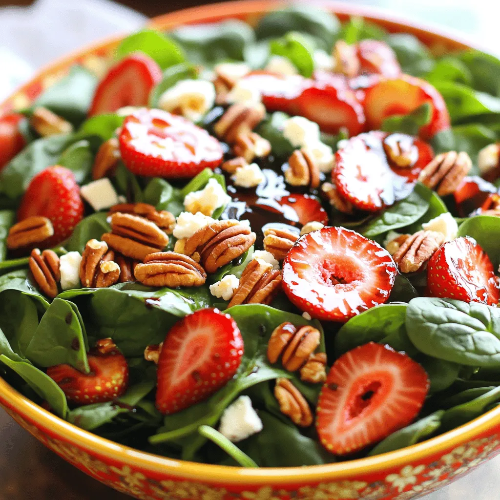 Für diesen frischen Salat braucht man einige einfache, aber leckere Zutaten. Hier sind die Hauptzutaten: - 6 Tassen frischer Babyspinat, gewaschen und getrocknet - 2 Tassen Erdbeeren, entkelcht und in Scheiben geschnitten - 1 Tasse Pekannüsse, grob gehackt und geröstet - 1/2 rote Zwiebel, dünn geschnitten - 1/2 Tasse Feta-Käse, zerbröselt Diese Zutaten bringen eine tolle Mischung aus Texturen und Aromen. Der Spinat ist knackig und frisch, während die Erdbeeren süß und saftig sind. Die Pekannüsse fügen einen schönen Crunch hinzu, und der Feta-Käse bietet eine cremige Komponente. Das Dressing macht den Salat besonders lecker. Für das Dressing benötigst du: - 1/4 Tasse Balsamico-Essig - 2 Esslöffel Honig - 1/4 Tasse natives Olivenöl extra - Salz und Pfeffer nach Geschmack Diese Mischung aus Balsamico-Essig und Honig sorgt für eine süß-saure Note. Das Olivenöl macht das Dressing glatt und reichhaltig. Ein wenig Salz und Pfeffer bringen all die Aromen zusammen. Wenn du den Salat noch interessanter machen möchtest, kannst du einige optionale Toppings hinzufügen: - Weitere Erdbeeren, in Scheiben geschnitten - Ganze Pekannüsse für extra Crunch - Ein Spritzer Balsamico-Glasur für einen süßen Akzent Diese Toppings verleihen dem Salat nicht nur mehr Geschmack, sondern machen ihn auch schön anzusehen. Du kannst kreativ werden und deinen eigenen Stil einbringen. Wenn du mehr Infos zu diesem Rezept suchst, schaue dir das Full Recipe an. Um das Dressing zuzubereiten, benötigen wir eine kleine Schüssel. Dort geben wir 1/4 Tasse Balsamico-Essig, 2 Esslöffel Honig und 1/4 Tasse natives Olivenöl extra. Jetzt verquirlen wir alles gut. Achten Sie darauf, dass sich die Zutaten gut vermischen. Dann schmecken wir das Dressing mit Salz und Pfeffer ab. Wenn es gut schmeckt, stellen wir es beiseite. Für die Pekannüsse nehmen wir eine trockene Pfanne und erhitzen sie bei mittlerer Hitze. Dann fügen wir 1 Tasse grob gehackte Pekannüsse hinzu. Wir rösten sie etwa 4 bis 5 Minuten. Dabei rühren wir oft um, damit sie nicht anbrennen. Wenn die Nüsse duften und goldbraun sind, nehmen wir die Pfanne vom Herd. Lassen Sie die Nüsse abkühlen, bevor wir sie verwenden. Jetzt kommt der spannende Teil! In einer großen Schüssel geben wir 6 Tassen frischen Babyspinat, 2 Tassen geschnittene Erdbeeren, die gerösteten Pekannüsse und 1/2 dünn geschnittene rote Zwiebel. Dann fügen wir 1/2 Tasse zerbröselten Feta-Käse hinzu. Vorsichtig mischen wir alles, damit die Zutaten gut verteilt sind. Schließlich träufeln wir das vorbereitete Dressing gleichmäßig über den Salat und vermengen alles. Servieren Sie den Salat auf einer schönen Platte oder in Schalen. Genießen Sie den Erdbeer-Spinat-Pekan-Salat frisch und knackig! Rösten von Pekannüssen ist einfach und macht sie lecker. Hier sind einige Schritte, die ich immer befolge: - Verwenden Sie eine trockene Pfanne. Kein Öl nötig. - Erhitzen Sie die Pfanne auf mittlerer Hitze. - Fügen Sie die gehackten Pekannüsse hinzu und rühren Sie sie häufig um. - Rösten Sie sie für etwa 4-5 Minuten. - Achten Sie darauf, dass sie nicht verbrennen. Sie sind fertig, wenn sie stark duften. Frische ist der Schlüssel für einen tollen Salat. Hier sind meine besten Tipps: - Bereiten Sie die Zutaten separat vor. Mischen Sie sie erst kurz vor dem Servieren. - Lagern Sie das Dressing in einem eigenen Behälter. So bleibt der Salat knackig. - Wickeln Sie den Salat in ein feuchtes Tuch, wenn Sie ihn im Kühlschrank aufbewahren. - Verwenden Sie einen luftdichten Behälter für die Nüsse. So bleiben sie knusprig. Der Erdbeer-Spinat-Pekan-Salat lässt sich leicht anpassen. Hier sind einige Ideen: - Fügen Sie andere Früchte wie Äpfel oder Mandarinen hinzu. - Probieren Sie verschiedene Nüsse wie Walnüsse oder Mandeln. - Verwenden Sie anderen Käse, wie Ziegenkäse oder Parmesan, für einen anderen Geschmack. - Experimentieren Sie mit dem Dressing. Ein wenig Senf kann eine tolle Note geben. Diese Tipps helfen Ihnen, den perfekten Erdbeer-Spinat-Pekan-Salat zu machen. Für das vollständige Rezept und weitere Details, schauen Sie sich das [Full Recipe] an. {{image_4}} Um eine vegane Variante des Erdbeer-Spinat-Pekan-Salats zu machen, ersetzen Sie den Feta-Käse. Cashew-Creme ist eine tolle Option. Sie ist cremig und voll von Geschmack. Verwenden Sie einfach eingeweichte Cashews, die Sie pürieren. Fügen Sie etwas Zitronensaft und Salz hinzu. So erhalten Sie eine leckere, pflanzliche Alternative. Sie können den Salat nach Ihrem Geschmack anpassen. Fügen Sie Avocado für eine cremige Textur hinzu. Ein paar Scheiben Mango bringen eine süße Note. Auch etwas Quinoa macht den Salat nahrhafter. Für mehr Crunch können Sie Karotten oder Radieschen hinzufügen. Diese Zutaten bringen Abwechslung und neue Geschmäcker. Je nach Saison können Sie den Salat variieren. Im Frühling sind frische Kräuter wie Minze oder Basilikum lecker. Im Herbst ersetzen Sie die Erdbeeren durch Äpfel oder Birnen. Diese Früchte bringen Süße und Frische. Im Winter können Sie Granatapfelkerne hinzufügen. Sie geben eine tolle Farbe und einen fruchtigen Biss. Probieren Sie die Varianten aus und finden Sie Ihre Lieblingskombination! Für das vollständige Rezept besuchen Sie [Full Recipe]. Es ist einfach, Reste des Erdbeer-Spinat-Pekan-Salats zu lagern. Verwenden Sie einen luftdichten Behälter, um den Salat frisch zu halten. Achten Sie darauf, das Dressing separat zu lagern. So bleibt der Spinat knackig und die Erdbeeren frisch. Im Kühlschrank hält sich der Salat etwa 2 bis 3 Tage. Nach dieser Zeit könnte der Spinat welken und die Erdbeeren matschig werden. Es ist am besten, den Salat so schnell wie möglich zu genießen. Wenn Sie den Salat länger aufbewahren möchten, essen Sie die Reste in den ersten Tagen. Einfrieren ist nicht ideal für diesen Salat. Die Textur der Erdbeeren und des Spinats leidet beim Einfrieren. Wenn Sie dennoch Reste einfrieren möchten, entfernen Sie das Dressing zuerst. Lagern Sie die trockenen Zutaten in einem gefrierfesten Behälter. Denken Sie daran, dass der Salat nach dem Auftauen nicht mehr frisch aussieht. Genießen Sie ihn lieber frisch, wenn möglich. Für die vollständige Anleitung und Tipps, schauen Sie sich das Rezept für den Erdbeer-Spinat-Pekan-Delight an! Um den Erdbeer-Spinat-Pekan-Salat glutenfrei zu machen, achte auf die Zutaten. Das Dressing ist normalerweise glutenfrei, solange der Balsamico-Essig keine Zusatzstoffe enthält. Viele Essige sind sicher, aber überprüfe die Etiketten. Feta-Käse ist auch in der Regel glutenfrei. Wenn du sicher sein willst, verwende frische, unverarbeitete Produkte. So hast du einen gesunden Salat. Ja, du kannst andere Nüsse verwenden. Walnüsse oder Mandeln sind tolle Alternativen. Sie bringen einen anderen Geschmack und eine andere Textur. Wenn du auf Nüsse allergisch bist, kannst du die Nüsse auch ganz weglassen. Der Salat bleibt frisch und lecker. Zu diesem Salat passen viele Beilagen gut. Gegrilltes Hähnchen oder Fisch machen ihn herzhaft. Auch Brot oder Brötchen sind eine gute Wahl. Wenn du es leicht magst, probiere Quinoa oder Couscous. Diese Beilagen ergänzen den Salat perfekt. Für die komplette Zubereitung, schau dir das [Full Recipe] an. Der Erdbeer-Spinat-Pekan-Salat ist frisch, nahrhaft und einfach zuzubereiten. Wir haben die Hauptzutaten, das Dressing und die optionalen Toppings besprochen. Du hast auch gelernt, wie du Nüsse richtig röstest und den Salat frisch hältst. Variationen mit veganen Optionen und saisonalen Zutaten machen den Salat spannend. Schließlich habe ich Informationen zur Lagerung und Antworten auf häufige Fragen gegeben. Probiere diesen Salat aus und bring Farbe auf deinen Teller!