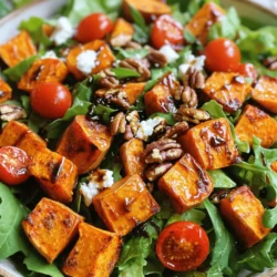 - 4 mittelgroße Süßkartoffeln, geschält und gewürfelt - 3 Esslöffel Olivenöl - 4 Tassen gemischte Blattsalate (Rucola, Spinat oder Grünkohl) Die Süßkartoffeln sind das Herzstück dieses Salats. Sie haben eine süße und cremige Textur. Ich schäle sie und schneide sie in gleichmäßige Würfel. Dies hilft beim gleichmäßigen Rösten. Das Olivenöl sorgt für eine schöne Bräunung und Geschmack. Die Blattsalate bringen Frische und Knusprigkeit. Ich mag es, verschiedene Blattsalate zu verwenden, um Abwechslung zu schaffen. - 1 Tasse Kirschtomaten, halbiert - ½ Tasse Feta-Käse, zerbröckelt - ¼ Tasse Pekannüsse, geröstet und grob gehackt Kirschtomaten fügen eine saftige Note hinzu. Ihr frischer Geschmack passt gut zu den Süßkartoffeln. Feta-Käse bringt eine salzige, cremige Komponente. Ich zerbröckele ihn direkt vor dem Servieren. Die Pekannüsse sind perfekt für einen knusprigen Biss. Ich röste sie leicht, um ihren Geschmack zu intensivieren. - 2 Esslöffel Balsamico-Essig - 1 Esslöffel Honig - Salz und Pfeffer nach Geschmack Das Dressing ist einfach, aber voller Geschmack. Balsamico-Essig bringt Säure und Tiefe. Der Honig gibt eine süße Note. Ich mische alles gut, bevor ich es über den Salat träufle. So wird jede Zutat gleichmäßig gewürzt. Für das vollständige Rezept, siehe [Full Recipe]. Heize den Ofen auf 220°C (425°F) vor. Nimm die Süßkartoffeln und schäle sie. Schneide sie dann in kleine Würfel. Gib die gewürfelten Süßkartoffeln in eine große Schüssel. Füge das Olivenöl, den geräucherten Paprika, den Kreuzkümmel, Salz und Pfeffer hinzu. Mische alles gut, bis alle Stücke gleichmäßig bedeckt sind. Verteile die marinierten Süßkartoffeln auf einem Backblech. Achte darauf, dass sie in einer einzigen Schicht liegen. Röste die Süßkartoffeln für 25-30 Minuten. Wende die Stücke nach der Hälfte der Zeit, damit sie gleichmäßig garen. Die Süßkartoffeln sind fertig, wenn sie zart und leicht karamellisiert sind. Während die Süßkartoffeln im Ofen sind, kannst du das Dressing vorbereiten. Mische in einer kleinen Schüssel den Balsamico-Essig, den Honig, Salz und Pfeffer gut zusammen. Stelle das Dressing beiseite. In einer großen Salatschüssel kombiniere die gemischten Blattsalate, die Kirschtomaten, den zerbröckelten Feta-Käse und die gehackten Pekannüsse. Lass die gerösteten Süßkartoffeln leicht abkühlen, bevor du sie zur Salatschüssel gibst. Träufle das Dressing über den Salat und mische alles vorsichtig. Probiere den Salat und passe die Gewürze nach deinem Geschmack an. Garniere ihn mit frischer Petersilie oder Koriander. Um die besten Röstergebnisse zu erzielen, müssen Sie die Süßkartoffeln gut wenden. Wenden Sie die Stücke nach der Hälfte der Röstdauer. So werden sie gleichmäßig gar und erhalten eine schöne Karamellisierung. Stellen Sie sicher, dass die Stücke eine gleichmäßige Schicht auf dem Backblech bilden. Die optimale Röstdauer liegt bei 25 bis 30 Minuten. Achten Sie darauf, dass sie zart und goldbraun sind, bevor Sie sie herausnehmen. Planen Sie die Zubereitung des Salats im Voraus. Sie können die Süßkartoffeln am Morgen rösten und im Kühlschrank aufbewahren. Das macht die Zubereitung später einfacher. Garnieren Sie den Salat kurz vor dem Servieren. Frische Kräuter wie Petersilie oder Koriander verleihen dem Gericht mehr Farbe und Geschmack. Ein zusätzlicher Spritzer Balsamico-Essig kurz vor dem Servieren kann den Geschmack intensivieren. Jeder hat unterschiedliche Geschmäcker. Für eine scharfe Note können Sie etwas Chili-Pulver hinzufügen. Mögen Sie es süßer? Probieren Sie es mit mehr Honig im Dressing. Wenn jemand Allergien hat, ersetzen Sie den Feta durch einen veganen Käse oder lassen Sie ihn ganz weg. Bei Nussallergien können Sie die Pekannüsse durch Sonnenblumenkerne ersetzen. So bleibt der Salat lecker und anpassbar für alle. {{image_4}} Wenn Sie den Feta-Käse ersetzen möchten, probieren Sie eine vegane Alternative. Cashewkäse oder würziger Tofu sind tolle Optionen. Diese geben dem Salat eine ähnliche Textur und Geschmack. Für ein einfaches veganes Dressing mischen Sie Olivenöl, Zitronensaft, Senf und etwas Ahornsirup. Das gibt dem Salat eine frische Note. Fügen Sie zusätzliche Gemüsesorten hinzu, um mehr Geschmack und Farbe zu bringen. Paprika, Avocado oder Gurken passen gut zu diesem Salat. Wenn Sie mehr Protein brauchen, sind Kichererbsen oder schwarze Bohnen eine gute Wahl. Diese machen den Salat nahrhafter und sättigender. Nutzen Sie das Gemüse der Saison, um den Geschmack zu verbessern. Im Frühling können Sie Spargel oder Radieschen hinzufügen. Im Herbst sind Rote Bete oder Kürbis eine gute Wahl. Für saisonale Dressings verwenden Sie frische Kräuter oder Zitrusfrüchte. Das verleiht dem Salat eine besondere Note und macht ihn noch frischer. Um den gerösteten Süßkartoffelsalat frisch zu halten, lagere ihn im Kühlschrank. Verwende einen luftdichten Behälter. So bleibt der Salat knackig und lecker. Der gesunde Salat hält sich etwa 3 bis 4 Tage. Achte darauf, ihn nicht zu lange stehen zu lassen. Um die Frische zu bewahren, trenne das Dressing vom Salat. Mische es erst kurz vor dem Servieren. Dies sorgt dafür, dass der Salat nicht matschig wird. Du kannst den Salat auch im Voraus zubereiten. Röste die Süßkartoffeln und lagere sie getrennt. So bleiben sie frisch und schmackhaft. Du kannst die anderen Zutaten ebenfalls vorbereiten. Mische alles nach Bedarf. Wenn du den Salat einfrieren möchtest, lasse ihn abkühlen, bevor du ihn in einem Behälter verstaut. Zum Auftauen lege den Salat einfach in den Kühlschrank über Nacht. Serviere ihn kalt oder bei Zimmertemperatur. Vermeide es, ihn erneut zu erwärmen. So behält der Salat seinen besten Geschmack. Der geröstete Süßkartoffelsalat hält sich gut im Kühlschrank. Du kannst ihn bis zu drei Tage lang aufbewahren. Achte darauf, ihn in einem luftdichten Behälter zu lagern. So bleibt der Salat frisch und schmackhaft. Wenn du ihn länger aufbewahren möchtest, ist es besser, die Zutaten getrennt zu lagern. Ja, du kannst den Salat warm servieren. Viele Menschen genießen die Süßkartoffeln warm. Wenn du den Salat warm magst, lass die Süßkartoffeln nicht zu lange abkühlen. Mische sie dann sofort mit den anderen Zutaten. Dadurch bleibt der Geschmack besser erhalten. Ja, der Salat ist glutenfrei. Alle Zutaten, die du für diesen Salat verwendest, enthalten kein Gluten. Dies macht ihn ideal für Menschen mit Glutenunverträglichkeit. Achte darauf, dass die verwendeten Gewürze und der Feta-Käse ebenfalls glutenfrei sind. So kannst du sicherstellen, dass der Salat für alle geeignet ist. Für die vollständige Zubereitung des Salats, siehe das Rezept „Gerösteter Süßkartoffelsalat“. Dieser Blogbeitrag bietet Ihnen ein einfaches Rezept für einen Süßkartoffelsalat. Wir haben die Zutaten und Zubereitung Schritt für Schritt erklärt. Die Tipps helfen Ihnen, den Salat perfekt zuzubereiten und anzupassen. Denken Sie daran, dass Sie die Zutaten nach Ihrem Geschmack wählen können. Mit diesen Tipps wird der Salat frisch und lecker bleiben. Viel Spaß beim Ausprobieren!