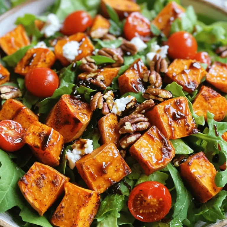 - 4 mittelgroße Süßkartoffeln, geschält und gewürfelt - 3 Esslöffel Olivenöl - 4 Tassen gemischte Blattsalate (Rucola, Spinat oder Grünkohl) Die Süßkartoffeln sind das Herzstück dieses Salats. Sie haben eine süße und cremige Textur. Ich schäle sie und schneide sie in gleichmäßige Würfel. Dies hilft beim gleichmäßigen Rösten. Das Olivenöl sorgt für eine schöne Bräunung und Geschmack. Die Blattsalate bringen Frische und Knusprigkeit. Ich mag es, verschiedene Blattsalate zu verwenden, um Abwechslung zu schaffen. - 1 Tasse Kirschtomaten, halbiert - ½ Tasse Feta-Käse, zerbröckelt - ¼ Tasse Pekannüsse, geröstet und grob gehackt Kirschtomaten fügen eine saftige Note hinzu. Ihr frischer Geschmack passt gut zu den Süßkartoffeln. Feta-Käse bringt eine salzige, cremige Komponente. Ich zerbröckele ihn direkt vor dem Servieren. Die Pekannüsse sind perfekt für einen knusprigen Biss. Ich röste sie leicht, um ihren Geschmack zu intensivieren. - 2 Esslöffel Balsamico-Essig - 1 Esslöffel Honig - Salz und Pfeffer nach Geschmack Das Dressing ist einfach, aber voller Geschmack. Balsamico-Essig bringt Säure und Tiefe. Der Honig gibt eine süße Note. Ich mische alles gut, bevor ich es über den Salat träufle. So wird jede Zutat gleichmäßig gewürzt. Für das vollständige Rezept, siehe [Full Recipe]. Heize den Ofen auf 220°C (425°F) vor. Nimm die Süßkartoffeln und schäle sie. Schneide sie dann in kleine Würfel. Gib die gewürfelten Süßkartoffeln in eine große Schüssel. Füge das Olivenöl, den geräucherten Paprika, den Kreuzkümmel, Salz und Pfeffer hinzu. Mische alles gut, bis alle Stücke gleichmäßig bedeckt sind. Verteile die marinierten Süßkartoffeln auf einem Backblech. Achte darauf, dass sie in einer einzigen Schicht liegen. Röste die Süßkartoffeln für 25-30 Minuten. Wende die Stücke nach der Hälfte der Zeit, damit sie gleichmäßig garen. Die Süßkartoffeln sind fertig, wenn sie zart und leicht karamellisiert sind. Während die Süßkartoffeln im Ofen sind, kannst du das Dressing vorbereiten. Mische in einer kleinen Schüssel den Balsamico-Essig, den Honig, Salz und Pfeffer gut zusammen. Stelle das Dressing beiseite. In einer großen Salatschüssel kombiniere die gemischten Blattsalate, die Kirschtomaten, den zerbröckelten Feta-Käse und die gehackten Pekannüsse. Lass die gerösteten Süßkartoffeln leicht abkühlen, bevor du sie zur Salatschüssel gibst. Träufle das Dressing über den Salat und mische alles vorsichtig. Probiere den Salat und passe die Gewürze nach deinem Geschmack an. Garniere ihn mit frischer Petersilie oder Koriander. Um die besten Röstergebnisse zu erzielen, müssen Sie die Süßkartoffeln gut wenden. Wenden Sie die Stücke nach der Hälfte der Röstdauer. So werden sie gleichmäßig gar und erhalten eine schöne Karamellisierung. Stellen Sie sicher, dass die Stücke eine gleichmäßige Schicht auf dem Backblech bilden. Die optimale Röstdauer liegt bei 25 bis 30 Minuten. Achten Sie darauf, dass sie zart und goldbraun sind, bevor Sie sie herausnehmen. Planen Sie die Zubereitung des Salats im Voraus. Sie können die Süßkartoffeln am Morgen rösten und im Kühlschrank aufbewahren. Das macht die Zubereitung später einfacher. Garnieren Sie den Salat kurz vor dem Servieren. Frische Kräuter wie Petersilie oder Koriander verleihen dem Gericht mehr Farbe und Geschmack. Ein zusätzlicher Spritzer Balsamico-Essig kurz vor dem Servieren kann den Geschmack intensivieren. Jeder hat unterschiedliche Geschmäcker. Für eine scharfe Note können Sie etwas Chili-Pulver hinzufügen. Mögen Sie es süßer? Probieren Sie es mit mehr Honig im Dressing. Wenn jemand Allergien hat, ersetzen Sie den Feta durch einen veganen Käse oder lassen Sie ihn ganz weg. Bei Nussallergien können Sie die Pekannüsse durch Sonnenblumenkerne ersetzen. So bleibt der Salat lecker und anpassbar für alle. {{image_4}} Wenn Sie den Feta-Käse ersetzen möchten, probieren Sie eine vegane Alternative. Cashewkäse oder würziger Tofu sind tolle Optionen. Diese geben dem Salat eine ähnliche Textur und Geschmack. Für ein einfaches veganes Dressing mischen Sie Olivenöl, Zitronensaft, Senf und etwas Ahornsirup. Das gibt dem Salat eine frische Note. Fügen Sie zusätzliche Gemüsesorten hinzu, um mehr Geschmack und Farbe zu bringen. Paprika, Avocado oder Gurken passen gut zu diesem Salat. Wenn Sie mehr Protein brauchen, sind Kichererbsen oder schwarze Bohnen eine gute Wahl. Diese machen den Salat nahrhafter und sättigender. Nutzen Sie das Gemüse der Saison, um den Geschmack zu verbessern. Im Frühling können Sie Spargel oder Radieschen hinzufügen. Im Herbst sind Rote Bete oder Kürbis eine gute Wahl. Für saisonale Dressings verwenden Sie frische Kräuter oder Zitrusfrüchte. Das verleiht dem Salat eine besondere Note und macht ihn noch frischer. Um den gerösteten Süßkartoffelsalat frisch zu halten, lagere ihn im Kühlschrank. Verwende einen luftdichten Behälter. So bleibt der Salat knackig und lecker. Der gesunde Salat hält sich etwa 3 bis 4 Tage. Achte darauf, ihn nicht zu lange stehen zu lassen. Um die Frische zu bewahren, trenne das Dressing vom Salat. Mische es erst kurz vor dem Servieren. Dies sorgt dafür, dass der Salat nicht matschig wird. Du kannst den Salat auch im Voraus zubereiten. Röste die Süßkartoffeln und lagere sie getrennt. So bleiben sie frisch und schmackhaft. Du kannst die anderen Zutaten ebenfalls vorbereiten. Mische alles nach Bedarf. Wenn du den Salat einfrieren möchtest, lasse ihn abkühlen, bevor du ihn in einem Behälter verstaut. Zum Auftauen lege den Salat einfach in den Kühlschrank über Nacht. Serviere ihn kalt oder bei Zimmertemperatur. Vermeide es, ihn erneut zu erwärmen. So behält der Salat seinen besten Geschmack. Der geröstete Süßkartoffelsalat hält sich gut im Kühlschrank. Du kannst ihn bis zu drei Tage lang aufbewahren. Achte darauf, ihn in einem luftdichten Behälter zu lagern. So bleibt der Salat frisch und schmackhaft. Wenn du ihn länger aufbewahren möchtest, ist es besser, die Zutaten getrennt zu lagern. Ja, du kannst den Salat warm servieren. Viele Menschen genießen die Süßkartoffeln warm. Wenn du den Salat warm magst, lass die Süßkartoffeln nicht zu lange abkühlen. Mische sie dann sofort mit den anderen Zutaten. Dadurch bleibt der Geschmack besser erhalten. Ja, der Salat ist glutenfrei. Alle Zutaten, die du für diesen Salat verwendest, enthalten kein Gluten. Dies macht ihn ideal für Menschen mit Glutenunverträglichkeit. Achte darauf, dass die verwendeten Gewürze und der Feta-Käse ebenfalls glutenfrei sind. So kannst du sicherstellen, dass der Salat für alle geeignet ist. Für die vollständige Zubereitung des Salats, siehe das Rezept „Gerösteter Süßkartoffelsalat“. Dieser Blogbeitrag bietet Ihnen ein einfaches Rezept für einen Süßkartoffelsalat. Wir haben die Zutaten und Zubereitung Schritt für Schritt erklärt. Die Tipps helfen Ihnen, den Salat perfekt zuzubereiten und anzupassen. Denken Sie daran, dass Sie die Zutaten nach Ihrem Geschmack wählen können. Mit diesen Tipps wird der Salat frisch und lecker bleiben. Viel Spaß beim Ausprobieren!