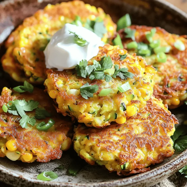 Für die Zucchini-Mais-Puffer brauchst du einige wichtige Zutaten. Hier sind sie: - 2 mittelgroße Zucchini, gerieben - 1 Tasse süßer Mais (frisch, aus der Dose oder gefroren) - 1/2 Tasse Weizenmehl - 1/4 Tasse Polenta oder Maismehl - 2 große Eier - 1/4 Tasse grüne Zwiebeln, fein gehackt - 1 Teelöffel Knoblauchpulver - 1 Teelöffel Zwiebelpulver - 1/2 Teelöffel Paprika - Salz und Pfeffer nach Geschmack - Olivenöl zum Braten - Optional: frischer Koriander oder Petersilie zum Garnieren Diese Zutaten machen die Puffer lecker und nahrhaft. Die Zucchini bringt Feuchtigkeit, während der Mais Süße hinzufügt. Zusätzlich zu den Hauptzutaten kannst du einige weitere Zutaten nutzen. Du kannst Gewürze wie Kreuzkümmel oder Chili verwenden. Diese geben den Puffern einen tollen Geschmack. Frische Kräuter wie Koriander oder Petersilie machen die Puffer noch aromatischer. Sie sind nicht nur lecker, sondern auch gesund. Diese Kräuter sind reich an Vitaminen und Antioxidantien. Die Auswahl frischer Zutaten ist wichtig. Achte darauf, dass die Zucchini fest und glänzend ist. So weißt du, dass sie frisch ist. Wenn du Mais verwendest, wähle süßen, frischen oder tiefgekühlten. Vermeide Dosenmais mit Zucker. Achte beim Mehl darauf, dass es fein ist. Das hilft, die Puffer luftig zu halten. Diese Tipps helfen dir, die besten Zutaten für deine Zucchini-Mais-Puffer auszuwählen. Der Geschmack wird so viel besser. Du kannst auch die [Full Recipe] ansehen, um mehr über die Zubereitung zu erfahren. Zuerst nimmst du zwei mittelgroße Zucchini. Reibe sie mit einer Kastenreibe. Es ist wichtig, die Zucchini gut zu reiben. Danach legst du die geriebenen Zucchini in ein sauberes Küchentuch. Drücke so viel Feuchtigkeit wie möglich heraus. Dieser Schritt hilft, die Puffer knusprig zu machen. Wenn die Zucchini zu nass bleibt, werden die Puffer weich. In einer großen Schüssel gibst du die abgetropfte Zucchini. Füge eine Tasse süßen Mais hinzu. Du kannst frischen, Dosen- oder gefrorenen Mais verwenden. Danach kommen 1/2 Tasse Weizenmehl und 1/4 Tasse Polenta in die Schüssel. Schlage zwei große Eier hinein. Füge auch 1/4 Tasse fein gehackte grüne Zwiebeln hinzu. Dann kommen ein Teelöffel Knoblauchpulver, ein Teelöffel Zwiebelpulver und 1/2 Teelöffel Paprika. Vergiss nicht, mit Salz und Pfeffer zu würzen! Mische alles gut. Es sollte eine gleichmäßige Masse entstehen. Erhitze eine beschichtete Pfanne bei mittlerer Hitze. Gib genug Olivenöl hinein, um den Boden leicht zu bedecken. Warte, bis das Öl heiß ist. Nimm jeweils etwa 1/4 Tasse der Mischung und forme sie zu kleinen Puffern. Drücke sie leicht flach. Brate die Puffer etwa 3 bis 4 Minuten auf jeder Seite. Sie sollten goldbraun und knusprig sein. Achte darauf, die Hitze anzupassen, damit sie nicht anbrennen. Lege die fertigen Puffer auf einen Teller mit Küchenpapier. So kann das überschüssige Öl abtropfen. Wiederhole den Vorgang mit der restlichen Mischung und füge bei Bedarf mehr Öl hinzu. Für das vollständige Rezept, schau dir die Full Recipe an. Um die Puffer wirklich knusprig zu machen, drücke die Zucchini gut aus. Feuchtigkeit ist der Feind der Knusprigkeit. Ein Küchentuch hilft, die Flüssigkeit gut zu entfernen. Verwende außerdem eine hohe Temperatur beim Braten. Dadurch wird die Außenseite schön braun und knusprig. Das Öl muss heiß sein, bevor du die Puffer in die Pfanne gibst. So garen sie schnell und gleichmäßig. Ein häufiger Fehler ist, zu viel Teig in die Pfanne zu geben. Dadurch wird die Hitze blockiert und die Puffer werden nicht knusprig. Gib nur eine kleine Menge Teig in die Pfanne. Ein weiterer Fehler ist, die Puffer zu früh zu wenden. Lass sie in Ruhe, bis sie goldbraun sind. Zu viel Feuchtigkeit im Teig kann auch die Textur ruinieren. Achte darauf, dass du die Zucchini gut ausdrückst. Serviere die Puffer warm auf einem schönen Teller. Garniere sie mit frischem Koriander oder Petersilie. Ein Klecks Sauerrahm macht sie noch leckerer. Du kannst auch eine Avocadosoße dazu reichen. Diese Snacks passen gut zu einem Salat oder als Teil eines Buffets. Sie sind perfekt für Partys oder einfach zum Snacken. Wenn du magst, serviere sie mit einer scharfen Sauce für einen extra Kick. Das macht das Essen noch spannender! {{image_4}} Zucchini-Mais-Puffer sind von Natur aus einfach zu variieren. Für eine vegetarische Version können Sie die Eier durch Leinsamen ersetzen. Mischen Sie dazu einen Esslöffel gemahlenen Leinsamen mit drei Esslöffeln Wasser. Lassen Sie die Mischung kurz stehen, bis sie dick wird. Das gibt der Mischung die Bindung. Für eine vegane Option können Sie auch Kichererbsenmehl verwenden. Dies verleiht den Puffern einen nussigen Geschmack und sorgt für die nötige Konsistenz. Haben Sie Lust auf etwas mehr Geschmack? Fügen Sie geriebenen Käse hinzu! Cheddar oder Feta sind tolle Optionen. Sie schmelzen während des Bratens und machen die Puffer noch schmackhafter. Einige frische Kräuter wie Basilikum oder Schnittlauch geben den Puffern eine frische Note. Auch Gewürze wie Kreuzkümmel oder Chili-Pulver bringen eine würzige Tiefe. Experimentieren Sie mit verschiedenen Zutaten, um Ihren perfekten Snack zu finden. Die Zucchini-Mais-Puffer eignen sich ideal für saisonale Anpassungen. Im Sommer können frische Kräuter wie Dill oder Petersilie hinzugefügt werden. Im Herbst passen Kürbisstückchen gut dazu. Im Winter können Sie geriebenen Karotten und Gewürze wie Muskatnuss verwenden. Die Möglichkeiten sind endlos! Nutzen Sie frische Zutaten aus Ihrer Region. So machen Sie die Puffer nicht nur lecker, sondern auch gesund. Schauen Sie sich die [Full Recipe] an, um alle Zutaten und Schritte zu sehen. Um die Zucchini Corn Fritters frisch zu halten, lege sie in einen luftdichten Behälter. Stelle sicher, dass sie vollständig abgekühlt sind, bevor du sie lagerst. So bleibt ihre Knusprigkeit erhalten. Wenn du die Puffer stapelst, lege ein Blatt Küchenpapier dazwischen. Das hilft, Feuchtigkeit zu absorbieren und hält die Puffer knusprig. Wenn du die Puffer aufwärmen möchtest, benutze eine Pfanne anstelle der Mikrowelle. Erhitze etwas Olivenöl in der Pfanne und lege die Puffer hinein. Brate sie auf mittlerer Hitze für 2-3 Minuten auf jeder Seite. So werden sie wieder schön knusprig. Du kannst auch einen Toaster verwenden, um sie schnell aufzuwärmen. Die Puffer halten sich im Kühlschrank etwa 3 bis 5 Tage. Wenn du sie länger aufbewahren möchtest, friere sie ein. Lege die abgekühlten Puffer in einen Gefrierbeutel und entferne so viel Luft wie möglich. Im Gefrierschrank halten sie bis zu 3 Monate. Du kannst sie direkt aus dem Gefrierfach in die Pfanne legen, ohne sie vorher aufzutauen. Das spart Zeit und sorgt für einen tollen Snack! Zucchini-Mais-Puffer bleiben im Kühlschrank etwa 3 bis 4 Tage frisch. Bewahre sie in einem luftdichten Behälter auf. Wenn du länger aufbewahren möchtest, kannst du sie auch einfrieren. Achte darauf, die Puffer in einem Gefrierbeutel zu lagern. So bleiben sie bis zu 3 Monate haltbar. Ja, du kannst die Puffer auch im Ofen zubereiten. Heize den Ofen auf 200 Grad Celsius vor. Lege die Puffer auf ein Backblech mit Backpapier. Backe sie für etwa 20 bis 25 Minuten, bis sie goldbraun sind. Wende sie nach der Hälfte der Zeit, damit sie gleichmäßig garen. Diese Methode ist gesünder und spart Öl. Zucchini-Mais-Puffer schmecken toll mit verschiedenen Beilagen. Hier sind einige Vorschläge: - Sauerrahm oder griechischer Joghurt - Avocadosoße oder Guacamole - Ein frischer Salat mit Tomaten und Gurken - Salsa für einen würzigen Kick Für weitere Ideen, schau dir das [Full Recipe] an. Zucchini-Mais-Puffer sind einfach zuzubereiten und voller Geschmack. Wir haben die besten Zutaten und Schritte besprochen. Tipps für knusprige Puffer helfen euch, häufige Fehler zu vermeiden. Variationen bieten spannende Optionen für jeden Geschmack. Richtige Lagerung sichert die Frische, und die FAQs klären eure letzten Fragen. Experimentiert und genießt diese leckeren Puffer, die für jedes Essen passen!