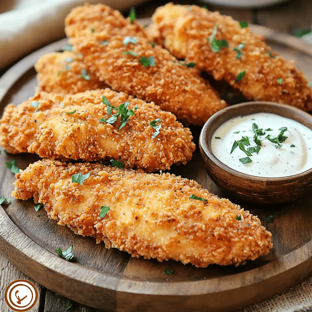 Für die würzigen Ranch Chicken Tenders brauchen Sie: - 450 g Hähnchenbrustfilets (Tenders) - 120 ml Buttermilch - 120 ml Ranch-Dressing Diese Zutaten sind wichtig für den Geschmack und die Textur. Die Hähnchenbrustfilets sind zart und saftig. Buttermilch macht das Fleisch weich und gibt einen tollen Geschmack. Ranch-Dressing sorgt für einen würzigen Kick. Für die Marinade und Panade benötigen Sie: - 130 g Allzweckmehl - 60 g Maismehl - 2 Teelöffel Paprika - 1 Teelöffel Knoblauchpulver - 1 Teelöffel Zwiebelpulver - 1 Teelöffel getrocknete Petersilie - Salz und Pfeffer nach Geschmack Die Marinade ist einfach. Mischen Sie Buttermilch und Ranch-Dressing zusammen. Lassen Sie die Hähnchenfilets darin marinieren. Für die Panade mischen Sie die trockenen Zutaten gut. Diese Mischung sorgt für einen knusprigen Biss. Zum Frittieren benötigen Sie: - Öl zum Frittieren (z. B. Pflanzenöl) Ein guter Topf oder eine Pfanne ist wichtig. Das Öl sollte etwa 1,5 cm hoch sein. Stellen Sie sicher, dass das Öl heiß genug ist, bevor Sie die Hähnchenfilets hinzufügen. So werden sie goldbraun und lecker. Für die vollständige Anleitung schauen Sie sich das Full Recipe an. Um die Marinade zu machen, mische ich zuerst die Buttermilch und das Ranch-Dressing in einer großen Schüssel. Diese Mischung macht das Hähnchen zart und gibt ihm viel Geschmack. Ich gebe dann die Hähnchenbrustfilets hinzu. Es ist wichtig, dass die Filets ganz in der Marinade liegen. Ich decke die Schüssel ab und stelle sie für mindestens 30 Minuten in den Kühlschrank. Wenn du mehr Geschmack willst, lasse sie bis zu 2 Stunden ziehen. Jetzt kommt der spaßige Teil: das Frittieren! Zuerst mische ich das Allzweckmehl, Maismehl und die Gewürze in einer separaten Schüssel. Diese Mischung sorgt für eine knusprige Panade. Ich erhitze etwa 1,5 cm Öl in einer großen Pfanne bei mittlerer Hitze. Es sollte heiß genug sein, um die Hähnchenfilets zu frittieren. Ich nehme die marinierten Hähnchenfilets aus der Marinade und lasse die überschüssige Flüssigkeit abtropfen. Dann wälze ich jedes Filet in der Panade und drücke leicht, damit alles gut haftet. Sobald das Öl heiß ist, gebe ich die panierten Filets portionsweise in die Pfanne. Ich frittiere sie etwa 3-4 Minuten pro Seite, bis sie goldbraun sind. Die perfekte Kerntemperatur beträgt 75°C. Danach lege ich die Hähnchenfilets auf einen Teller mit Küchenpapier, um das überschüssige Öl abzutropfen. Die würzigen Ranch Chicken Tenders sind jetzt bereit zum Servieren! Ich serviere sie warm und stelle ein kleines Schälchen mit Ranch-Dressing zum Dippen dazu. Für eine schöne Präsentation richte ich die Tenders auf einem großen Teller an und garniere sie mit frischen Kräutern. So sieht das Gericht nicht nur toll aus, sondern schmeckt auch fantastisch! Du kannst das ganze Rezept hier finden: [Full Recipe]. Die Marinierzeit ist wichtig. Eine Stunde ist gut, aber zwei Stunden bringen mehr Geschmack. Die Buttermilch und das Ranch-Dressing geben den Hähnchenfilets eine saftige Textur. Sie helfen auch, die Aromen besser aufzunehmen. Wenn du Zeit hast, marinier die Hähnchen über Nacht im Kühlschrank. So erhältst du ein intensives Aroma, das jeden Bissen köstlich macht. Für die perfekte Panade mische die trockenen Zutaten gut. Das Allzweckmehl und das Maismehl sorgen für eine knusprige Textur. Füge Paprika, Knoblauchpulver, Zwiebelpulver und Petersilie hinzu. Diese Gewürze bringen viel Geschmack. Wenn du die Hähnchenfilets in die Panade tauchst, drücke leicht an. So bleibt die Panade besser haften und wird beim Frittieren schön knusprig. Die Temperatur des Öls ist entscheidend. Ideal ist eine Hitze von 180 °C. Wenn das Öl zu kalt ist, wird die Panade matschig. Zu heißes Öl verbrennt die Panade. Du kannst die Temperatur mit einem Küchenthermometer messen. Ein guter Trick ist auch, ein Stück Brot ins Öl zu geben. Wenn es brutzelt, ist das Öl bereit. Frittier die Hähnchenfilets in kleinen Portionen. So gibst du jedem Stück genug Platz, um gleichmäßig zu garen. Das vollständige Rezept findest du hier: [Full Recipe]. {{image_4}} Wenn du etwas Neues ausprobieren möchtest, gibt es viele Alternativen für die Panade. Du kannst zum Beispiel Panko verwenden. Panko gibt den Tenders einen extra Crunch. Eine andere Option ist, die Panade mit gemahlenen Mandeln oder Haferflocken zu machen. Diese Varianten sind glutenfrei und bieten einen nussigen Geschmack. Für einen anderen Geschmack kannst du die Gewürze anpassen. Füge etwas Cayennepfeffer hinzu, wenn du es scharf magst. Oder probiere italienische Kräuter wie Oregano und Basilikum. Diese Gewürze geben den Tenders einen frischen, mediterranen Touch. Du kannst auch Käse wie Parmesan in die Panade mischen. Das macht die Tenders noch schmackhafter. Wenn du spezielle Diäten hast, gibt es einfache Anpassungen. Für eine vegane Variante kannst du das Hähnchen durch Blumenkohl oder Tofu ersetzen. Verwende pflanzliche Buttermilch und ein veganes Dressing. Für eine Low-Carb-Diät kannst du die Panade mit gemahlenen Nüssen oder Kokosmehl machen. So bleibt der Genuss erhalten, ohne die Kohlenhydrate zu erhöhen. Vergiss nicht, das vollständige Rezept zu prüfen, um deine eigenen Variationen zu planen! Um übrig gebliebene Chicken Tenders frisch zu halten, lege sie in den Kühlschrank. Stelle sicher, dass sie in einem luftdichten Behälter sind. So bleiben sie bis zu drei Tage genießbar. Vor dem Essen kannst du sie kurz aufwärmen. Das hilft, den Geschmack zu bewahren. Wiederverschließbare Behälter sind ideal für die Lagerung. Sie schützen die Chicken Tenders vor Luft und Feuchtigkeit. Alternativ kannst du Frischhaltefolie verwenden, um die Tenders abzudecken. Achte darauf, dass sie gut verpackt sind. So bleiben sie länger frisch und lecker. Wenn du die Chicken Tenders länger aufbewahren möchtest, friere sie ein. Lege sie in einen geeigneten Gefrierbeutel. Drücke die Luft heraus und schließe den Beutel gut. Im Gefrierfach halten sie bis zu drei Monate. Zum Aufwärmen, lasse sie zuerst im Kühlschrank auftauen. Dann kannst du sie in der Pfanne oder im Ofen aufwärmen. So bleiben sie knusprig und köstlich. Für die genaue Zubereitung schaue dir das [Full Recipe] an. Du kannst die Marinade bis zu drei Tage im Kühlschrank aufbewahren. Achte darauf, dass sie gut abgedeckt ist. So bleiben die Aromen frisch. Es ist wichtig, die Marinade nicht länger als nötig zu lagern, um ein optimales Geschmackserlebnis zu gewährleisten. Wenn du die Marinade länger aufbewahren möchtest, kannst du sie auch einfrieren. Ja, du kannst die Chicken Tenders auch im Ofen zubereiten. Heize deinen Ofen auf 200 Grad Celsius vor. Lege die panierten Hähnchenfilets auf ein Backblech, das mit Backpapier ausgelegt ist. Backe sie etwa 20 bis 25 Minuten, bis sie goldbraun sind. Drehe sie nach der Hälfte der Zeit um für eine gleichmäßige Bräunung. So bleiben sie saftig und lecker. Zu den zesty Ranch Chicken Tenders passen viele Beilagen. Hier einige Ideen: - Pommes frites oder Süßkartoffelpommes - Frischer Salat mit einer leichten Vinaigrette - Gegrilltes Gemüse, wie Zucchini oder Paprika - Reis oder Quinoa für eine sättigende Option - Ein cremiger Dip, wie zusätzliches Ranch-Dressing, zum Eintauchen Jede dieser Beilagen ergänzt den Geschmack und macht dein Gericht noch besser. Zusammenfassend haben wir die wichtigsten Schritte zur Zubereitung würziger Ranch Chicken Tenders behandelt. Wir haben uns die Zutaten, die Marinade und das Frittieren angeschaut. Tipps und Tricks helfen, die Tenders perfekt zuzubereiten. Für Abwechslung gibt es viele Variationen und Anpassungen. Denke auch an die richtige Lagerung der Reste. Ich hoffe, du hast jetzt mehr Lust, diese leckeren Chicken Tenders zuzubereiten. Viel Spaß beim Kochen!
