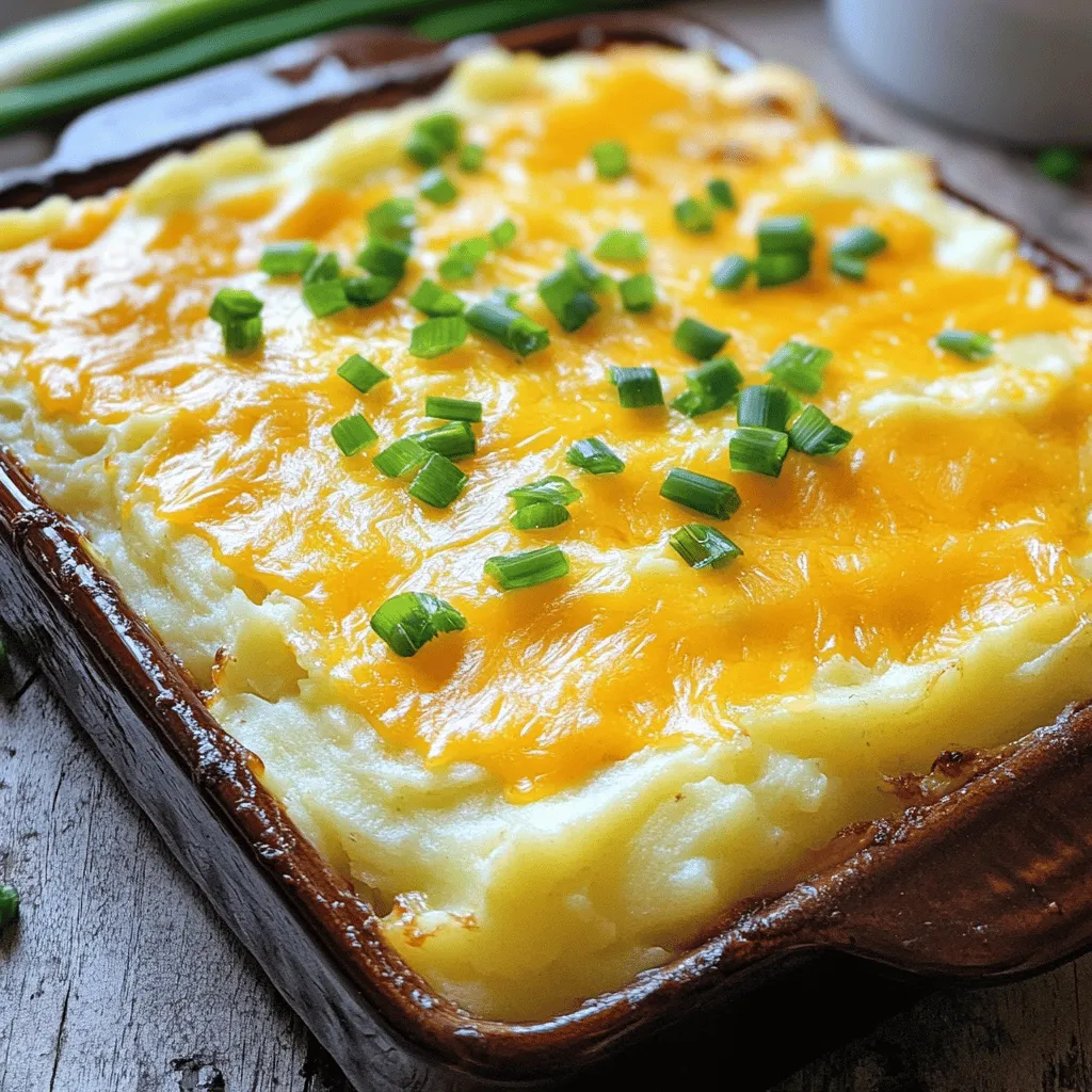 - 4 große Russet-Kartoffeln - 120 ml Frischkäse - 240 ml geriebener scharfer Cheddar-Käse - Gewürze: Knoblauchpulver, Zwiebelpulver Die Hauptzutaten sind einfach zu finden. Russet-Kartoffeln sind perfekt, weil sie viel Stärke haben. Dies macht den Auflauf schön cremig. Der Frischkäse und der scharfe Cheddar bringen viel Geschmack. Knoblauchpulver und Zwiebelpulver geben dem Gericht den letzten Schliff. - 120 ml saure Sahne - 60 ml geschmolzene Butter - 60 ml geriebener Parmesan-Käse Saure Sahne macht die Kartoffeln noch cremiger. Die geschmolzene Butter sorgt für einen tollen Geschmack. Parmesan-Käse gibt dem Auflauf eine zusätzliche Käsenote. All diese Zutaten zusammen ergeben einen köstlichen Käse Kartoffelauflauf. Dieser Käse Kartoffelauflauf hat 8 Portionen. Jede Portion hat viel Geschmack und ist sättigend. Die Nährwerte hängen von den genauen Zutaten ab. Für genauere Informationen empfehle ich, die [Full Recipe] anzuschauen. So kannst du die Nährwerte für deine Zutaten genau herausfinden. Zuerst schälen Sie die Kartoffeln. Danach würfeln Sie sie in kleine Stücke. Geben Sie die gewürfelten Kartoffeln in einen großen Topf. Fügen Sie kaltes Wasser hinzu, bis die Kartoffeln bedeckt sind. Streuen Sie eine Prise Salz ins Wasser. Bringen Sie das Wasser zum Kochen. Kochen Sie die Kartoffeln etwa 15 bis 20 Minuten. Prüfen Sie, ob sie zart sind. Lassen Sie die Kartoffeln gut abtropfen und geben Sie sie zurück in den Topf. Jetzt ist es Zeit, die Zutaten zu kombinieren. Geben Sie den weichen Frischkäse in die Kartoffeln. Fügen Sie die saure Sahne hinzu. Gießen Sie die geschmolzene Butter dazu. Streuen Sie das Knoblauchpulver und das Zwiebelpulver hinein. Geben Sie die Hälfte des Cheddars und Parmesan dazu. Zerdrücken Sie die Mischung mit einem Kartoffelstampfer. Machen Sie die Kartoffeln glatt und cremig. Schmecken Sie die Mischung mit Salz und Pfeffer ab. Füllen Sie die Kartoffelmasse in eine gefettete Auflaufform. Glätten Sie die Oberfläche mit einem Spatel. Streuen Sie den restlichen Cheddar und Parmesan oben drauf. Heizen Sie den Ofen auf 175°C vor. Schieben Sie die Auflaufform in den Ofen. Backen Sie den Auflauf für 25 bis 30 Minuten. Warten Sie, bis der Käse sprudelnd und goldbraun ist. Nehmen Sie den Auflauf heraus und lassen Sie ihn fünf Minuten ruhen. Garnieren Sie mit frisch gehackten Frühlingszwiebeln. Für das vollständige Rezept, schauen Sie sich den Full Recipe an. Um die Kartoffeln besonders cremig zu machen, ist es wichtig, sie gut zu kochen. Kochen Sie die Kartoffeln, bis sie zart sind. Das dauert etwa 15 bis 20 Minuten. Lassen Sie sie dann gut abtropfen. Geben Sie die Kartoffeln in einen großen Topf zurück. Fügen Sie Frischkäse und saure Sahne hinzu. Diese Zutaten helfen, die Kartoffeln schön glatt zu machen. Verwenden Sie einen Kartoffelstampfer oder einen Mixer, um die Mischung zu pürieren. Achten Sie darauf, keine Klumpen zu lassen. So wird Ihr Auflauf besonders cremig und lecker. Die Wahl des Käses ist entscheidend für den Geschmack. Ich empfehle, scharfen Cheddar-Käse zu verwenden. Dieser Käse gibt dem Gericht einen tollen Geschmack. Eine Kombination aus Cheddar und Parmesan funktioniert sehr gut. Parmesan bringt eine salzige Note ein. Wenn Sie experimentierfreudig sind, probieren Sie auch Gouda oder Gruyère. Diese Käsesorten haben eine tolle Schmelze und einen feinen Geschmack. Mischen Sie die Käsesorten, um eine interessante Geschmacksvielfalt zu erreichen. Garnierungen machen Ihren Käse Kartoffelauflauf noch besser. Ich empfehle, gehackte Frühlingszwiebeln zu nutzen. Sie bringen Frische und einen schönen Farbkontrast. Ein Spritzer frisch gepresster Zitronensaft kann ebenfalls einen tollen Kick geben. Für etwas Schärfe können Sie auch gehackte Jalapeños oder Paprika hinzufügen. Wenn Sie eine knusprige Textur wollen, streuen Sie etwas Panko über den Käse. Das sorgt für eine schöne Kruste. Servieren Sie den Auflauf in der Auflaufform und dekorieren Sie ihn direkt am Tisch. So bleibt er warm und einladend. Für das vollständige Rezept besuchen Sie bitte den Abschnitt [Full Recipe]. {{image_4}} Für eine fleischfreie Variante können Sie einige einfache Anpassungen vornehmen. Ersetzen Sie den Käse durch eine vegane Alternative. Achten Sie darauf, dass die saure Sahne ebenfalls vegan ist. Sie können auch pflanzliche Butter verwenden. So bleibt der Geschmack intensiv und die Textur cremig. Das Gericht bleibt lecker und sättigend. Um mehr Geschmack hinzuzufügen, können Sie Gemüse wie Spinat oder Brokkoli integrieren. Blanchieren Sie das Gemüse vor dem Mischen. Fügen Sie es einfach zu den Kartoffeln hinzu, wenn Sie die anderen Zutaten einarbeiten. Das Gemüse bringt nicht nur Farbe, sondern auch zusätzliche Nährstoffe in Ihr Gericht. Es macht den Auflauf noch gesünder. Für mehr Schärfe können Sie einige zusätzliche Gewürze verwenden. Fügen Sie einen Teelöffel Cayennepfeffer oder Paprika hinzu, um einen Kick zu bekommen. Auch frisch gehackte Jalapeños sind eine gute Wahl. Diese Zutaten geben dem Auflauf eine aufregende Note. Experimentieren Sie mit verschiedenen Gewürzen, um Ihren perfekten Geschmack zu finden. Bewahre die Reste des Käse Kartoffelauflaufs in einem luftdichten Behälter auf. Stelle sicher, dass der Auflauf vollständig abgekühlt ist, bevor du ihn in den Kühlschrank stellst. So bleibt der Geschmack frisch. Im Kühlschrank hält sich der Auflauf bis zu vier Tage. Wenn du länger aufbewahren willst, friere ihn ein. Verwende dafür einen gefrierfesten Behälter. So bleibt er bis zu drei Monate gut. Um den Auflauf wieder aufzuwärmen, heize den Ofen auf 175°C vor. Bedecke die Auflaufform mit Alufolie, damit der Käse nicht verbrennt. Backe den Auflauf 20 bis 25 Minuten, bis er heiß ist. Du kannst auch die Mikrowelle verwenden. Stelle die Mikrowelle auf mittlere Leistung und erwärme den Auflauf in kurzen Intervallen. Rühre zwischendurch um, damit er gleichmäßig warm wird. Die Haltbarkeit der Reste hängt von der Lagerung ab. Im Kühlschrank bleiben die Reste frisch für etwa vier Tage. Im Gefrierschrank kannst du sie bis zu drei Monate aufbewahren. Stelle sicher, dass du den Auflauf gut verpackst, um Gefrierbrand zu vermeiden. Wenn du ihn aufgetaut hast, verwende die Reste innerhalb von ein bis zwei Tagen. Die Zubereitung eines Käse Kartoffelauflaufs dauert insgesamt etwa 55 Minuten. - Vorbereitungszeit: 15 Minuten. - Kochzeit: 40 Minuten (15-20 Minuten für die Kartoffeln und 25-30 Minuten im Ofen). Diese Zeit reicht aus, um die Kartoffeln zu kochen und den Auflauf perfekt zu backen. Ja, du kannst den Auflauf im Voraus zubereiten. Das spart Zeit am Tag, an dem du ihn servieren möchtest. - Tipps zur Zubereitung im Voraus: - Koche die Kartoffeln und bereite die Mischung wie im Rezept beschrieben vor. - Fülle die Mischung in die Auflaufform, decke sie ab und stelle sie in den Kühlschrank. - Backe den Auflauf dann einfach, wenn du bereit bist. Vielleicht musst du die Backzeit um einige Minuten verlängern. Der Käse Kartoffelauflauf passt gut zu vielen Beilagen. - Vorschläge für passende Beilagen: - Ein frischer grüner Salat bringt einen knackigen Kontrast. - Gedünstetes Gemüse wie Brokkoli oder grüne Bohnen sind ebenfalls ideal. - Serviere dazu auch einen herzhaften Braten oder gegrilltes Hähnchen für eine vollständige Mahlzeit. Mit diesen Tipps wird dein Käse Kartoffelauflauf zum Star jeder Mahlzeit! Wenn du die volle Rezeptanleitung benötigst, schau dir den [Full Recipe] an. In diesem Artikel habe ich Ihnen alle wichtigen Schritte für einen Käse Kartoffelauflauf gegeben. Wir haben die Hauptzutaten, die Zubereitung und nützliche Tipps behandelt. Denken Sie daran, die Kartoffeln richtig vorzubereiten und die Käsesorten passend auszuwählen. Variationen wie vegetarische Optionen und zusätzliche Gewürze geben Ihnen noch mehr Möglichkeiten. Lagern Sie Reste gut, damit der Auflauf frisch bleibt. Kochen macht Spaß, und mit diesem Rezept werden Sie sicher begeistert sein!