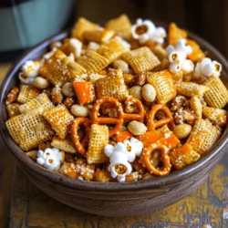 - 3 Tassen Rice Chex Frühstückszerealien - 3 Tassen Corn Chex Frühstückszerealien - 2 Tassen Brezelknötchen - 1 Tasse gemischte Nüsse (Cashews, Mandeln, Erdnüsse) - 1 Tasse ungesalzenes Popcorn - 1/2 Tasse ungesalzene Butter - 1/2 Tasse Buffalo-Sauce (nach Geschmack anpassen) Die Hauptzutaten machen diesen Snack knusprig und lecker. Rice Chex und Corn Chex geben die Basis. Diese Cerealien sind leicht und nehmen die Aromen gut auf. Brezelknötchen fügen einen salzigen Crunch hinzu. Gemischte Nüsse bringen gesunde Fette und zusätzlichen Biss. Ungesalzene Butter sorgt für eine reichhaltige Textur. Die Buffalo-Sauce verleiht dem Mix seine Schärfe und Würze. - 1 Päckchen Ranch-Dressing-Mix (ca. 28 g) - 1 Teelöffel Knoblauchpulver - 1 Teelöffel Zwiebelpulver - 1/2 Teelöffel geräuchertes Paprikapulver - 1/4 Teelöffel Cayennepfeffer (optional für mehr Schärfe) Die Gewürze sind das Geheimnis für den Geschmack. Ranch-Dressing-Mix bringt cremige Aromen. Knoblauchpulver und Zwiebelpulver fügen Tiefe hinzu. Geräuchertes Paprikapulver gibt eine leichte Rauchnote. Falls du es scharf magst, füge Cayennepfeffer hinzu. Die Mischung der Gewürze macht diesen Snack unwiderstehlich. Wenn du alle Zutaten zusammenfügst und backst, entsteht ein perfektes Snack-Erlebnis. Für die vollständige Anleitung zum Rezept, schau dir die Vollständige Rezept an. Heize deinen Ofen auf 120°C vor. Lege ein großes Backblech mit Backpapier aus. In einer großen Schüssel vermischst du die Hauptzutaten. Dazu gehören Rice Chex, Corn Chex, Brezelknötchen, gemischte Nüsse und Popcorn. Stelle die Mischung beiseite. Schmelze die ungesalzene Butter in einem kleinen Topf bei mittlerer Hitze. Nimm den Topf vom Herd, wenn die Butter geschmolzen ist. Füge die Buffalo-Sauce hinzu und rühre gut um. Dann gib den Ranch-Dressing-Mix, Knoblauchpulver, Zwiebelpulver, geräuchertes Paprikapulver und optional Cayennepfeffer dazu. Rühre alles gut durch, bis die Mischung gleichmäßig ist. Gieße die Butter-Gewürz-Mischung über die Chex-Mix. Rühre vorsichtig um, bis alle Teile gut bedeckt sind. Verteile die Mischung gleichmäßig auf dem Backblech. Backe die Mischung eine Stunde lang. Rühre alle 15 Minuten um, um ein gleichmäßiges Rösten zu gewährleisten. Lass die Mischung nach dem Backen auf dem Blech abkühlen. Dann kannst du sie in einem luftdichten Behälter aufbewahren. Um die beste Konsistenz zu erzielen, müssen Sie die Mischung gut rühren. Jeder Snack sollte gleichmäßig mit der Sauce bedeckt sein. Das sorgt für einen schmackhaften Biss. Passen Sie die Backzeit an, um die perfekte Knusprigkeit zu erreichen. Rühren Sie alle 15 Minuten um, um ein gleichmäßiges Rösten sicherzustellen. So bleibt jede Zutat frisch und knusprig. Möchten Sie mehr Schärfe? Fügen Sie einfach etwas Cayennepfeffer hinzu. Schmecken Sie die Mischung ab, um die Schärfe nach Ihrem Wunsch anzupassen. Variieren Sie die Gewürze nach Ihrem Geschmack. Zum Beispiel können Sie verschiedene Kräuter oder auch andere Gewürzmischungen verwenden. Das gibt Ihrem Chex Mix eine persönliche Note. Präsentieren Sie Ihren Buffalo Ranch Chex Mix in einer großen Schüssel. Das sieht einladend aus und macht Spaß beim Teilen. Sie können frische Kräuter wie Schnittlauch oder Petersilie hinzufügen. Das gibt einen schönen Farbkontrast. Servieren Sie dazu kalte Getränke, wie Limonade oder Bier. So wird Ihr Snack zum Hit bei jeder Feier! {{image_4}} Wenn du eine gesunde Version von Buffalo Ranch Chex Mix machen möchtest, probiere Vollkorn-Chex. Diese bieten mehr Ballaststoffe. Du kannst auch Nüsse und Trockenfrüchte hinzufügen. Mandeln oder Cranberries sind tolle Optionen. Sie machen den Snack nahrhafter und geben zusätzlichen Geschmack. Du kannst die Wisconsin-Käsewürfel durch eine pflanzliche Alternative ersetzen. Veganer Käse ist eine gute Wahl. Auch vegane Butteralternativen sind ideal. So bleibt der Mix lecker und für alle geeignet. Für den Herbst kannst du herbstliche Gewürze wie Zimt oder Muskat hinzufügen. Diese verleihen dem Mix eine tolle Note. Für die Feiertage kannst du eine festliche Version mit Cranberries und Nüssen machen. Diese Variationen machen den Snack zu einem besonderen Erlebnis. Das Rezept ist flexibel, sodass du es nach deinem Geschmack anpassen kannst. Erlaube dir, kreativ zu sein und deinen eigenen Stil zu finden. Buffalo Ranch Chex Mix bleibt frisch, wenn du ihn richtig lagerst. Bewahre den Mix in einem luftdichten Behälter auf. So bleibt er knusprig und lecker. Wenn du den Chex Mix im Kühlschrank lagerst, bleibt er bis zu zwei Wochen gut. Achte darauf, dass der Behälter gut verschlossen ist. Wenn du den Chex Mix bei Raumtemperatur lagerst, ist das auch möglich. Verwende einen luftdichten Behälter, um die Frische zu bewahren. Halte den Mix von direkter Sonne fern. So bleibt der Snack länger haltbar. Achte darauf, keine Feuchtigkeit in den Behälter zu lassen. Das hilft, Verdorbenheit zu vermeiden. Nach ein paar Tagen solltest du den Mix überprüfen. Wenn er weich wird, ist es Zeit, ihn zu essen! Buffalo Ranch Chex Mix bleibt frisch, wenn du es in einem luftdichten Behälter aufbewahrst. So bleibt der Snack bis zu zwei Wochen haltbar. Die Mischung wird knusprig und lecker bleiben, solange du sie richtig lagerst. Achte darauf, dass die Mischung vollständig abgekühlt ist, bevor du sie verpackst. So vermeidest du Feuchtigkeit, die die Knusprigkeit ruinieren kann. Ja, du kannst das Rezept leicht verdoppeln. Mische einfach die Zutaten in einer größeren Schüssel. Du kannst auch ein größeres Backblech verwenden, um alles gleichmäßig zu backen. Achte darauf, die Backzeit anzupassen. Überprüfe den Chex Mix nach 30 Minuten, um sicherzustellen, dass er nicht verbrennt. Rühre die Mischung alle 15 Minuten um, um eine gleichmäßige Röstaromatik zu erreichen. Ja, es gibt viele schmackhafte Alternativen zur Buffalo-Sauce. Du kannst BBQ-Sauce für eine süßere Note verwenden. Eine scharfe Sriracha-Sauce gibt dem Mix einen asiatischen Touch. Für eine milde Variante probiere eine Honig-Senf-Sauce. Wenn du eine cremigere Textur möchtest, kannst du auch eine Mischung aus Sour Cream und scharfer Sauce verwenden. So kannst du deinen Chex Mix nach deinem Geschmack anpassen. Buffalo Ranch Chex Mix ist ein leckeres Snack-Rezept. Wir haben die Hauptzutaten wie Rice Chex, Brezelknötchen und würzige Aromen betrachtet. Die Schritt-für-Schritt-Anleitung macht alles einfach. Achte auf die perfekte Konsistenz und passe die Gewürze nach deinem Geschmack an. Vergiss nicht, gesunde und saisonale Variationen auszuprobieren. Du kannst diesen Mix auch sicher lagern und frisch halten. Mit den Tipps wirst du zum Profi in der Snack-Zubereitung! Viel Spaß beim Ausprobieren deiner eigenen Variationen!