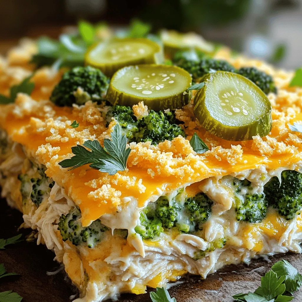 - 2 Tassen gekochtes Hühnchen, zerrupft - 3 Tassen Brokkoliröschen, gedämpft - 1 Tasse eingelegte Gurken, gehackt (Dillgurken sind am besten) Die Hauptzutaten sind der Schlüssel zu einem leckeren Auflauf. Gekochtes Hühnchen bringt viel Geschmack und Protein. Brokkoli fügt Farbe und Nährstoffe hinzu. Eingelegte Gurken geben dem Gericht einen tollen, spritzigen Geschmack. Diese Mischung ist einfach und lecker. - 1 Tasse Ranch-Dressing - 1 Tasse geriebener Cheddar-Käse - 1/2 Tasse Frischkäse, zimmerwarm Ranch-Dressing ist das Herzstück des Geschmacks. Es sorgt für Cremigkeit und würzige Noten. Der geriebene Cheddar-Käse macht den Auflauf herzhaft und schmelzig. Frischkäse hilft, alles schön zu verbinden. - 1 Teelöffel Knoblauchpulver - 1 Teelöffel Zwiebelpulver - 1/2 Teelöffel Salz - 1/4 Teelöffel schwarzer Pfeffer - 1/4 Tasse Semmelbrösel (optional, für die Oberseite) Die Gewürze fügen Tiefe hinzu. Knoblauchpulver und Zwiebelpulver sind Klassiker, die nie schaden. Semmelbrösel können eine schöne, knusprige Kruste geben. Wenn du es magst, probiere die Semmelbrösel aus! Für das vollständige Rezept kannst du [Full Recipe] besuchen. Heize deinen Ofen auf 175°C (350°F) vor. So bereitest du den Auflauf perfekt vor. Zerkleinere das gekochte Hühnchen in kleine Stücke. Dampfe den Brokkoli, bis er zart, aber noch knackig ist. Dies dauert etwa fünf Minuten. In einer großen Schüssel kombiniere das zerkleinerte Hühnchen, den gedämpften Brokkoli und die gehackten Gurken. Diese Kombination sorgt für einen frischen Geschmack. In einer anderen Schüssel vermische das Ranch-Dressing, den zimmerwarmen Frischkäse, das Knoblauchpulver, das Zwiebelpulver, Salz und schwarzen Pfeffer. Rühre alles gut um, bis es gleichmäßig ist. Gieße die Ranch-Mischung über die Hühnchen-, Brokkoli- und Gurkenkombination. Rühre vorsichtig, damit alles gut vermischt ist. Übertrage die Mischung in eine gefettete Auflaufform. Streue den geriebenen Cheddar-Käse gleichmäßig darüber. Wenn du eine knusprige Textur magst, füge Semmelbrösel hinzu. Backe den Auflauf 25-30 Minuten lang, bis der Käse goldbraun ist. Lass den Auflauf einige Minuten abkühlen, bevor du ihn servierst. Du kannst ihn mit frischer Petersilie garnieren. Das macht ihn noch schöner! Für das vollständige Rezept, schau dir die Quelle an: Full Recipe. - Wie man zartes Hühnchen verwendet Verwende gekochtes Hühnchen, das gut gewürzt ist. Du kannst Hühnchen in Brühe kochen. Dies hält das Fleisch zart und saftig. Zerrupfe das Hühnchen in kleine Stücke. So verteilt sich der Geschmack besser im Auflauf. - Optimale Dämpfzeit für Brokkoli Dämpfe den Brokkoli für etwa 3 bis 5 Minuten. Er sollte knackig, aber nicht matschig sein. Halte ein Auge darauf, um die Farbe lebendig zu halten. Ein schöner grüner Brokkoli macht den Auflauf ansprechender. - Herausfordernde Aromen mit Gewürzen Probiere, verschiedene Gewürze hinzuzufügen. Paprika, Kreuzkümmel oder italienische Kräuter können den Geschmack verbessern. Eine Prise Chili gibt einen kleinen Kick. Lass deiner Kreativität freien Lauf! - Vegetarische Alternativen mit Tofu Ersetze das Hühnchen durch Tofu für eine vegetarische Option. Würze den Tofu gut, damit er Geschmack aufnimmt. Du kannst auch extra Gemüse wie Karotten oder Paprika hinzufügen. So bleibt der Auflauf bunt und gesund. - Anrichten und Garnieren Serviere den Auflauf heiß und garniere ihn mit frischer Petersilie. Das sieht toll aus und schmeckt frisch. Du kannst auch dünne Scheiben von eingelegten Gurken darauflegen. Das gibt einen schönen Kontrast. - Beilagen, die gut dazu passen Dazu passen Reis oder ein frischer Salat. Ein einfacher grüner Salat ergänzt die Aromen. Du kannst auch Brot anbieten, um den Käse aufzusaugen. So wird jede Portion noch köstlicher. Für das vollständige Rezept, schau dir das [Full Recipe] an. {{image_4}} Möchtest du eine vegetarische Version? Du kannst pflanzliche Proteine verwenden. Tofu ist eine tolle Wahl. Er hat eine feste Textur und nimmt Aromen gut auf. Du kannst auch Kichererbsen oder Linsen hinzufügen. Diese liefern viel Protein und Ballaststoffe. Kombiniere das Hauptgemüse mit anderen Sorten. Karotten oder Blumenkohl passen gut. Diese Gemüse bringen mehr Farbe und Geschmack in den Auflauf. Du kannst sogar Spinat oder Zucchini probieren. Diese Variationen machen das Gericht noch gesünder. Um mehr Geschmack zu bekommen, füge zusätzliche Gewürze hinzu. Paprika oder Kreuzkümmel geben dem Auflauf ein neues Aroma. Du kannst auch italienische Kräuter wie Oregano verwenden. Diese bringen einen Hauch von Italien in dein Gericht. Denk an internationale Einflüsse. Füge zum Beispiel ein wenig Curry-Pulver hinzu. Das gibt dem Auflauf einen spannenden Twist. Experimentiere mit verschiedenen Kombinationen, um deinen eigenen Stil zu finden. Wenn du auf Kalorien achtest, nutze kalorienarmen Frischkäse. Das schmeckt gut und reduziert die Kalorienzahl. Du kannst auch griechischen Joghurt verwenden. Dieser hat weniger Fett und viel Protein. Für glutenfreie Optionen wähle alternative Semmelbrösel. Maismehl oder glutenfreie Haferflocken sind gute Alternativen. Diese Inhaltsstoffe sorgen für die knusprige Schicht, die viele lieben. So kannst du deinen Auflauf auch ohne Gluten genießen. Für das vollständige Rezept, schau dir die [Full Recipe] an. Du kannst den Auflauf einfach einfrieren. Lass ihn zuerst abkühlen. Danach teile ihn in Portionen. Benutze luftdichte Behälter oder Gefrierbeutel. Beschrifte die Behälter mit Datum. So hast du immer eine schnelle Mahlzeit. Zum Erwärmen, nimm den Auflauf aus dem Gefrierfach. Lass ihn über Nacht im Kühlschrank auftauen. Dann erwärmst du ihn im Ofen bei 175°C. Backe ihn, bis er heiß ist. Der Auflauf bleibt im Kühlschrank bis zu drei Tage frisch. Stelle sicher, dass er gut abgedeckt ist. So bleibt er saftig und lecker. Vermeide es, ihn länger stehen zu lassen. Das könnte die Qualität beeinträchtigen. Wenn du Reste hast, iss sie schnell auf, um den besten Geschmack zu genießen. Du kannst die Reste für neue Rezepte nutzen. Mache Wraps mit dem Auflauf und frischem Gemüse. Das gibt dir ein schnelles Mittagessen. Auch als Snack eignen sich kleine Portionen gut. Du kannst sie in Tortillas oder auf Toast legen. So hast du eine kreative und leckere Möglichkeit, Reste zu verwenden. Die Vorbereitungszeit für den Auflauf beträgt nur 15 Minuten. Die Gesamtzeit, um ihn zu backen, beträgt etwa 30 Minuten. In nur 45 Minuten hast du ein leckeres Gericht, das für die ganze Familie reicht. Ja, du kannst frisches Gemüse verwenden. Frisches Gemüse hat oft mehr Geschmack und Nährstoffe. Es kann jedoch mehr Zeit in Anspruch nehmen, es zuzubereiten. Gefrorenes Gemüse ist oft bereits vorgekocht. So spart man Zeit, aber der Geschmack kann leicht abweichen. Beide Optionen sind gut, also wähle, was dir besser gefällt. Ja, dieser Auflauf ist wirklich einfach. Du musst nur die Zutaten mischen und backen. Wenn du Hilfe brauchst, gibt es viele Videos und Rezepte online. Sie zeigen dir jeden Schritt. Es ist ideal für Anfänger und macht Spaß! Dieser Auflauf ist einfach und lecker. Wir haben gelernt, wie man Hühnchen, Brokkoli und Gurken kombiniert. Außerdem sind Ranch-Dressing und Käse wichtige Zutaten. Die Vorbereitung ist schnell, und Tipps helfen dir, das Gericht perfekt zu machen. Vegetarische Optionen sind auch möglich, und du kannst den Auflauf gut aufbewahren. Nutze deine Reste für neue Rezepte. Probiere es aus, du wirst begeistert sein!