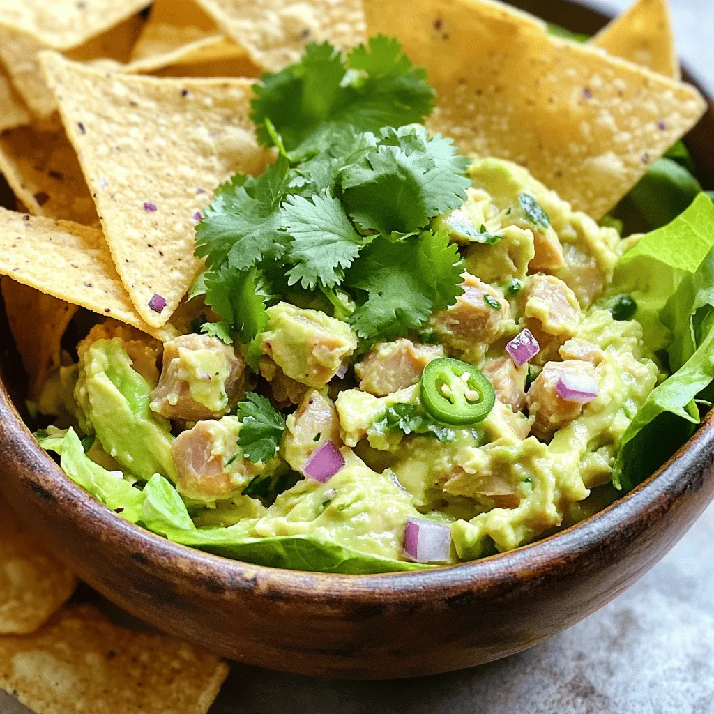 Um den Spicy Avocado Tuna Salad zuzubereiten, benötigen Sie folgende Zutaten: - 1 Dose Thunfisch in Wasser, abgetropft - 1 reife Avocado, püriert - 1 kleine rote Zwiebel, fein gehackt - 1 Jalapeño, entkernt und klein gewürfelt - 2 Esslöffel Mayonnaise - 1 Esslöffel Limettensaft - 1 Teelöffel Chili-Pulver - Salz und Pfeffer nach Geschmack - Frische Korianderblätter zur Garnitur - Tortilla-Chips oder Salatblätter zum Servieren Diese Zutaten bringen frische und Würze in den Salat. Die Kombination aus Avocado und Thunfisch sorgt für eine cremige Basis. Die Jalapeño fügt den scharfen Kick hinzu, den wir lieben. Wenn Sie den Geschmack noch verstärken möchten, können Sie diese Zutaten hinzufügen: - 1 Stange Sellerie, fein gehackt - 1 kleine Tomate, gewürfelt - 1 Teelöffel Olivenöl - Ein Spritzer Tabasco oder andere scharfe Sauce Diese Zutaten bringen noch mehr Textur und Geschmack in den Salat. Sellerie gibt Knusprigkeit, während die Tomate Frische hinzufügt. Der Spicy Avocado Tuna Salad ist nicht nur lecker, sondern auch nahrhaft. Hier sind einige Nährwertinformationen pro Portion: - Kalorien: ca. 300-350 - Fette: 18 g - Proteine: 25 g Die Kombination aus Thunfisch und Avocado bietet gesunde Fette und viel Protein. Dies macht den Salat zu einer großartigen Wahl für eine nahrhafte Mahlzeit. Wenn Sie mehr Details wünschen, schauen Sie sich das [Full Recipe] an. Um den Spicy Avocado Tuna Salad zuzubereiten, folge diesen einfachen Schritten: 1. Nimm eine große Rührschüssel. Füge den abgetropften Thunfisch und die pürierte Avocado hinzu. 2. Verwende eine Gabel, um die Mischung cremig zu machen. Achte darauf, dass sie nicht zu matschig wird. 3. Gib die fein gehackte rote Zwiebel und die klein gewürfelte Jalapeño dazu. Diese geben einen knackigen und scharfen Geschmack. 4. Füge die Mayonnaise und den Limettensaft hinzu. Mische gut, bis alles gleichmäßig verteilt ist. 5. Rühre das Chili-Pulver unter. Schmecke mit Salz und Pfeffer ab. 6. Mische vorsichtig alles, damit die Avocado-Stücke sichtbar bleiben. 7. Decke die Schüssel ab und stelle sie für etwa 20 Minuten in den Kühlschrank. 8. Serviere den Salat auf einer großen Platte oder in Salatblättern. Hier ist der Zeitrahmen für die Schritte: - Vorbereitung: 10 Minuten - Kühlen: 20 Minuten - Gesamtzeit: 30 Minuten Um die perfekte Konsistenz zu erreichen, beachte diese Tipps: - Verwende eine Gabel, um die Avocado zu pürieren. So bleibt die Mischung schön cremig. - Mische die Zutaten vorsichtig, um die Textur der Avocado zu erhalten. - Kühle den Salat gut, damit sich die Aromen verbinden. Für das Full Recipe schaue in die Zutatenliste. So hast du alles auf einen Blick. Die Cremigkeit ist der Schlüssel zu einem tollen Spicy Avocado Tuna Salad. Um die beste Textur zu erreichen, pürieren Sie die Avocado gründlich. Verwenden Sie eine Gabel, um kleine Stücke zu lassen. Diese Stücke geben dem Salat mehr Biss. Wenn Sie die Mayonnaise hinzufügen, achten Sie darauf, sie sparsam zu verwenden. Zu viel kann den Salat schwer machen. Um brüchigen Thunfisch zu vermeiden, wählen Sie eine gute Marke. Eine Dose in Wasser ist oft die beste Wahl. Lassen Sie den Thunfisch gut abtropfen. Drücken Sie ihn leicht aus, um überschüssige Flüssigkeit zu entfernen. Fügen Sie den Thunfisch dann vorsichtig in die Avocado-Mischung. So bleibt die Textur fest, und der Salat wird nicht matschig. Lagerung ist wichtig. Bewahren Sie den Salat in einem luftdichten Behälter auf. So bleibt er frisch und lecker. Der Salat hält sich bis zu zwei Tage im Kühlschrank. Sie können auch die Zutaten einzeln lagern. Zum Beispiel die Avocado in einem separaten Behälter. Dies verhindert, dass sie braun wird. Wenn Sie Reste haben, nutzen Sie sie am nächsten Tag in einem Wrap oder auf einem Sandwich. Für das vollständige Rezept schauen Sie sich die Full Recipe an. {{image_4}} Wenn Sie einen veganen Spicy Avocado Tuna Salad möchten, gibt es gute Alternativen. Sie können Kichererbsen verwenden. Diese haben eine ähnliche Konsistenz und einen tollen Geschmack. Einfach die Kichererbsen zerdrücken, anstatt Thunfisch zu nehmen. Ein weiterer guter Ersatz ist Jackfruit. Diese hat eine fleischige Textur und nimmt Aromen gut auf. Sie können auch Tofu verwenden, wenn Sie einen proteinreichen Salat wollen. Möchten Sie mehr Schärfe? Fügen Sie mehr Jalapeño hinzu! Sie können auch gehackte rote Chili oder Sriracha verwenden. Eine Prise Cayennepfeffer kann auch helfen. Für einen rauchigen Geschmack probieren Sie geräuchertes Paprika. Diese Zutaten bringen mehr Leben in den Salat. Experimentieren Sie mit der Menge, um die perfekte Schärfe zu finden. Der Spicy Avocado Tuna Salad passt super zu vielen Beilagen. Servieren Sie ihn mit frischen Tortilla-Chips für einen knusprigen Genuss. Auch Salatblätter sind eine tolle Wahl. Sie können Wraps machen, indem Sie die Salatmischung in den Blättern einwickeln. Ein einfaches Brot oder Ciabatta passt auch gut dazu. Für einen frischen Touch können Sie auch ein paar Scheiben Tomaten oder Gurken dazu legen. Für das vollständige Rezept, schauen Sie sich das [Full Recipe] an! Um Ihren Spicy Avocado Tuna Salad frisch zu halten, verwenden Sie einen luftdichten Behälter. Das schützt den Salat vor Luft und Feuchtigkeit. Stellen Sie sicher, dass der Behälter gut verschlossen ist. Wenn Sie den Salat aufbewahren, halten Sie die Tortilla-Chips separat. So bleiben sie knusprig und lecker. Im Kühlschrank bleibt der Salat etwa 2 bis 3 Tage frisch. Achten Sie auf Anzeichen von Verderb, wie unangenehmen Geruch oder Verfärbungen. Wenn die Avocado sich braun färbt, ist das ein Zeichen, dass der Salat nicht mehr gut ist. Es ist besser, den Salat frisch zu genießen, wenn möglich. Wenn Sie den Salat im Voraus machen wollen, pürieren Sie die Avocado erst kurz vor dem Servieren. So vermeiden Sie, dass sie braun wird. Bereiten Sie die anderen Zutaten vor und lagern Sie sie getrennt. Mischen Sie alles erst kurz vor dem Essen. Dies hält den Salat frisch und lecker. Für eine schnelle Zubereitung können Sie auch die Zutaten vorbereiten und in einem Behälter im Kühlschrank aufbewahren. Weitere Details und ein vollständiges Rezept finden Sie im Full Recipe. Um den Salat schärfer zu machen, füge mehr Jalapeños hinzu. Du kannst auch frische Chilis oder scharfe Sauce verwenden. Chili-Pulver ist eine weitere gute Wahl. Probiere es aus und finde die perfekte Schärfe für deinen Geschmack. Ja, du kannst die Mayonnaise weglassen. Verwende stattdessen etwas griechischen Joghurt oder mehr Avocado. Dies gibt dem Salat eine cremige Textur, ohne Mayonnaise. Die Wahl liegt ganz bei dir und deinem Geschmack. Tortilla-Chips sind eine tolle Beilage zu diesem Salat. Auch frische Salatblätter sind perfekt, um den Salat als Wrap zu servieren. Du kannst auch Reis oder Quinoa als Beilage wählen. Diese Optionen ergänzen die Aromen des Salats gut. Wenn du mehr Ideen brauchst, schau dir das Full Recipe an. Der Spicy Avocado Tuna Salad verbindet frische Zutaten mit köstlichem Geschmack. Wir haben gelernt, welche Haupt- und optionale Zutaten dabei helfen, die perfekte Mischung zu finden. Mit Schritt-für-Schritt-Anleitungen und Tipps sorgst du für optimale Cremigkeit. Variationen und Lagerhinweise erweitern deine Möglichkeiten. Der Salat bleibt frisch und schmackhaft, egal ob du ihn sofort genießt oder aufbewahrst. Experimentiere mit verschiedenen Zutaten und finde deine Lieblingsversion!