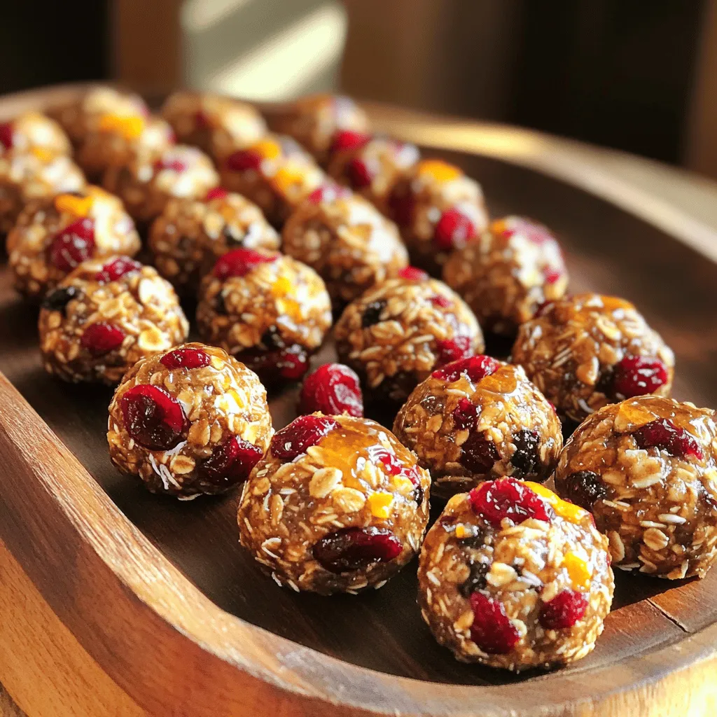 Hier sind die Zutaten für die Cranberry Orange Energy Bites: - 1 Tasse Haferflocken (gerollt) - ½ Tasse Mandelbutter (oder jede andere Nussbutter nach Wahl) - ½ Tasse Honig oder Ahornsirup - 1 Tasse getrocknete Cranberries, grob gehackt - Abrieb von 1 großer Orange - ¼ Tasse frisch gepresster Orangensaft - ½ Tasse gemahlene Leinsamen - ¼ Tasse Mini-Dunkle Schokoladenstückchen (optional) - Eine Prise Salz Diese Zutaten liefern eine tolle Mischung aus Geschmack und Nährstoffen. Haferflocken geben dir Energie, während die Cranberries für einen fruchtigen Kick sorgen. Wenn du keine Mandelbutter hast, probiere Erdnussbutter oder Sonnenblumenkernbutter. Du kannst Honig auch durch Agavendicksaft ersetzen, wenn du es vegan magst. Statt getrockneter Cranberries kannst du auch Rosinen oder Datteln verwenden. Diese Energy Bites sind nicht nur lecker, sondern auch gesund. Sie enthalten Ballaststoffe aus Hafer und Leinsamen, die gut für die Verdauung sind. Die Cranberries bieten Antioxidantien, die dein Immunsystem stärken. Mit gesunden Fetten aus der Nussbutter sind diese Snacks ideal für einen Energieschub. Die Kombination aus frischen Zutaten macht diese Bites zu einer großartigen Wahl für jeden Snack. Du kannst die Nährwerte im Full Recipe nachlesen und die Bites in deine Ernährung einbauen. Um die Cranberry Orange Energy Bites zuzubereiten, benötigst du frische Zutaten. Stelle sicher, dass du alles bereit hast. Du brauchst eine große Rührschüssel und einen Kühlschrank. Achte darauf, dass deine Zutaten wie die Haferflocken und die getrockneten Cranberries frisch sind. 1. Nimm eine große Rührschüssel. Füge die Haferflocken, die Mandelbutter und den Honig oder Ahornsirup hinzu. 2. Rühre die Mischung kräftig um, bis sie gut vermischt ist. 3. Jetzt kommen die gehackten Cranberries, der Orangenzest, der frisch gepresste Orangensaft und die gemahlenen Leinsamen dazu. Mische alles gut. 4. Wenn du magst, füge die Mini-Dunkle Schokoladenstückchen hinzu. Diese machen die Bites süßer. 5. Lass die Mischung für etwa 30 Minuten im Kühlschrank ruhen. Das hilft, sie fester zu machen. 6. Nimm die Mischung dann heraus. Nimm etwa einen Esslöffel der Mischung und forme kleine Bällchen, ca. 2,5 cm groß. 7. Lege die geformten Energie-Bites auf ein mit Backpapier ausgelegtes Blech. 8. Du kannst die Bites in einem luftdichten Behälter im Kühlschrank für bis zu einer Woche aufbewahren oder sie für längere Zeit einfrieren. Beim Formen der Energie-Bites ist es wichtig, die Hände leicht feucht zu machen. So bleibt die Mischung nicht kleben. Arbeite schnell und forme gleichmäßige Bällchen. Wenn die Mischung zu trocken ist, füge einen kleinen Spritzer Orangensaft hinzu. Das hilft, die Bällchen besser zu formen. Sie werden so nicht nur gut aussehen, sondern auch besser schmecken. Du kannst das Rezept für die Cranberry Orange Energy Bites ganz nach deinem Geschmack anpassen. Probiere verschiedene Nussbutter. Mandelbutter wirkt toll, aber Erdnussbutter schmeckt auch gut. Du kannst auch andere Trockenfrüchte verwenden. Anstelle von Cranberries passen Aprikosen oder Datteln gut. Füge gerne mehr Gewürze hinzu, wie Zimt oder Muskatnuss, um mehr Geschmack zu bekommen. Ich empfehle, getrocknete Cranberries zu verwenden, da sie süß und praktisch sind. Frische Cranberries sind saftig, aber sie sind oft zu sauer. Wenn du orange Frische willst, kannst du auch frischen Orangensaft nutzen. Achte jedoch darauf, dass du die Flüssigkeitsmenge anpasst, wenn du frische Zutaten verwendest. Ein häufiger Fehler ist, die Mischung zu trocken zu machen. Wenn die Bites nicht gut zusammenhalten, füge mehr Honig oder Nussbutter hinzu. Lass die Mischung auch gut kühlen, bevor du sie formst. Das hilft, dass die Bites die richtige Form behalten. Achte darauf, dass du die Bällchen gleichmäßig groß machst. So bleiben sie beim Essen handlich und lecker. {{image_4}} Die Cranberry Orange Energy Bites sind schon lecker, aber du kannst sie noch vielfältiger machen. Probiere verschiedene Trockenfrüchte wie Aprikosen oder Datteln. Diese Früchte bringen neue Aromen ins Spiel. Auch Nüsse wie Walnüsse oder Haselnüsse geben einen tollen Crunch. Du kannst auch Zimt oder Vanille hinzufügen, um den Geschmack zu verändern. Diese kleinen Änderungen machen einen großen Unterschied. Superfoods sind eine großartige Möglichkeit, deine Energie Bites noch gesünder zu machen. Du kannst Chia-Samen oder Goji-Beeren hinzufügen. Diese kleinen Zutaten packen viel Nährstoffe in dein Rezept. Wenn du Nüsse magst, füge Mandeln oder Cashews hinzu. Sie geben den Bites mehr Textur und gesunde Fette. Denke daran, die Menge der anderen Zutaten anzupassen, damit alles gut zusammenpasst. Um die Energie Bites vegan zu machen, ersetze den Honig durch Agavendicksaft oder Ahornsirup. Diese Alternativen sind süß und passen gut zu den anderen Zutaten. Wenn du glutenfrei lebst, achte darauf, glutenfreie Haferflocken zu verwenden. So kannst du den Snack genießen, ohne auf etwas verzichten zu müssen. Mit diesen Anpassungen sind die Cranberry Orange Energy Bites für alle geeignet und bleiben trotzdem köstlich. Um deine Cranberry Orange Energy Bites frisch zu halten, lagere sie in einem luftdichten Behälter. Ideal ist ein Kühlschrank. So bleiben sie länger lecker und gesund. Vermeide direkte Sonneneinstrahlung. Hitze und Feuchtigkeit können die Bites schnell verderben. Im Kühlschrank halten die Energie-Bites bis zu einer Woche. Lagere sie in einem luftdichten Behälter. Für eine längere Haltbarkeit kannst du sie einfrieren. Im Gefrierschrank sind sie bis zu drei Monate haltbar. Achte darauf, sie gut einzupacken, um Gefrierbrand zu vermeiden. Für Snacks unterwegs forme die Bites in kleine Portionen. Packe sie in kleine Behälter oder Tüten. So hast du immer einen gesunden Snack zur Hand. Ideal für die Schule, die Arbeit oder beim Sport. Ein toller Snack, der dir Energie gibt! Die Cranberry Orange Energy Bites enthalten etwa 100 Kalorien pro Biss. Diese Zahl kann leicht variieren, je nachdem, welche Zutaten du verwendest. Der größte Kalorienanteil kommt von der Mandelbutter und dem Honig. Diese Snacks sind nahrhaft und bieten dir Energie für den Tag. Du kannst die Kalorien auch senken, wenn du weniger Honig oder Schokolade verwendest. Ja, du kannst die Mandelbutter durch Erdnussbutter oder Cashewbutter ersetzen. Diese Alternativen haben ähnliche Texturen und Geschmäcker. Wenn du Nussallergien hast, kannst du Sonnenblumenbutter verwenden. Diese Optionen geben deinen Bites einen anderen, aber ebenso leckeren Geschmack. Experimentiere mit verschiedenen Nussbuttern, um deine perfekte Mischung zu finden. Die Energie-Bites halten sich im Kühlschrank bis zu einer Woche. Bewahre sie in einem luftdichten Behälter auf. Wenn du sie länger aufbewahren möchtest, friere sie ein. So bleiben sie bis zu drei Monate frisch. Achte darauf, die Bites in Portionen zu verpacken, damit du sie leicht entnehmen kannst. In diesem Artikel haben wir die Zutaten und deren Alternativen für Cranberry Orange Energy Bites besprochen. Ich habe eine klare Schritt-für-Schritt-Anleitung gegeben, um dir das Zubereiten zu erleichtern. Die Tipps und Tricks helfen, häufige Fehler zu vermeiden und das Rezept anzupassen. Denk auch an die Lagerbedingungen und die Haltbarkeit dieser Snacks. Mit diesen Informationen bist du gut gerüstet, um leckere und gesunde Snacks zu machen. Viel Spaß beim Ausprobieren und Genießen deiner Kreationen!