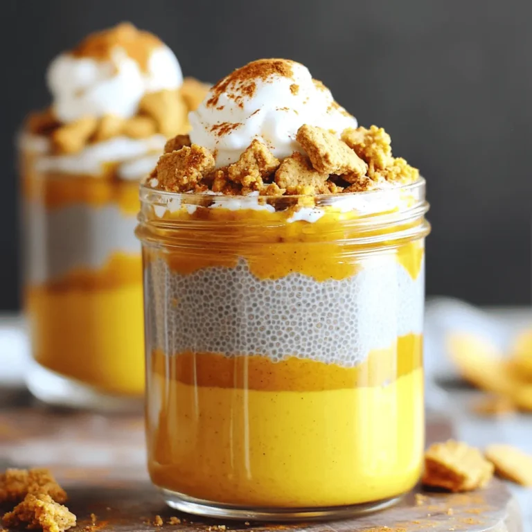 Um diesen leckeren Pudding zu machen, braucht man einige Grundzutaten. Hier ist die Liste: - 240 ml Kokosmilch (oder andere Milch nach Wahl) - 60 g Chiasamen - 120 g reine Kürbispüree - 30 ml Ahornsirup (je nach Süßheitsvorliebe anpassen) - 1/2 Teelöffel Vanilleextrakt - 1 Teelöffel Kürbiskuchengewürz (oder eine Mischung aus Zimt, Muskatnuss und Ingwer) - Eine Prise Salz Diese Zutaten sorgen für einen tollen Geschmack und die perfekte Textur. Ich empfehle Kokosmilch, weil sie einen süßen, cremigen Geschmack hat. Sie passt gut zu Kürbis. Alternativ kannst du auch Mandelmilch oder Hafermilch verwenden. Diese Sorten sind ebenfalls lecker und machen den Pudding nahrhaft. Um den Pudding noch besser zu machen, kannst du verschiedene Toppings hinzufügen. Hier sind einige Vorschläge: - Zerbröselte Graham-Cracker für einen knusprigen Biss - Kokosnusssahne für eine cremige Note - Pekannüsse für zusätzlichen Crunch Diese Toppings geben deinem Pudding mehr Struktur und Geschmack. Du kannst auch kreativ werden und deine eigenen Lieblingszutaten hinzufügen. Für das vollständige Rezept, schaue dir die Anleitung zu Kürbis-Pie Overnight Chia-Pudding an. Beginnen Sie mit einer Rührschüssel. Geben Sie die Kokosmilch, das Kürbispüree, den Ahornsirup, den Vanilleextrakt, das Kürbiskuchengewürz und das Salz in die Schüssel. Rühren Sie alles gut um. Sie wollen eine glatte Mischung erreichen. Diese Basis ist der Schlüssel zu einem leckeren Pudding. Sobald die Mischung glatt ist, fügen Sie die Chiasamen hinzu. Streuen Sie sie gleichmäßig hinein und rühren Sie gut um. Es ist wichtig, dass die Chiasamen gut verteilt sind. Decken Sie die Schüssel ab und stellen Sie sie in den Kühlschrank. Lassen Sie die Mischung mindestens 4 Stunden oder über Nacht ruhen. So können die Chiasamen die Flüssigkeit aufnehmen und der Pudding wird schön fest. Nach der Kühlzeit nehmen Sie die Schüssel heraus. Rühren Sie den Pudding gründlich um, um Klumpen zu lösen. Teilen Sie den Pudding in individuelle Schalen oder Gläser auf. Jetzt kommt der Spaß: Dekorieren Sie mit zerbröselten Graham-Crackern, einem Klecks Kokosnusssahne und Pekannüssen. Diese Toppings geben dem Pudding zusätzlichen Crunch und Geschmack. Genießen Sie diesen köstlichen Genuss! Um die perfekte Konsistenz für deinen Kürbis-Pie Overnight Chia Pudding zu erreichen, achte auf die richtige Menge an Chiasamen. Nutze 60 g für 240 ml Flüssigkeit. Das Verhältnis ist wichtig. Lass den Pudding mindestens 4 Stunden im Kühlschrank, besser über Nacht. So quellen die Chiasamen gut auf und der Pudding wird schön dick. Ein häufiger Fehler ist, die Chiasamen nicht gleichmäßig zu verteilen. Wenn du sie nicht gut einrührst, bilden sich Klumpen. Achte darauf, sie gut in die Flüssigkeit einzuarbeiten. Ein weiterer Fehler ist, nicht genug Zeit zum Quellen zu geben. Eine kurze Kühlzeit führt zu einer wässrigen Textur. Gib dem Pudding die nötige Zeit, um seine beste Form zu erreichen. Für besondere Anlässe kannst du den Pudding in schönen Gläsern schichten. Verwende zerbröselte Graham-Cracker und Kokosnusssahne als Topping. Das sieht toll aus und schmeckt fantastisch! Füge Pekannüsse für einen crunchy Effekt hinzu. Du kannst auch einen Hauch von Zimt oder zusätzliches Kürbiskuchengewürz darüber streuen. So wird dein Pudding ein Hit auf jeder Feier! {{image_4}} Wenn du auf der Suche nach veganen und glutenfreien Optionen bist, bist du hier richtig. Viele Zutaten in diesem Rezept sind von Natur aus vegan und glutenfrei. Verwende einfach Kokosmilch oder eine andere pflanzliche Milch. Auch die Chiasamen sind perfekt für deine Ernährung. Achte darauf, dass dein Ahornsirup rein ist. Alle anderen Zutaten sind ebenfalls vegan und glutenfrei. Das Schöne an Chia-Pudding ist die Vielseitigkeit. Du kannst neue Aromen hinzufügen, um deinen Pudding anzupassen. Probiere zum Beispiel Schokoladenstückchen für einen schokoladigen Kick. Oder füge frische Früchte wie Bananen oder Äpfel hinzu. Du kannst auch andere Gewürze wie Kardamom oder Ingwer verwenden. Die Kombination mit Kürbispüree macht es besonders lecker. Kürbispüree ist nicht nur für diesen Pudding gut. Du kannst es in vielen Rezepten nutzen. Füge es zu Smoothies für eine cremige Textur hinzu. Verwende es in Muffins oder Pancakes für einen herbstlichen Geschmack. Du kannst es auch in Saucen oder Suppen mischen. Es bringt nicht nur Geschmack, sondern auch Nährstoffe mit sich. Es ist reich an Vitaminen und Ballaststoffen. Ich empfehle, den Kürbis-Pie Overnight Chia Pudding in einem luftdichten Behälter zu lagern. So bleibt der Pudding frisch und lecker. Platziere ihn im kältesten Bereich deines Kühlschranks. Vermeide es, ihn in die Tür zu stellen. Dort ist es oft wärmer. Der Pudding bleibt bis zu fünf Tage im Kühlschrank haltbar. Nach dieser Zeit kann die Textur und der Geschmack beeinträchtigt werden. Ich empfehle, den Pudding vor dem Verzehr immer kurz zu überprüfen. Wenn er unangenehm riecht oder anders aussieht, schmeiß ihn lieber weg. Wenn du den Pudding länger aufbewahren möchtest, kannst du ihn einfrieren. Fülle ihn in einen gefrierfesten Behälter. Achte darauf, etwas Platz für die Ausdehnung zu lassen. Du kannst den Pudding bis zu drei Monate einfrieren. Zum Auftauen lege ihn einfach über Nacht in den Kühlschrank. Vor dem Servieren gut umrühren, um die Konsistenz zu verbessern. Wenn du mehr über die Zubereitung erfahren möchtest, schau dir das [Full Recipe] an. Dieses Rezept für Kürbis-Pie Overnight Chia Pudding ergibt 2 bis 4 Portionen. Die genaue Anzahl hängt von der Größe der Schalen ab, die Sie verwenden. Wenn Sie große Portionen machen, reicht es für zwei, bei kleineren Portionen können es bis zu vier werden. Ja, Sie können andere Samen verwenden, aber das Ergebnis wird anders sein. Leinsamen sind eine gute Wahl, da sie ähnlich quellen. Sie sollten jedoch den Pudding zuerst mahlen, um die Nährstoffe besser aufnehmen zu können. Hanfsamen können auch verwendet werden, haben aber eine andere Konsistenz. Chiasamen sind die beste Wahl für diesen Pudding, weil sie sehr gut quellen und eine gelartige Textur bilden. Ja, dieser Pudding ist sehr gesund und nahrhaft. Die Chiasamen bieten viele Ballaststoffe, Omega-3-Fettsäuren und Protein. Das Kürbispüree ist reich an Vitaminen, besonders Vitamin A. Die Kokosmilch gibt gesunde Fette und einen tollen Geschmack. Verwenden Sie weniger Ahornsirup für eine kalorienärmere Option. So bleibt der Pudding lecker und gesund. Der Kürbis-Pie Overnight Chia-Pudding ist ein einfaches und leckeres Rezept. Wir haben die notwendigen Zutaten, wie Milchsorten und Toppings, besprochen. Ich habe Schritt für Schritt erklärt, wie Sie die Basis zubereiten und den Pudding portionieren. Tipps helfen Ihnen, die perfekte Konsistenz zu erzielen und häufige Fehler zu vermeiden. Sie können Variationen ausprobieren, um den Pudding anzupassen. Denken Sie daran, ihn richtig zu lagern, damit er frisch bleibt. Genießen Sie diesen gesunden Snack und lassen Sie Ihrer Kreativität freien Lauf!