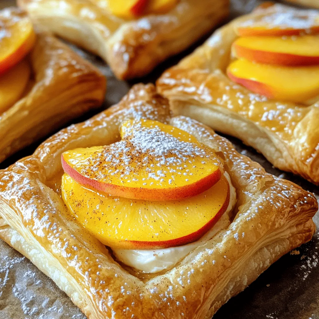 - 1 Paket (226 g) Frischkäse, weich - 60 g Zucker - 1 Teelöffel Vanilleextrakt - 1 Paket (450 g) gekühlter Croissantteig - 2 reife Pfirsiche, dünn geschnitten - 1 Esslöffel Zitronensaft - 1 Teelöffel gemahlener Zimt Die Hauptzutaten sind der Schlüssel zu einem köstlichen Pfirsich-Cremekäse-Danish. Der Frischkäse bringt eine cremige Textur. Der Zucker sorgt für die nötige Süße. Vanilleextrakt rundet den Geschmack ab und macht ihn einladend. Der gekühlte Croissantteig gibt dem Gebäck seine flaumige Struktur. Reife Pfirsiche bringen Frische und Fruchtigkeit. Zitronensaft hebt die Aromen hervor. Gemahlener Zimt fügt eine warme Note hinzu. - 1 Ei, verquirlt (für die Glasur) - Puderzucker zum Beträufeln Für den letzten Schliff braucht man ein verquirltes Ei. Damit bestreichen wir die Oberseite der Danish. Das sorgt für eine goldene Farbe beim Backen. Puderzucker wird über die abgekühlten Danish gegeben. Das verleiht ihnen das süße Finish. Diese Zutaten sind einfach, aber wichtig für das Gesamtbild und den Geschmack. Wenn du mehr über die Zubereitung erfahren willst, schau dir das [Full Recipe](#) an. Heize den Ofen auf 190 °C vor. Lege ein Backblech mit Backpapier aus. Das sorgt dafür, dass die Danish nicht kleben bleibt. Jetzt bereite die Frischkäsemischung vor. In einer Schüssel rühre den weichen Frischkäse, Zucker und Vanilleextrakt glatt. Das dauert nur ein paar Minuten. Stelle die Mischung beiseite, während du den Teig vorbereitest. Öffne das Paket mit Croissantteig. Rolle den Teig auf einer bemehlten Fläche aus. Drücke die Nähte zusammen, um ein Rechteck zu formen. Schneide den Teig in Quadrate, etwa 10 cm x 10 cm groß. In der Mitte jedes Quadrats forme eine leichte Vertiefung, indem du die Ecken sanft nach innen drückst. Dadurch bleibt die Füllung beim Backen an Ort und Stelle. Jetzt ist es Zeit für die Pfirsiche! Schneide die reifen Pfirsiche in dünne Scheiben. Mische sie in einer Schüssel mit Zitronensaft und gemahlenem Zimt. Diese Mischung bringt den Geschmack der Pfirsiche hervor. Nehme einen Esslöffel der Frischkäsemischung und gebe ihn in die Vertiefung jedes Teigquadrats. Lege dann einige Pfirsichscheiben auf die Frischkäsemischung. Falten die Ecken des Teigs über die Füllung, um kleine Taschen zu formen. Bestreiche die Oberseiten der Danish mit dem verquirlten Ei. Das gibt ihnen eine schöne, goldene Farbe. Backe die gefüllten Taschen für 15-18 Minuten im vorgeheizten Ofen. Sie sind fertig, wenn sie aufgegangen und goldbraun sind. Lass die Danish kurz abkühlen. Beträufle sie danach mit Puderzucker für eine süße Note. Jetzt hast du ein einfaches und köstliches Rezept, das du mit Freunden und Familie teilen kannst! Für die vollständige Anleitung schau dir das Rezept an. Um perfekte Puff-Pasteten zu machen, sind kühle Zutaten sehr wichtig. Kalte Butter und Frischkäse helfen, die Blätterteigschichten schön zu trennen. Das gibt der Danish eine luftige Struktur. Wenn die Zutaten warm sind, wird der Teig nicht so knusprig. Achten Sie darauf, die Zutaten bis zur Verwendung im Kühlschrank zu lassen. Der richtige Backzeitpunkt macht einen großen Unterschied. Backen Sie die Danish nicht zu kurz, sonst bleibt der Teig weich. 15 bis 18 Minuten sind ideal. Wenn die Oberseite goldbraun ist, sind sie fertig. Lassen Sie sie kurz abkühlen, aber nicht zu lange. Warm schmecken sie am besten. Für die Präsentation legen Sie die Danish warm auf eine schöne Platte. Ein frisches Minzblatt macht den Teller lebendig. Puderzucker auf die Oberseite streuen. Das sieht toll aus und schmeckt süß. Als Beilagen passen frische Früchte oder Vanilleeis gut dazu. Ein Klecks Sahne rundet das Gericht ab. Sie können auch einen Kaffee oder Tee servieren. So wird das Frühstück oder der Snack besonders lecker. Für das vollständige Rezept schauen Sie bitte auf [Full Recipe]. {{image_4}} Wenn du beim Backen kreativ sein möchtest, probiere diese Alternativen. - Aprikosen-Danish: Verwende reife Aprikosen. Schneide sie in dünne Scheiben und verwende sie anstelle der Pfirsiche. Aprikosen haben einen süßen, aber leicht säuerlichen Geschmack. Sie passen perfekt zu Frischkäse. - Himbeer-Cremekäse-Danish: Himbeeren verleihen deiner Danish eine frische Note. Mische die Himbeeren mit einem Esslöffel Zucker und etwas Zitronensaft. So wird die Füllung süßer und saftiger. Es gibt viele Möglichkeiten, die Danish anzupassen. - Alternativen für vegane Kreationen: Nutze pflanzlichen Frischkäse. Du kannst auch Ahornsirup statt Zucker verwenden. Der Teig kann vegan sein, wenn du einen veganen Blätterteig wählst. - Glutenfreier Teig für empfindliche Kost: Du kannst glutenfreies Mehl verwenden, um den Croissantteig zu ersetzen. Mische das Mehl mit etwas Xanthan, um die Textur zu verbessern. So bleibt der Teig luftig und lecker. Um Ihre Pfirsich-Cremekäse-Danish frisch zu halten, lagern Sie sie in einem luftdichten Behälter. So bleiben sie weich und lecker. Stellen Sie sicher, dass die Danish vollständig abgekühlt sind, bevor Sie sie lagern. Wenn Sie sie im Kühlschrank aufbewahren, können sie bis zu drei Tage frisch bleiben. Für längere Lagerung frieren Sie die Danish ein. Wickeln Sie jede Danish in Frischhaltefolie und legen Sie sie in einen Gefrierbeutel. So halten sie sich bis zu drei Monate. Um die Danish aufzuwärmen, verwenden Sie den Ofen. Heizen Sie ihn auf 180 °C (350 °F) vor. Legen Sie die Danish auf ein Backblech und backen Sie sie für etwa 10 Minuten. Dies sorgt dafür, dass sie warm und knusprig bleibt. Mikrowellen können die Danish weich machen, aber sie verlieren die knusprige Textur. Wenn Sie einen Toasterofen haben, ist das auch eine gute Option. So können Sie die Danish schnell und einfach aufwärmen, ohne an Qualität zu verlieren. Die Pfirsich-Cremekäse-Danish sind bei richtiger Lagerung etwa 3 Tage haltbar. Bewahren Sie sie in einem luftdichten Behälter im Kühlschrank auf. So bleiben sie frisch und lecker. Sie können auch die Danish einfrieren. Wickeln Sie sie gut ein und legen Sie sie in den Gefrierschrank. So halten sie bis zu 2 Monate. Ja, gefrorene Pfirsiche sind eine gute Wahl. Sie geben der Füllung auch einen tollen Geschmack. Lassen Sie die gefrorenen Pfirsiche zuerst auftauen und gut abtropfen. So bleibt der Teig knusprig und lecker. Frische Pfirsiche sind ideal, aber gefrorene sind auch praktisch. Sie können die Füllung ganz leicht anpassen. Nutzen Sie saisonales Obst wie Äpfel, Birnen oder Beeren. Experimentieren Sie mit verschiedenen Gewürzen, wie Muskat oder Ingwer. Das macht Ihre Danish immer spannend und neu. Jeder Biss kann anders sein! Die vollständige Rezeptanleitung finden Sie in der Rubrik "Full Recipe". Dort steht alles, was Sie für diese köstlichen Danish wissen müssen. Es macht Spaß, sie zu backen! Die Pfirsich-Cremekäse-Danish kombinieren einfache Zutaten wie Frischkäse und Croissantteig. Du bereitest sie Schritt für Schritt vor und backst sie goldbraun. Achte auf die Lagerung und Aufwärmoptionen, um ihre Frische zu bewahren. Variationen sind einfach, ob mit anderen Früchten oder in veganer Form. Diese Leckerei bringt Freude in jede Küche. Experimentiere und finde deinen Favoriten!