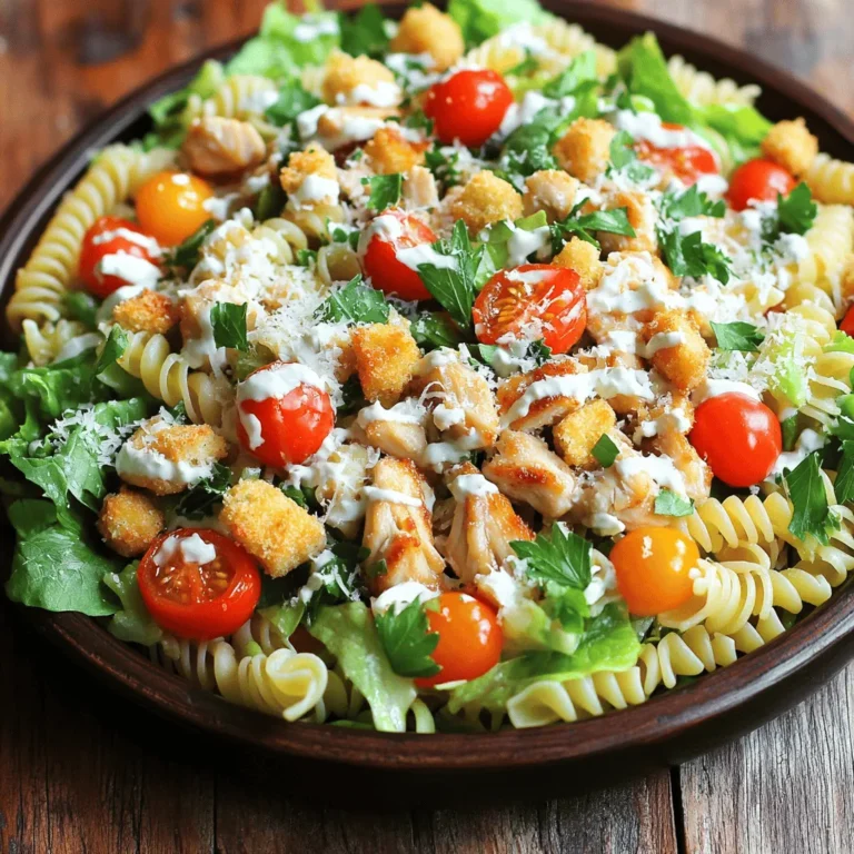 - 230 g Rotini-Pasta - 2 Tassen gekochte Hähnchenbrust, gewürfelt - 4 Tassen Romanasalat, grob gehackt Die Hauptzutaten machen den Chicken Caesar Pasta Salad frisch und lecker. Die Rotini-Pasta hat eine tolle Form. Sie hält das Dressing gut fest. Das Hähnchen gibt dem Salat Protein. Gekochte Hähnchenbrust ist einfach und schnell. Romanasalat sorgt für einen knackigen Biss. - 1/2 Tasse Kirschtomaten, halbiert - 1/4 Tasse frisch geriebener Parmesan - 1/2 Tasse Caesar-Dressing (fertig oder homemade) Kirschtomaten bringen Farbe und Süße. Sie sind klein und leicht zu essen. Frisch geriebener Parmesan fügt einen salzigen Geschmack hinzu. Das Caesar-Dressing bringt den klassischen Geschmack. Du kannst es kaufen oder selbst machen. - 1 Esslöffel Olivenöl - 1 Teelöffel Knoblauchpulver - Salz und Pfeffer nach Geschmack - Frische Petersilie zum Garnieren Olivenöl hilft, die Zutaten zu verbinden. Knoblauchpulver gibt einen leckeren Geschmack. Salz und Pfeffer machen alles besser. Frische Petersilie sieht schön aus und gibt Frische. Mit diesen Zutaten hast du alles, um einen tollen Chicken Caesar Pasta Salad zu machen. Du kannst das vollständige Rezept im Abschnitt Full Recipe finden. Kochen Sie die Rotini-Pasta in einem großen Topf. Folgen Sie den Anweisungen auf der Verpackung, bis sie al dente sind. Dies dauert etwa 8 bis 10 Minuten. Achten Sie darauf, die Pasta nicht zu lange zu kochen. Wenn sie fertig ist, gießen Sie sie ab und spülen Sie sie unter kaltem Wasser ab. Dies stoppt den Garprozess und kühlt die Pasta schnell ab. Erhitzen Sie einen Esslöffel Olivenöl in einer großen Pfanne bei mittlerer Hitze. Fügen Sie die gewürfelte Hähnchenbrust hinzu. Würzen Sie das Hähnchen mit einem Teelöffel Knoblauchpulver, Salz und Pfeffer. Braten Sie das Hähnchen fünf bis sieben Minuten lang an. Es sollte leicht knusprig und gut durchwärmt sein. Rühren Sie während des Bratens gut um, damit es gleichmäßig gart. Nehmen Sie eine große Schüssel und geben Sie die abgekühlte Pasta hinein. Fügen Sie den grob gehackten Romanasalat, die halbierten Kirschtomaten und das angebratene Hähnchen hinzu. Gießen Sie das Caesar-Dressing gleichmäßig über den Salat. Mischen Sie alles sanft, damit die Zutaten gut bedeckt sind. Fügen Sie den frisch geriebenen Parmesan und die Croutons hinzu. Mischen Sie erneut, bis alles gut verteilt ist. Schmecken Sie den Salat nach Belieben mit mehr Salz und Pfeffer ab. Für das vollständige Rezept schauen Sie bitte hier: [Full Recipe]. Um die Pasta al dente zu garen, achte auf die Kochzeit. Lies die Verpackung! Stelle einen Timer ein, um die Pasta rechtzeitig abzuschütten. Wenn sie fertig ist, spüle sie unter kaltem Wasser ab. Das stoppt den Kochprozess. Dadurch bleibt die Pasta fest und hat die perfekte Textur. Um die Vorbereitungszeit zu minimieren, koche die Pasta zuerst. Während sie kocht, kannst du das Hähnchen anbraten. So arbeitest du effizient und sparst Zeit. Präsentiere den Salat in einer großen Schüssel oder auf Tellern. Das sieht einladend aus! Bestreue ihn mit zusätzlichen Croutons und Parmesan. Das macht das Gericht noch schöner. Für Feiern kannst du den Salat auch in kleinen Gläsern servieren. Das sieht toll aus und ist praktisch. Ein häufiger Fehler ist, die Pasta zu lange zu kochen. Das macht sie weich und matschig. Achte darauf, dass sie al dente bleibt. Ein weiterer Fehler ist, zu viel Dressing zu verwenden. Das kann den Salat matschig machen. Füge das Dressing nach und nach hinzu und taste dich an die richtige Menge heran. Um die Geschmacksbalance zu verbessern, verwende frische Zutaten. Das macht den Salat lebendig und lecker. Achte auch darauf, das Hähnchen gut zu würzen. So wird jeder Bissen spannend. {{image_4}} Wenn Sie nach einer vegetarischen Option suchen, probieren Sie Kichererbsen oder Tofu. Beide sind nahrhaft und lecker. Kichererbsen geben einen schönen Biss. Tofu kann den Geschmack des Dressings gut aufnehmen. Wenn Sie Fleisch lieben, ist Pute eine gute Wahl. Auch Shrimp passt toll in diesen Salat. Sie sind einfach zuzubereiten und verleihen einen feinen Geschmack. Ein hausgemachtes Caesar-Dressing ist einfach zu machen. Mischen Sie Mayonnaise, Zitronensaft, Knoblauch und Parmesan. Das bringt viel Geschmack. Wenn Sie eine leichtere Option möchten, probieren Sie Joghurtdressing. Es ist cremig und hat weniger Kalorien. So bleibt der Salat frisch und leicht. Fügen Sie zusätzliche Gemüsesorten hinzu, um mehr Geschmack zu bringen. Paprika, Gurken oder Avocado passen wunderbar. Experimentieren Sie auch mit verschiedenen Käsesorten. Feta oder Mozzarella bringen neue Aromen. So wird Ihr Chicken Caesar Pasta Salad noch bunter und schmackhafter. Um den Chicken Caesar Pasta Salad frisch zu halten, lagern Sie ihn in einem luftdichten Behälter. Stellen Sie sicher, dass der Salat gut abgedeckt ist. So bleibt der Geschmack erhalten und er trocknet nicht aus. Kühlen Sie den Salat sofort nach dem Servieren. Das hält ihn frisch für bis zu drei Tage. Wenn Sie den Salat im Voraus zubereiten möchten, bereiten Sie die Pasta und das Hähnchen einen Tag vorher vor. Lagern Sie beide Zutaten getrennt vom Salat und Dressing. So bleibt der Salat knackig. Mischen Sie alles erst kurz vor dem Servieren. Der Salat hält sich gut für zwei bis drei Tage im Kühlschrank. Es ist nicht empfehlenswert, den Chicken Caesar Pasta Salad aufzuwärmen. Die frischen Zutaten verlieren ihre Textur und den Geschmack. Wenn Sie Reste haben, fügen Sie etwas frisches Dressing oder neue Croutons hinzu, um den Geschmack aufzufrischen. Das gibt dem Salat einen neuen Kick. Chicken Caesar Pasta Salad bleibt im Kühlschrank bis zu drei Tage frisch. Um die Frische zu sichern, bewahre ihn in einem luftdichten Behälter auf. Achte darauf, die Croutons separat zu lagern, damit sie knusprig bleiben. Vor dem Servieren kannst du den Salat leicht umrühren. Ja, du kannst die Pasta im Voraus kochen. Koche die Rotini bis sie al dente sind. Lass sie dann abkühlen und bewahre sie im Kühlschrank auf. Dies spart Zeit, wenn du den Salat zubereitest. Du kannst die Pasta bis zu zwei Tage vorher kochen. Achte darauf, sie gut abzuspülen, um das Kleben zu vermeiden. Ja, dieser Salat ist perfekt für Meal Prep. Du kannst mehrere Portionen auf einmal zubereiten. Teile die Zutaten in gleichmäßige Portionen auf und bewahre sie in Behältern auf. Für verschiedene Geschmäcker kannst du die Proteine oder das Dressing variieren. Füge zum Beispiel gebratene Garnelen oder geröstete Kichererbsen hinzu. Du kannst das vollständige Rezept hier finden: Knuspriger Chicken Caesar Pasta Salat 🥗. Es zeigt dir Schritt für Schritt, wie du diesen leckeren Salat zubereitest. Im Chicken Caesar Pasta Salad kombinieren wir leckere Zutaten wie Hähnchen, Rotini und frischen Salat. Die einfache Anleitung hilft dir, schnell einen köstlichen Salat zuzubereiten. Vergiss die Tipps und Variationen, um ihn an deinen Geschmack anzupassen. Denke auch an die Lagerung für frische Reste. Mit diesen Ideen gelingt dir der perfekte Salat jedes Mal. Probiere es aus und bereichere deine Mahlzeiten mit diesem leckeren Rezept.
