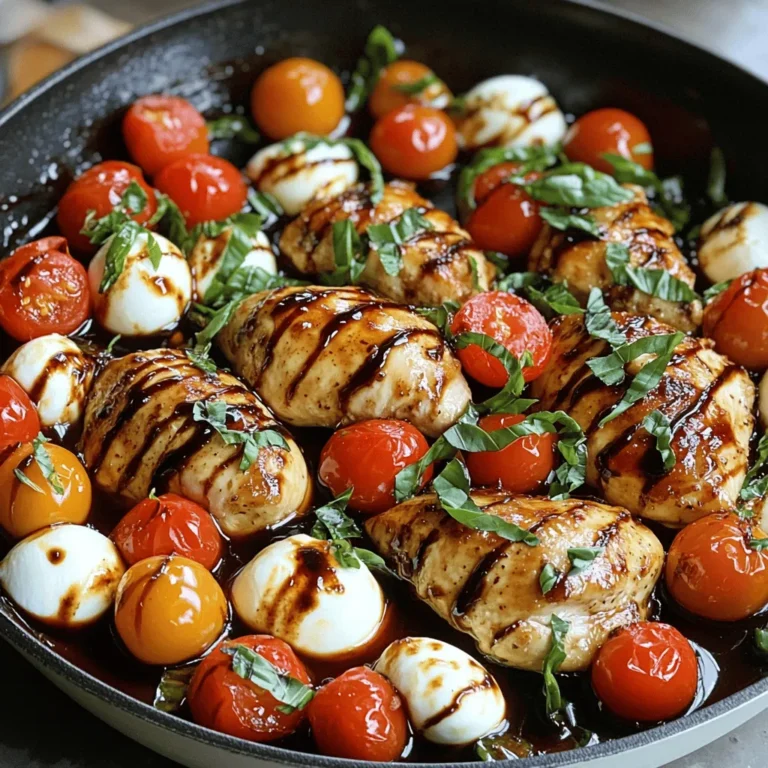 Für dieses leckere Gericht brauchst du nur einige Hauptzutaten. Hier ist, was du benötigst: - 4 Hähnchenbrustfilets, ohne Haut und Knochen - 1 Tasse Kirschtomaten, halbiert - 1 Tasse frische Mozzarellabällchen, halbiert - 1/4 Tasse frisches Basilikum, fein gehackt - 1/2 Tasse Balsamico-Glasur Diese Zutaten machen das Gericht einfach und köstlich. Die richtigen Gewürze und Öle sind wichtig für den Geschmack. Hier sind die, die du brauchst: - 2 Esslöffel Olivenöl - 2 Knoblauchzehen, fein gehackt - Salz und Pfeffer nach Geschmack Olivenöl bringt gesunde Fette und Geschmack. Knoblauch gibt ein tolles Aroma. Salz und Pfeffer helfen, die Aromen zu verstärken. Frische Zutaten bringen Farbe und Geschmack in das Gericht. Hier sind sie: - Kirschtomaten sorgen für Süße und Saftigkeit. - Mozzarella gibt eine cremige Textur. - Basilikum fügt einen tollen, frischen Geschmack hinzu. Diese frischen Zutaten machen dein Balsamico-glasiertes Caprese-Hühnchen besonders lecker. Du kannst die [Full Recipe] für mehr Details ansehen. Die Vorbereitungszeit für dieses Gericht ist nur 10 Minuten. Das ist wirklich schnell! Du musst zuerst alle Zutaten bereitstellen. Das bedeutet, die Hähnchenbrustfilets abzutrocknen und die Kirschtomaten und Mozzarella zu halbieren. Hacke auch den Knoblauch und das Basilikum. Das macht das Kochen später einfacher. Heize deinen Ofen zuerst auf 200°C vor. Nimm dann eine große, ofenfeste Pfanne. Erhitze das Olivenöl bei mittlerer Hitze. Füge den gehackten Knoblauch hinzu und brate ihn für etwa 1 Minute. Das gibt deinem Gericht einen tollen Geschmack. Jetzt würze die Hähnchenbrustfilets mit Salz und Pfeffer. Lege sie in die Pfanne und brate sie 5-7 Minuten pro Seite an. Die Hähnchenstücke sollten goldbraun sein. Sobald das Hähnchen fertig gebraten ist, träufle die Hälfte der Balsamico-Glasur darüber. Verteile die Kirschtomaten und Mozzarella um das Hähnchen. Träufle die restliche Balsamico-Glasur darüber. Übertrage die Pfanne in den Ofen und backe alles für 20 Minuten. Das Hähnchen muss eine Innentemperatur von 74°C erreichen. Nimm die Pfanne nach dem Backen aus dem Ofen. Garniere das Gericht mit dem frisch gehackten Basilikum. Serviere das Balsamico-glazierte Caprese-Hühnchen heiß. Achte darauf, dass jeder Teller eine große Portion von den Tomaten und dem geschmolzenen Mozzarella hat. So sieht das Gericht wirklich schön aus und schmeckt auch lecker! Um das Hühnchen saftig zu halten, achte auf die Garzeit. Brate es nicht zu lange an. Verwende ein Fleischthermometer, um die Innentemperatur zu überprüfen. So stellst du sicher, dass das Hähnchen zart bleibt. Lass das Hühnchen nach dem Kochen einige Minuten ruhen. Dies hilft, die Säfte im Fleisch zu bewahren. Die Balsamico-Glasur sollte dick und süß sein. Koche den Balsamico-Essig auf niedriger Hitze, bis er eindickt. Dies verstärkt den Geschmack und die Süße. Du kannst auch etwas Honig hinzufügen, um die Süße zu erhöhen. Achte darauf, die Glasur gleichmäßig über das Hühnchen zu träufeln. So verteilt sich der Geschmack besser. Die Präsentation ist wichtig für den Genuss. Richte das Hühnchen mittig auf einem großen Teller an. Platziere die Kirschtomaten und Mozzarella um das Hühnchen. Füge frische Basilikumblätter als Garnitur hinzu. Diese Farben geben dem Gericht einen frischen Look. Ein schöner Teller macht das Essen noch köstlicher. {{image_4}} Wenn du eine vegetarische Option möchtest, probiere Tofu oder Auberginen. Tofu nimmt die Aromen gut auf. Auberginen sind fleischig und passen perfekt zur Balsamico-Glasur. Du kannst die gleichen Schritte wie im Rezept befolgen. Schneide das Gemüse in dicke Scheiben. Brate es an und backe es im Ofen. So erhältst du eine köstliche, pflanzliche Variante. Um mehr Geschmack hinzuzufügen, verwende Oliven oder Kapern. Diese Zutaten bringen eine salzige Note. Du kannst auch geröstete Pinienkerne oder Walnüsse für Crunch hinzufügen. Frischer Spinat oder Rucola bringen eine schöne grüne Farbe und frische. Zögere nicht, mit Kräutern zu experimentieren. Oregano oder Thymian harmonieren gut mit der Balsamico-Glasur. Für ein festliches Abendessen serviere das Hühnchen auf einem großen Plattier. Füge eine Beilage aus Risotto oder Quinoa hinzu. Bei einem Grillabend kannst du das Hühnchen im Freien zubereiten. Serviere es mit frischem Brot und einen knackigen Salat. Für ein schnelles Mittagessen, genieße die Reste kalt auf einem Sandwich. So bleibt das Gericht vielseitig und lecker. Um dein Balsamico-glasiertes Caprese-Hühnchen frisch zu halten, kühle es schnell ab. Stelle sicher, dass das Hähnchen auf Raumtemperatur abgekühlt ist. Verpacke es dann in einen luftdichten Behälter oder wickele es gut mit Frischhaltefolie ein. So bleibt der Geschmack erhalten. Du kannst das Hähnchen auch einfrieren. Teile es in Portionen auf und lege es in gefriergeeignete Beutel. Achte darauf, die Luft herauszudrücken, bevor du sie verschließt. Im Kühlschrank bleibt das Balsamico-glasiertes Caprese-Hühnchen etwa 3 bis 4 Tage frisch. Überprüfe die Reste immer auf Anzeichen von Verderb, wie einen unangenehmen Geruch oder eine veränderte Farbe. Wenn du dir nicht sicher bist, wirf es besser weg. Sicherheit geht vor! Um die Reste aufzuwärmen, benutze den Ofen oder die Mikrowelle. Wenn du den Ofen nutzt, heize ihn auf 180°C vor. Lege das Hähnchen auf ein Backblech und decke es mit Folie ab, um es saftig zu halten. Backe es für etwa 15 Minuten oder bis es warm ist. In der Mikrowelle erwärmst du das Hähnchen in kurzen Intervallen von 1-2 Minuten. Überprüfe es häufig, damit es nicht austrocknet. So bleibt dein Gericht lecker und schmackhaft! Die Zubereitung von Balsamico-glasiertem Caprese-Hühnchen dauert etwa 40 Minuten. Du benötigst 10 Minuten für die Vorbereitung und 30 Minuten zum Kochen. Das sind 20 Minuten im Ofen und einige Minuten zum Anbraten. So hast du schnell ein tolles Gericht auf dem Tisch. Ja, du kannst das Rezept vorab zubereiten. Bereite das Hühnchen und die Beilagen bis zum Backen vor. Decke alles ab und stelle es in den Kühlschrank. Wenn du bereit bist, backe das Hühnchen direkt aus dem Kühlschrank. Achte darauf, die Garzeit etwas zu verlängern. Zu Balsamico-glasiertem Caprese-Hühnchen passen viele Beilagen. Hier sind einige Vorschläge: - Ein frischer grüner Salat ergänzt das Gericht gut. - Knuspriges Brot ist auch eine tolle Wahl. - Du kannst auch Pasta oder Risotto als Beilage servieren. - Gegrilltes Gemüse bringt zusätzliche Aromen. Jede dieser Beilagen macht dein Essen noch leckerer! In diesem Artikel haben wir die besten Zutaten für Balsamico-glasiertes Caprese-Hühnchen besprochen. Du hast gelernt, wie man das Hühnchen perfekt zubereitet und präsentiert. Wir haben auch Tipps und Tricks geteilt, um das Gericht zu verbessern und Variationen für jeden Geschmack zu bieten. Denke daran, die Reste richtig zu lagern und die häufigsten Fragen zu klären. Mit diesen Infos bist du bereit, ein köstliches Gericht zuzubereiten und deine Gäste zu beeindrucken. Guten Appetit!