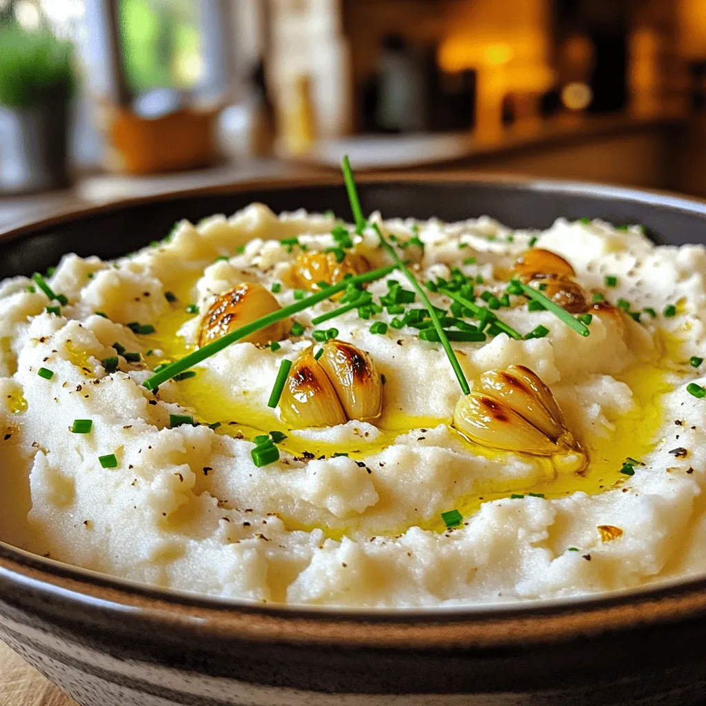- Blumenkohl und Knoblauch - Olivenöl und Mandelmilch - Hefeflocken und Gewürze - Garniervorschläge Für ein cremiges und leckeres Roasted Garlic Cauliflower Mash benötigst du frische Zutaten. Lass uns einen Blick auf die wichtigsten Zutaten werfen. Blumenkohl und Knoblauch: Der Blumenkohl ist die Hauptzutat. Nimm einen mittelgroßen Blumenkohl, der in Röschen zerteilt ist. Die Knoblauchzehen sorgen für den leckeren, gerösteten Geschmack. Du brauchst sechs Zehen, die du vorher schälen solltest. Olivenöl und Mandelmilch: Olivenöl bringt gesunde Fette und Geschmack. Verwende drei Esslöffel. Mandelmilch macht das Püree schön cremig. Du kannst auch andere Milchsorten verwenden, aber ungesüßte Mandelmilch passt gut. Hefeflocken und Gewürze: Hefeflocken sind optional, geben aber einen käsigen Geschmack. Füge zwei Esslöffel hinzu, wenn du magst. Vergiss nicht, Salz und Pfeffer nach Geschmack hinzuzufügen. Diese Gewürze bringen das Püree zum Leben. Garniervorschläge: Frische Kräuter wie Schnittlauch oder Petersilie machen das Gericht noch schöner. Sie geben nicht nur Farbe, sondern auch einen frischen Geschmack. Mit diesen Zutaten bist du bereit, ein köstliches Roasted Garlic Cauliflower Mash zuzubereiten. Für die genauen Mengen und Schritte schaue dir die [Full Recipe] an. Um den Blumenkohl zu zerteilen, nehme ich einen scharfen Küchenmesser. Ich schneide den Blumenkohl in kleine Röschen. Kleinere Stücke garen gleichmäßig. Ich verwende etwa einen mittelgroßen Blumenkohl. Für den Knoblauch schäle ich die Zehen. Ich nehme 6 Knoblauchzehen und drücke sie leicht. So lösen sich die Schalen schnell. Jetzt sind sie bereit zum Rösten. Ich heize den Ofen auf 200°C vor. Während der Ofen warm wird, lege ich die Blumenkohlröschen und die geschälten Knoblauchzehen auf ein Backblech. Ich beträufle sie mit 2 Esslöffeln Olivenöl und würze mit Salz und Pfeffer. Für die Röstzeit stelle ich den Timer auf 25 bis 30 Minuten. Ich wende das Gemüse nach der Hälfte der Zeit. Das sorgt für eine gleichmäßige Röstung. Der Blumenkohl wird zart und der Knoblauch goldbraun. Nach dem Rösten lasse ich das Gemüse etwas abkühlen. Dann gebe ich alles in eine Küchenmaschine. Ich füge 1/4 Tasse Mandelmilch und 2 Esslöffel Hefeflocken hinzu, wenn ich einen käsigen Geschmack möchte. Ich püriere alles bis zur gewünschten Konsistenz. Manchmal mag ich es cremiger, also füge ich mehr Mandelmilch hinzu. Danach koste ich das Püree und passe mit Salz und Pfeffer an. Das Püree ist jetzt perfekt! Für die genaue Anleitung und die Zutaten, schau dir die [Full Recipe] an. Um das perfekte Püree zu machen, achte auf die Konsistenz. Du willst, dass es cremig, aber nicht wässrig ist. Die richtige Textur ist entscheidend für den Genuss. Verwende einen starken Mixer oder eine Küchenmaschine. Diese Geräte helfen, eine glatte Masse zu erzielen. Wenn du kein solches Gerät hast, kannst du auch eine Kartoffelpresse nutzen. Die sorgt ebenfalls für eine feine Konsistenz. Ein häufiger Fehler ist das Über- oder Unterrösten des Gemüses. Achte darauf, dass der Blumenkohl zart und der Knoblauch goldbraun ist. Zu viel Flüssigkeit kann das Püree verwässern. Beginne mit der Mandelmilch und füge nach Bedarf mehr hinzu. So behält dein Püree die gewünschte Cremigkeit und bleibt geschmackvoll. Serviere das Püree in einer schönen Schüssel. Du kannst es mit frischem Schnittlauch oder Petersilie garnieren. Das macht das Gericht ansprechend und farbenfroh. Du kannst auch einige geröstete Nüsse oder Samen darüber streuen. Diese geben zusätzlich einen schönen Crunch und mehr Geschmack. {{image_4}} Um das Püree vegan zu machen, kann man Milch durch pflanzliche Alternativen ersetzen. Mandelmilch ist eine großartige Wahl, aber jede andere Pflanzenmilch funktioniert. Für die Fette empfehle ich Kokosöl oder vegane Butter. Diese Optionen sind glutenfrei, sodass alle sie genießen können. Du kannst sogar Blumenkohl mit anderem Gemüse wie Süßkartoffeln oder Karotten mischen. Diese Variationen bringen neue Geschmäcker und Farben in dein Gericht. Füge dem Püree Gewürze hinzu, um den Geschmack zu verbessern. Knoblauchpulver oder geräuchertes Paprikapulver sind tolle Optionen. Frische Kräuter wie Thymian oder Rosmarin machen das Püree noch aromatischer. Du kannst auch geröstete Zwiebeln oder Karamellisierten Knoblauch mischen, um mehr Tiefe zu erreichen. Diese Variationen passen gut zu vielen Beilagen, wie gegrilltem Gemüse oder einem Salat. Achte darauf, welches Gemüse gerade Saison hat. Im Frühling kannst du Spargel oder Erbsen hinzufügen. Im Herbst passen Kürbis oder Wurzelgemüse perfekt dazu. Regionale Anpassungen machen dein Gericht frischer und schmackhafter. Außerdem unterstützt du lokale Bauern, wenn du saisonale Produkte kaufst. Nutze die Vielfalt der Jahreszeiten, um dein Püree zu verändern und spannend zu halten. Roasted Garlic Cauliflower Mash bleibt im Kühlschrank frisch. Bewahre es in einem luftdichten Behälter auf. Es hält sich dort bis zu fünf Tage. Achte darauf, dass der Behälter gut verschlossen ist. So bleibt der Geschmack erhalten. Wenn du mehr Püree hast, friere es ein. Hier ist, wie du das machst: 1. Lass das Püree auf Raumtemperatur abkühlen. 2. Teile es in Portionen auf. 3. Fülle die Portionen in gefriergeeignete Behälter oder Beutel. 4. Beschrifte die Beutel mit Datum. 5. Lege die Beutel flach ins Gefrierfach. Zum Auftauen nimm das Püree einfach aus dem Gefrierfach. Lass es über Nacht im Kühlschrank auftauen. Alternativ kannst du es in der Mikrowelle auftauen. Hast du Reste? Keine Sorge! Du kannst das Püree auf viele Arten nutzen: - Mische es in Suppen für mehr Geschmack. - Verwende es als Füllung für Gemüse. - Mache daraus einen Auflauf mit Käse. Das Püree passt gut zu vielen Gerichten und macht sie cremig und lecker. Du kannst es auch in anderen Rezepten verwenden. Schau dir die [Full Recipe] an, um mehr Ideen zu bekommen. - Im Kühlschrank hält sich das Püree 3 bis 5 Tage. - Im Gefrierfach bleibt es bis zu 3 Monate frisch. - Ja, viele Milchalternativen funktionieren gut. - Mandelmilch hat einen milden Geschmack. - Hafermilch ist auch eine gute Wahl. - Kokosmilch sorgt für einen reichhaltigen Geschmack. - Fügen Sie mehr Knoblauch oder Zwiebeln hinzu. - Experimentieren Sie mit Kräutern wie Rosmarin oder Thymian. - Ein Spritzer Zitronensaft bringt Frische. - Würzen Sie mit Paprika oder geräuchertem Salz für Tiefe. Für die vollständige Zubereitung, schauen Sie sich das [Full Recipe] an. Zusammenfassend haben wir die Zutaten für das Röst-Blumenkohl-Püree besprochen. Wir haben die Vorbereitung, das Rösten und das Pürieren behandelt. Außerdem gab es Tipps für Perfektion und die Vermeidung häufiger Fehler. Du kannst Variationen ausprobieren und Reste sinnvoll nutzen. Denke daran, dass mit frischen Zutaten das Püree noch besser wird. Lass deiner Kreativität freien Lauf und genieße jeden Bissen.