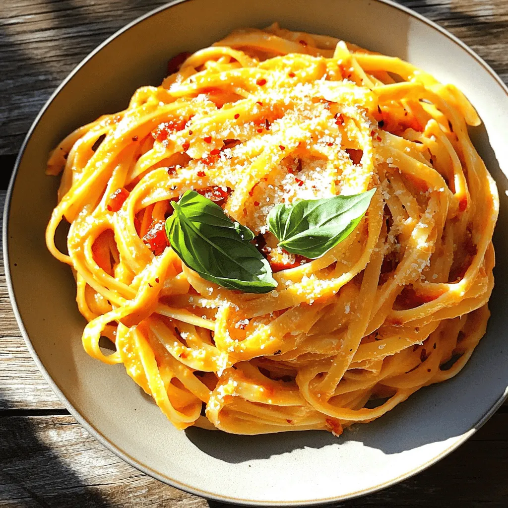 Für die köstliche geröstete Paprika Pasta benötigst du folgende Zutaten: - 2 große rote Paprika, geröstet und geschält - 3 Knoblauchzehen, fein gehackt - 1 Zwiebel, fein gewürfelt - 1 Tasse Sahne - 1 Tasse geriebener Parmesan - 300g Pasta nach Wahl (idealerweise Fettuccine oder Penne) - 2 Esslöffel Olivenöl - 1 Teelöffel rote Chiliflocken (nach Geschmack anpassen) - Salz und Pfeffer nach Geschmack - Frische Basilikumblätter zur Garnierung Frische Zutaten machen einen großen Unterschied. Hier sind einige Tipps: - Wähle Paprika, die prall und glatt sind. Sie sollten keine Flecken haben. - Achte darauf, dass die Zwiebeln fest sind. Weiche Zwiebeln sind nicht frisch. - Für den Knoblauch, suche nach festen Köpfen. Keine schlaffen Zehen. - Kaufe frischen Parmesan in Stücken. Er hat mehr Geschmack als geriebener Käse. Wenn du eine spezielle Diät hast, gibt es gute Alternativen: - Verwende glutenfreie Pasta, wenn du glutenfrei essen möchtest. - Ersetze die Sahne durch Kokosmilch für eine vegane Option. - Nutze Nusskäse statt Parmesan für eine milchfreie Variante. - Füge frisches Gemüse wie Spinat oder Erbsen hinzu, um mehr Nährstoffe zu erhalten. Diese Zutaten helfen dir, dein Gericht noch besser zu machen. Für das vollständige Rezept, schau dir die Anleitung an. Um die besten Aromen aus den Paprika zu holen, röste sie richtig. Heize deinen Ofen auf 230°C. Lege die Paprika auf ein Backblech. Röste sie etwa 25 Minuten. Wende die Paprika mehrmals. Die Haut sollte verkohlt und blasenartig sein. Nimm sie aus dem Ofen und lasse sie abkühlen. Danach schäle die Haut ab. Entferne die Kerne und hacke die Paprika in Stücke. Diese Technik bringt den süßen Geschmack der Paprika zur Geltung. Während die Paprika rösten, ist es Zeit für die Pasta. Fülle einen großen Topf mit Wasser und bringe es zum Kochen. Füge eine großzügige Menge Salz hinzu. Gib die Pasta nach Wahl hinein. Koche sie nach den Anweisungen auf der Verpackung. Wichtig ist, die Pasta al dente zu kochen. Das bedeutet, sie sollte weich, aber noch etwas fest sein. Bevor du die Pasta abgießt, reserviere ½ Tasse Nudelwasser. Das hilft später, die Sauce zu binden. Jetzt kommt der kreative Teil: die Sauce! Erhitze Olivenöl in einer großen Pfanne bei mittlerer Hitze. Füge die gewürfelte Zwiebel hinzu. Brate sie etwa 5 Minuten, bis sie durchsichtig ist. Dann rühre den gehackten Knoblauch und die Chiliflocken ein. Koche alles für eine weitere Minute, bis es duftet. Gib die gerösteten Paprika, die Zwiebel und den Knoblauch in einen Mixer. Füge die Sahne und die Hälfte des geriebenen Parmesans hinzu. Püriere die Mischung bis sie glatt ist. Wenn die Sauce zu dick ist, füge etwas von dem reservierten Nudelwasser hinzu. Gieße die Sauce zurück in die Pfanne und erwärme sie bei niedriger Temperatur. Füge die gekochte Pasta hinzu. Mische alles gut, damit die Pasta die Sauce aufnimmt. Schmecke mit Salz und Pfeffer ab. Diese Schritte sorgen für eine cremige und köstliche Sauce. Du kannst das gesamte Rezept im [Full Recipe] nachlesen. Um die Sauce interessanter zu machen, können Sie verschiedene Zutaten hinzufügen. Zum Beispiel: - Ein Spritzer Zitronensaft bringt Frische. - Eine Prise Zucker kann die Süße der Paprika verstärken. - Frische Kräuter wie Oregano oder Thymian geben mehr Geschmack. Diese kleinen Änderungen machen die Sauce noch köstlicher. Experimentieren Sie mit verschiedenen Zutaten, um Ihren eigenen Stil zu finden. Rösten von Paprika ist einfach, wenn Sie einige Tricks beachten: - Wählen Sie dickfleischige Paprika. Sie rösten besser. - Legen Sie die Paprika direkt auf das Backblech. So wird die Haut gleichmäßig schwarz. - Wenden Sie die Paprika regelmäßig. So röstet sie gleichmäßig. Wenn die Haut blasen wirft, ist die Paprika fertig. Lassen Sie sie dann abkühlen, bevor Sie die Haut abziehen. Wenn Sie Reste haben, bewahren Sie diese gut auf: - Lassen Sie die Pasta auf Raumtemperatur abkühlen. - Packen Sie die Reste in einen luftdichten Behälter. - Im Kühlschrank halten sie sich bis zu drei Tage. Zum Aufwärmen: - Geben Sie die Pasta in eine Pfanne. - Fügen Sie etwas Wasser hinzu, um die Sauce zu lockern. - Erhitzen Sie sie bei niedriger Temperatur, bis sie warm ist. So bleibt Ihre Pasta lecker! Für das gesamte Rezept schauen Sie sich die [Full Recipe] an. {{image_4}} Wenn du auf der Suche nach einer vegetarischen Variante bist, probiere einfach einige Gemüse. Zucchini und Spinat passen gut dazu. Du kannst auch Kichererbsen hinzufügen, um mehr Protein zu erhalten. Diese Zutaten machen das Gericht bunt und nahrhaft. Die Geschmäcker werden sich wunderbar ergänzen. Möchtest du etwas mehr Protein? Füge Hühnchen oder Garnelen hinzu. Für Hühnchen brate kleine Stücke in der Pfanne an, bevor du die Zwiebeln hinzufügst. Die Garnelen kannst du einfach in die Sauce geben, während sie köchelt. Beide Optionen bringen zusätzliche Aromen und machen die Pasta sättigender. Um deine Pasta zu variieren, spiele mit Gewürzen. Füge frischen Oregano oder Thymian hinzu, um einen anderen Geschmack zu erzielen. Auch geräuchertes Paprikapulver kann der Sauce eine neue Dimension verleihen. Probiere verschiedene Kombinationen, um deinen perfekten Geschmack zu finden. Nutze die Möglichkeit, kreativ zu sein und deine eigene Note hinzuzufügen. Für das vollständige Rezept, schau dir den Abschnitt "Full Recipe" an. Reste von gerösteter Paprika Pasta können für 3 bis 5 Tage im Kühlschrank aufbewahrt werden. Es ist wichtig, die Pasta in einem luftdichten Behälter zu lagern. So bleibt der Geschmack erhalten und die Pasta bleibt frisch. Wenn du die Reste länger aufbewahren möchtest, solltest du sie einfrieren. Um die Qualität der Reste zu sichern, teile die Pasta in Portionen auf. Verwende kleine Behälter oder Gefrierbeutel, um die Portionen zu lagern. Achte darauf, die Behälter gut zu verschließen. Beschrifte die Behälter mit dem Datum, damit du weißt, wie lange sie schon in der Kühlung sind. Vermeide es, die Pasta mehrmals einzufrieren und aufzutauen, da dies die Textur beeinträchtigen kann. Um die Pasta einzufrieren, lasse sie zuerst vollständig abkühlen. Packe die Portionen in Gefrierbeutel oder luftdichte Behälter. So hält die Pasta bis zu 2 Monate im Gefrierfach. Zum Auftauen stelle die gefrorene Pasta einfach über Nacht in den Kühlschrank. Du kannst sie auch direkt in der Mikrowelle erwärmen. Füge etwas Wasser oder Brühe hinzu, um die Sauce wieder cremig zu machen. So bleibt das Gericht köstlich und frisch. Du kannst Parmesan durch Pecorino ersetzen. Pecorino hat einen ähnlichen Geschmack, ist aber salziger. Alternativ kannst du Grana Padano verwenden. Dieser Käse ist milder und weniger teuer. Auch Hefeflocken bieten eine gute vegane Option. Sie geben einen käsigen Geschmack ohne Milchprodukte. Ja, du kannst die Pasta im Voraus zubereiten. Koche die Pasta, bis sie al dente ist. Lass sie abkühlen und lege sie in den Kühlschrank. Wenn du bereit bist, sie zu servieren, erhitze sie in der Pfanne mit etwas Wasser oder Öl. So bleibt die Pasta frisch und lecker. Ja, das Rezept ist kinderfreundlich. Die Sauce ist mild und cremig. Du kannst die Chiliflocken weglassen, wenn du es weniger scharf magst. Kinder lieben die süße Note der gerösteten Paprika. Es ist eine tolle Möglichkeit, Gemüse in ihre Ernährung einzuführen. In diesem Blogbeitrag haben wir alle wichtigen Zutaten für dein Rezept durchgesehen. Du hast gelernt, wie du frische Zutaten einkaufst und welche Alternativen es gibt. Die Schritt-für-Schritt-Anleitung erklärt dir, wie du Paprika perfekt röstest, Pasta zubereitest und eine köstliche Sauce kreierst. Zusätzlich haben wir Tipps für Varianten und die Lagerung von Resten geteilt. Nutze diese Informationen, um deine Küche zu verwandeln. Experimentiere mit verschiedenen Zutaten und entdecke neue Geschmäcker. Viel Spaß beim Kochen!