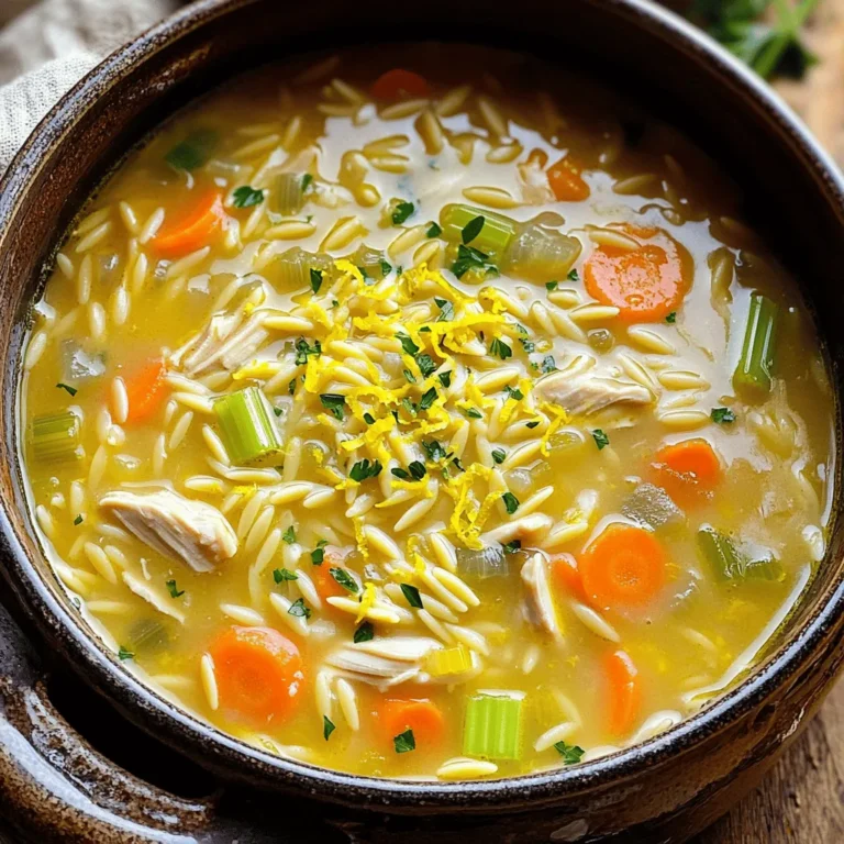 Für die cremige Zitronen-Hühnchen-Orzo-Suppe brauchst du einige wichtige Zutaten. Diese Zutaten machen die Suppe reich und lecker. Hier ist, was du benötigst: - 1 Esslöffel Olivenöl - 1 kleine Zwiebel, gewürfelt - 2 Knoblauchzehen, fein gehackt - 2 mittelgroße Karotten, gewürfelt - 2 Selleriestangen, gewürfelt - 6 Tassen natriumarme Hühnerbrühe - 1 Tasse Orzo-Pasta - 2 Tassen gekochtes Hühnchen, zerkleinert - 1 Tasse Sahne - 1/4 Tasse frischer Zitronensaft - Abrieb von 1 Zitrone - Salz und Pfeffer nach Geschmack - Frische Petersilie, gehackt (zum Garnieren) Diese Zutaten geben der Suppe ihre tolle Textur und den frischen Geschmack. Die Gewürze sind sehr wichtig. Sie bringen Aromen in die Suppe. Du verwendest getrockneten Thymian und Oregano. Diese Kräuter passen gut zu Hühnchen und Zitrone. Die Hühnerbrühe gibt der Suppe die Basis. Sie sorgt für einen herzhaften Geschmack. Wähle eine natriumarme Brühe, um den Salzgehalt zu kontrollieren. Für diese Suppe ist das Hühnchen entscheidend. Du kannst frisches oder gekochtes Hühnchen verwenden. Ich empfehle, Rotisserie-Hühnchen zu nehmen. Es ist einfach und schmeckt gut. Achte darauf, das Hühnchen gut zu zerkleinern. So verteilt es sich besser in der Suppe. Du kannst auch Hähnchenbrust oder -schenkel verwenden, je nach Vorliebe. Wenn du mehr über das Rezept erfahren möchtest, schau dir das [Full Recipe] an. Zuerst musst du das Gemüse gut vorbereiten. Nimm eine kleine Zwiebel und schneide sie in kleine Würfel. Dann hackst du zwei Knoblauchzehen fein. Nimm zwei mittelgroße Karotten und schneide sie ebenfalls in Würfel. Das gleiche machst du mit zwei Selleriestangen. Diese Schritte sind wichtig, um einen guten Geschmack in der Suppe zu erreichen. Nun ist es Zeit, die Orzo-Pasta zu kochen. Du gibst die Hühnerbrühe in einen großen Topf und bringst sie zum Köcheln. Wenn die Brühe kocht, füge die Orzo-Pasta hinzu. Koche die Pasta nach den Anweisungen auf der Packung. Normalerweise dauert das etwa 8-10 Minuten. Achte darauf, dass die Pasta al dente bleibt. Sobald die Pasta gekocht ist, rühre das zerkleinerte Hühnchen in den Topf. Füge dann eine Tasse Sahne, frischen Zitronensaft und den Zitronenabrieb hinzu. Lasse die Suppe für 2-3 Minuten erhitzen. Rühre alles gut um und schmecke die Suppe mit Salz und Pfeffer ab. Jetzt ist deine cremige Zitronen-Hühnchen-Orzo-Suppe fast fertig. Schöpfe sie in Schalen und garniere sie mit frischer, gehackter Petersilie. Dieses Rezept ist einfach und macht jeden glücklich. Wenn du mehr über die Zutaten erfahren möchtest, schau dir das Full Recipe an. Um die perfekte Konsistenz zu erreichen, achte darauf, die Orzo-Pasta nicht zu lange zu kochen. Wenn die Pasta zu weich wird, wird die Suppe breiig. Ich empfehle, die Orzo-Pasta genau nach den Anweisungen auf der Verpackung zu kochen. Ein kleiner Trick ist, die Pasta separat zu kochen und sie erst kurz vor dem Servieren hinzuzufügen. So bleibt die Suppe cremig und die Textur ist gut. Kräuter machen einen großen Unterschied! Du kannst frische oder getrocknete Kräuter verwenden, je nachdem, was du zur Hand hast. Frische Kräuter wie Petersilie oder Thymian verleihen der Suppe einen lebendigen Geschmack. Wenn du getrocknete Kräuter verwendest, füge sie früh in den Kochprozess hinzu. Das gibt ihnen Zeit, ihre Aromen freizusetzen. Ich bevorzuge frische Kräuter, wenn ich kann, da sie die Suppe aufhellen. Die Cremige Zitronen-Hühnchen-Orzo-Suppe ist sehr anpassbar. Du kannst Gemüse wie Spinat oder Erbsen hinzufügen, um mehr Farbe und Nährstoffe zu bekommen. Ein Spritzer Limettensaft kann auch eine interessante Wendung geben. Wenn du es würziger magst, füge eine Prise roter Pfefferflocken hinzu. Diese kleinen Anpassungen machen dein Gericht einzigartig und spannend. Denk daran, auch die Gewürze je nach deinem Geschmack anzupassen. Für das vollständige Rezept kannst du den Abschnitt [Full Recipe] ansehen. {{image_4}} Du kannst die Hühnchen in dieser Suppe leicht ersetzen. Tofu oder Tempeh sind gute Optionen. Sie nehmen den Geschmack der Brühe gut auf. So schmeckt die Suppe immer noch köstlich und cremig. Achte darauf, den Tofu gut zu würzen, damit er die Aromen aufnimmt. Du kannst ihn anbraten oder direkt in die Suppe geben. Wenn du mehr Protein möchtest, füge Bohnen oder Kichererbsen hinzu. Diese Hülsenfrüchte machen die Suppe nahrhaft und sättigend. Sie passen gut zum Zitronengeschmack und bringen eine schöne Textur. Einfach eine Dose abtropfen lassen und kurz vor dem Servieren hinzufügen. Das gibt deiner Suppe einen zusätzlichen Nährstoffkick. Experimentiere mit anderen Zitrusfrüchten, um neue Aromen zu entdecken. Limetten oder Orangen können der Suppe einen frischen Twist geben. Der Geschmack bleibt leicht und erfrischend. Du kannst die gleiche Menge Saft wie beim Zitronensaft verwenden. Das macht die Suppe spannend und abwechslungsreich. Schau dir das [Full Recipe] an, um noch mehr Ideen zu bekommen! Nach dem Kochen ist es wichtig, die Suppe richtig zu lagern. Lass die Suppe zuerst auf Raumtemperatur abkühlen. Fülle sie dann in einen luftdichten Behälter. So bleibt die Frische erhalten. Im Kühlschrank hält die cremige Zitronen-Hühnchen-Orzo-Suppe etwa 3 bis 4 Tage. Wenn du die Suppe aufwärmst, mache das langsam bei niedriger Hitze. Rühre gut um, damit sie gleichmäßig warm wird. Wenn du die Suppe länger aufbewahren möchtest, kannst du sie einfrieren. Fülle die kalte Suppe in gefriergeeignete Behälter oder Beutel. Lasse dabei etwas Platz, da die Suppe beim Einfrieren expandiert. Die Suppe hält sich bis zu 3 Monate im Gefrierschrank. Um sie aufzutauen, lege sie über Nacht in den Kühlschrank. Du kannst sie auch direkt in einem Topf bei niedriger Hitze auftauen. Eine gute Idee ist, die Suppe in Portionen vorzubereiten. Teile die Suppe in einzelne Behälter auf. So hast du immer eine schnelle Mahlzeit zur Hand. Wenn du eine Portion brauchst, nimm einfach einen Behälter heraus und erwärme ihn. Dies hilft, Zeit zu sparen und macht das Kochen einfacher. Die cremige Konsistenz bleibt auch nach dem Einfrieren erhalten, wenn du sie richtig lagerst. Die Reste dieser cremigen Zitronen-Hühnchen-Orzo-Suppe halten sich gut im Kühlschrank. Du kannst sie bis zu drei Tage aufbewahren. Stelle sicher, dass du die Suppe in einem luftdichten Behälter lagerst. So bleibt der Geschmack frisch und die Konsistenz angenehm. Wenn du die Suppe länger aufbewahren möchtest, friere sie einfach ein. Ja, du kannst die Suppe im Voraus zubereiten. Sie schmeckt sogar noch besser, wenn die Aromen Zeit zum Verschmelzen haben. Koche die Suppe bis zur Zugabe der Sahne und des Hühnchens. Lass sie dann abkühlen und lagere sie im Kühlschrank. Vor dem Servieren erhitze sie und füge die Sahne und das Hühnchen hinzu. So bleibt die Suppe schön cremig. Ja, du kannst die Suppe glutenfrei machen. Ersetze die Orzo-Pasta durch glutenfreie Pasta oder Reis. Achte darauf, dass auch die Hühnerbrühe glutenfrei ist. Viele Marken bieten glutenfreie Optionen an. So kannst du die leckere Suppe genießen, ohne dir Sorgen um Gluten machen zu müssen. Für das vollständige Rezept, schau dir die [Full Recipe] an. Diese cremige Suppe ist einfach und lecker. Wir haben die Hauptzutaten besprochen, die für den besten Geschmack sorgen. Ich habe viele Tipps geteilt, um die beste Konsistenz zu erreichen. Denk daran, du kannst die Suppe nach deinem Wunsch anpassen. Egal, ob du sie einfrierst oder im Kühlschrank aufbewahrst, sie bleibt frisch. Nutze diese Anleitung, um deine eigene köstliche Suppe zu machen. Viel Spaß beim Ausprobieren!