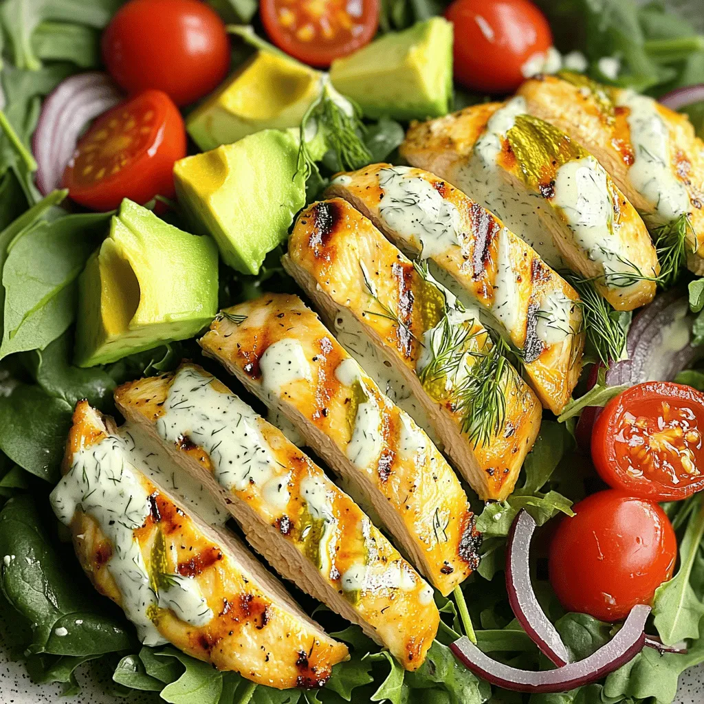 - 2 Hähnchenbrustfilets ohne Knochen und Haut - 1 Tasse Dill-Essiggurkensaft (zum Marinieren) - 4 Tassen gemischte Blattsalate (Spinat, Rucola, Romanasalat) Ich beginne mit den Hauptzutaten. Die Hähnchenbrustfilets sind die Basis des Salats. Sie sind zart und voller Geschmack. Der Dill-Essiggurkensaft bringt eine saure Note. Er macht das Hähnchen noch schmackhafter. Die gemischten Blattsalate sorgen für Frische und Crunch. - 1 Teelöffel Knoblauchpulver - 1 Teelöffel Zwiebelpulver - ½ Teelöffel schwarzer Pfeffer - ½ Teelöffel Salz - 1 Esslöffel Olivenöl - ¼ Tasse Ranch-Dressing Die Gewürze sind wichtig für den Geschmack. Knoblauch- und Zwiebelpulver geben Tiefe. Schwarzer Pfeffer und Salz runden alles ab. Olivenöl sorgt für eine schöne Bräunung beim Grillen. Das Ranch-Dressing verbindet alle Aromen perfekt. - 1 Avocado, gewürfelt - ½ Tasse Kirschtomaten, halbiert - ¼ Tasse rote Zwiebel, dünn geschnitten - Frischer Dill zur Garnierung (optional) Frische Zutaten machen den Salat lebendig. Die Avocado bringt Cremigkeit. Kirschtomaten fügen eine süße Note hinzu. Die rote Zwiebel gibt Schärfe und Farbe. Der frische Dill ist das i-Tüpfelchen. Er bringt einen zusätzlichen, frischen Geschmack. Die Zutaten sind einfach, aber sie ergeben zusammen einen leckeren Salat. Du findest das vollständige Rezept für diesen Essiggurken-Ranch-Hühnchen- und Avocadosalat in der Rezeptübersicht. Zuerst marinierst du das Hähnchen. Lege die Hähnchenbrustfilets in eine Schüssel. Gieße 1 Tasse Dill-Essiggurkensaft darüber. Lass das Hähnchen mindestens 30 Minuten marinieren. Diese Zeit gibt dem Hähnchen viel Geschmack. Der Essiggurkensaft macht das Hähnchen zart und lecker. Heize deinen Grill oder eine Grillpfanne bei mittlerer Hitze vor. Nimm das Hähnchen aus der Marinade, aber werfe die Marinade weg. Würze das Hähnchen mit Knoblauchpulver, Zwiebelpulver, Salz und schwarzem Pfeffer. Das macht das Hähnchen noch schmackhafter. Lege das Hähnchen auf den Grill. Grill es für 6-7 Minuten pro Seite. Das Hähnchen ist fertig, wenn die Innentemperatur 165°F (75°C) erreicht. Lass das Hähnchen nach dem Grillen 5 Minuten ruhen. Dann schneide es in Streifen. Nimm eine große Schüssel und mische die Blattsalate. Füge die gewürfelte Avocado, halbierte Kirschtomaten und die geschnittene rote Zwiebel hinzu. Das gibt Farbe und Frische. Lege die gegrillten Hähnchenstreifen oben auf den Salat. Träufle das Ranch-Dressing darüber. Mische alles vorsichtig. So verteilt sich das Dressing gleichmäßig. Garnier den Salat nach Belieben mit frischem Dill. Das gibt einen schönen letzten Schliff. Du hast jetzt ein tolles Gericht! Wenn du die Anleitung genau befolgst, kannst du das Rezept für Essiggurken-Ranch-Hühnchen- und Avocadosalat ganz einfach nachmachen. Um das Hähnchen gleichmäßig zu garen, achte auf die Grilltemperatur. Stelle sicher, dass der Grill heiß ist, bevor du das Hähnchen auflegst. Das sorgt für schöne Grillstreifen und verhindert, dass das Fleisch austrocknet. Wenn du eine Grillpfanne verwendest, nutze etwas Olivenöl, damit das Hähnchen nicht kleben bleibt. Wende das Hähnchen nur einmal, um saftiges Fleisch zu bekommen. Variiere dein Dressing, wenn du neue Geschmäcker ausprobieren möchtest. Ein Joghurt-Dressing oder ein Zitronen-Vinaigrette passt gut. Du kannst auch die Blattsalate ändern. Probiere Rucola oder Kopfsalat, um den Geschmack zu verändern. Füge verschiedene Gemüsesorten hinzu, wie Paprika oder Gurken, um mehr Farben und Nährstoffe zu erhalten. Bereite die Zutaten im Voraus vor, um Zeit zu sparen. Marinieren das Hähnchen einen Tag vorher macht es noch schmackhafter. Du kannst auch das gegrillte Hähnchen im Voraus zubereiten und im Kühlschrank aufbewahren. Wenn du Reste hast, friere sie in Portionen ein. So hast du immer eine schnelle Mahlzeit parat. {{image_4}} Wenn Sie eine vegetarische Option möchten, gibt es viele Hähnchenersatzprodukte. Diese Produkte sind oft aus Soja oder Erbsenprotein. Sie können auch gebratenen Tofu oder Tempeh verwenden. Marinieren Sie diese Alternativen wie das Hähnchen. Sie können den Dill-Essiggurkensaft verwenden, um den Geschmack zu verstärken. Für einen veganen Salat sollten Sie das Ranch-Dressing durch ein pflanzliches Dressing ersetzen. Ein einfaches Rezept ist eine Mischung aus veganer Mayonnaise, Zitronensaft und Gewürzen. So bleibt der Geschmack frisch und lecker. Dieser Salat passt gut zu vielen Beilagen. Ein frischer Couscous-Salat ist eine gute Wahl. Er bringt eine schöne Textur und Aromen. Auch einfache Snacks wie Hummus mit Gemüsesticks sind toll. Wenn Sie ein vollständiges Mahl möchten, servieren Sie den Salat mit warmem Brot. Ein knuspriges Baguette oder Fladenbrot ergänzt die Aromen perfekt. Saisonale Zutaten machen den Salat noch interessanter. Im Frühling können Sie frische Erbsen oder Radieschen hinzufügen. Im Sommer sind Gurken eine tolle Ergänzung. Im Herbst passen geröstete Kürbiswürfel gut dazu. Diese Zutaten bringen Farbe und Geschmack. Passen Sie die Zutaten auch nach dem Klima an. Wenn es kalt ist, können Sie den Salat mit warmen Zutaten genießen, wie geröstetem Gemüse. So bleibt Ihr Salat frisch und spannend das ganze Jahr über. Um deinen Pickle Ranch Chicken und Avocado Salat frisch zu halten, brauchst du die richtigen Behälter. Verwende luftdichte Behälter, die gut schließen. Kühlelemente helfen, die Frische zu bewahren, besonders an warmen Tagen. Der Salat bleibt im Kühlschrank etwa 2 bis 3 Tage frisch. Achte darauf, die Avocado erst kurz vor dem Servieren hinzuzufügen. So vermeidest du, dass sie braun wird. Hast du Reste? Du kannst sie in vielen neuen Gerichten nutzen. Mische den Salat in Wraps oder auf ein Sandwich. Das gibt dir einen neuen Geschmack. Du kannst auch die Hähnchenreste für Tacos oder als Belag auf Pizza verwenden. Die Möglichkeiten sind endlos! Lass deiner Kreativität freien Lauf und probiere neue Ideen aus. Einige Zutaten kannst du einfrieren. Das Hähnchen kannst du nach dem Grillen in Stücke schneiden und einfrieren. So hast du immer etwas für den nächsten Salat zur Hand. Vermeide es, den gesamten Salat einzufrieren, da die Texturen leiden können. Um die Zutaten sicher aufzutauen, lege sie einfach über Nacht in den Kühlschrank. So bleiben Geschmack und Frische erhalten. Der Salat bleibt im Kühlschrank bis zu drei Tage frisch. Lagere ihn in einem luftdichten Behälter. So bleibt der Geschmack länger erhalten. Vermeide es, das Dressing vorab hinzuzufügen. Das hält den Salat knackig. Ja, du kannst das Hähnchen im Voraus grillen. Kühl es nach dem Grillen ab und bewahre es in einem Behälter auf. Das Hähnchen bleibt so bis zu vier Tage frisch. Du kannst es auch in Scheiben schneiden, um es schneller zu verwenden. Ja, der Salat ist gesund und nährstoffreich. Er enthält mageres Hähnchen, frisches Gemüse und gesunde Fette aus der Avocado. Die Mischung liefert Proteine, Ballaststoffe und Vitamine. Der Salat unterstützt eine ausgewogene Ernährung. Möchtest du das Dressing milder oder würziger machen? Füge einfach mehr oder weniger Ranch-Dressing hinzu. Du kannst auch etwas Joghurt hinzufügen, um es cremiger und weniger scharf zu machen. Experimentiere nach deinem Geschmack. Dieses Rezept vereint klassische amerikanische Aromen. Die Idee stammt von traditionellen Ranch-Dressings, die oft mit Hühnchen kombiniert werden. Du kannst das Rezept anpassen, indem du andere Kräuter oder Gemüse hinzufügst. So bleibt es spannend und lecker. Dieser Blogbeitrag hat gezeigt, wie du einen frischen Hähnchen-Avocado-Salat zubereitest. Wir haben die Hauptzutaten, Gewürze und das Dressing besprochen. Ich habe dir auch Tipps für die perfekte Grilltechnik und Variationen gegeben. Egal, ob du ein einfaches oder kreatives Rezept suchst, gibt es immer neue Ideen. Probiere es aus und passe es an deinen Geschmack an. So hast du immer ein köstliches Gericht für jede Gelegenheit!