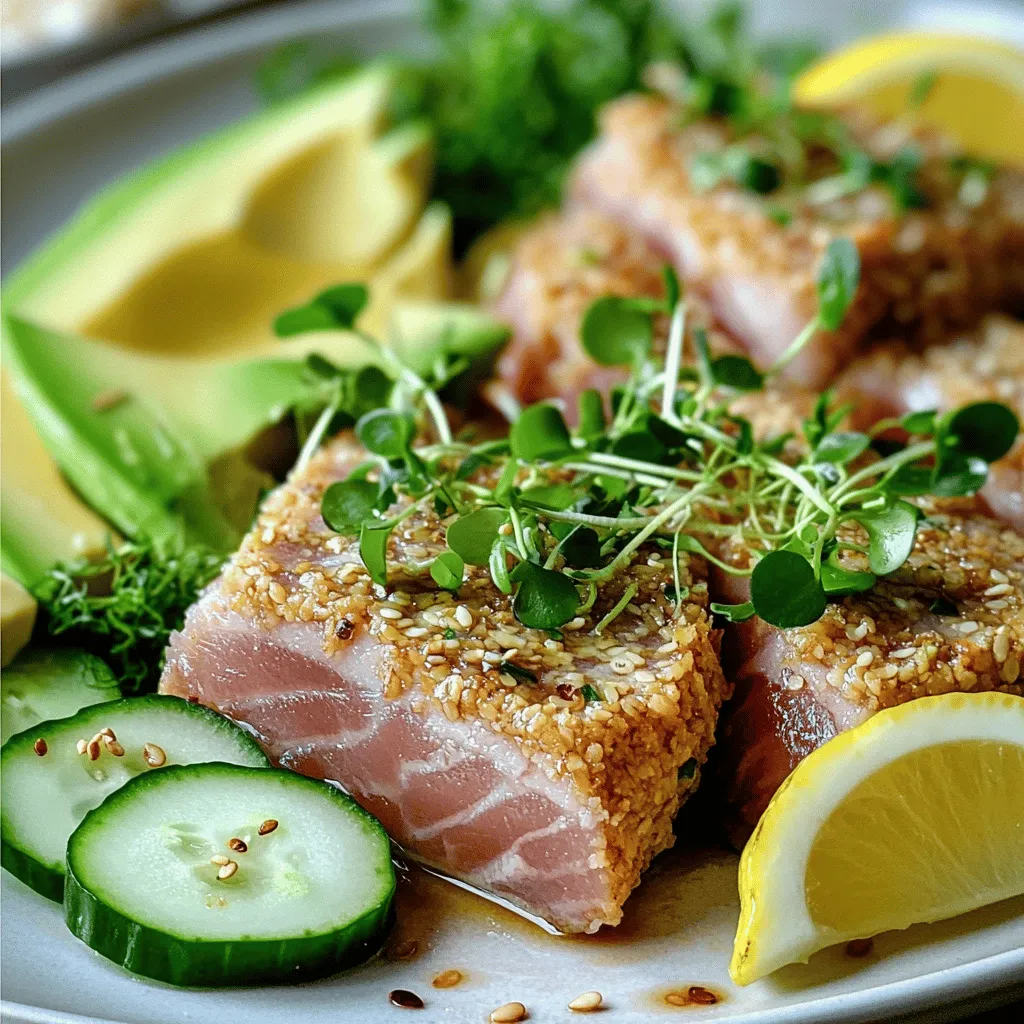 - 2 Ahi-Thunfischsteaks (je ca. 170 g) - 60 ml weiße Sesamkörner - 60 ml schwarze Sesamkörner - 30 ml Sojasoße (niedriger Natriumgehalt empfohlen) - 1 Teelöffel frischer Ingwer, gerieben - 10 ml Sesamöl - 1 Avocado, in Scheiben geschnitten - 1 Gurke, dünn geschnitten - Microgreens zur Dekoration (optional) - Zitronenspalten zum Servieren Die Zutaten sind einfach und frisch. Sie bringen den Geschmack des Ahi-Thunfischs gut zur Geltung. Die Kombination von weißen und schwarzen Sesamkörnern sorgt für eine knusprige Textur und einen tollen Look. Die Marinade aus Sojasoße, Ingwer und Sesamöl gibt dem Fisch eine würzige Note. Für die Beilagen empfehle ich die Avocado und Gurke. Sie sind leicht und bringen Frische. Microgreens sind eine schöne Deko und sehen toll aus. Zitronenspalten sorgen für einen zusätzlichen Frischekick beim Servieren. Wenn Sie die komplette Anleitung wollen, schauen Sie sich das [Full Recipe] an. Zuerst nehme ich die Ahi-Thunfischsteaks. Ich tupfe sie mit Küchenpapier trocken. Dann würze ich beide Seiten leicht mit Salz und Pfeffer. Dies bringt den Geschmack wirklich zur Geltung. In einer kleinen Schüssel vermische ich die Sojasoße, den geriebenen Ingwer und das Sesamöl. Ich rühre gut um, bis alles gut verbunden ist. Diese Marinade gibt dem Thunfisch viel Geschmack. Jetzt lege ich die gewürzten Thunfischsteaks in eine flache Schüssel. Ich gieße die Marinade gleichmäßig über die Steaks. Es ist wichtig, sie für 15 bis 20 Minuten einlegen zu lassen. Während dieser Zeit drehe ich die Steaks nach der Hälfte um, damit sie gleichmäßig marinieren. Auf einem Teller mische ich die weißen und schwarzen Sesamkörner. Ich nehme die Thunfischsteaks aus der Marinade. Dann drücke ich sie in die Sesammischung, sodass alle Seiten gleichmäßig bedeckt sind. Das gibt dem Thunfisch eine tolle Kruste. Ich erhitze das Olivenöl in einer beschichteten Pfanne bei mittlerer bis hoher Hitze. Sobald das Öl heiß ist, füge ich vorsichtig die sesamkrustierten Thunfischsteaks hinzu. Ich brate sie etwa 1 bis 2 Minuten auf jeder Seite an. Für eine rare Garstufe sollte die Außenseite goldbraun und knusprig sein, während die Innenseite rosa bleibt. Nach dem Braten nehme ich den Thunfisch aus der Pfanne und lasse ihn eine Minute ruhen. Dann schneide ich die Steaks in dünne Scheiben. Ich richte die geschnittene Avocado und Gurke auf einem Servierteller an und lege die dünnen Stücke Thunfisch darüber. Zum Schluss dekoriere ich mit Microgreens und serviere frische Zitronenspalten. So wird das Gericht besonders frisch und lecker. Für die vollständige Anleitung und alle Details, besuche die [Full Recipe]. Um die perfekte Garstufe zu erreichen, müssen Sie den Thunfisch richtig anbraten. Für eine rare Garstufe braten Sie die Steaks nur 1-2 Minuten pro Seite. Die Außenseite wird knusprig, während die Innenseite rosa bleibt. Für eine medium Garstufe braten Sie 2-3 Minuten pro Seite. Das Innere wird leicht rosa, aber nicht ganz durchgegart. Für well-done braten Sie die Steaks 3-4 Minuten pro Seite. Achten Sie darauf, den Thunfisch nicht zu lange zu braten, da er sonst trocken wird. Um den besten Sesamgeschmack zu erzielen, rösten Sie die Sesamkörner vor dem Kochen. Erhitzen Sie eine trockene Pfanne bei mittlerer Hitze. Geben Sie die Sesamkörner in die Pfanne und rühren Sie sie häufig um. Rösten Sie sie für etwa 2-3 Minuten, bis sie goldbraun sind. Dieser Schritt bringt den nussigen Geschmack des Sesams hervor und macht Ihre Sesamkruste noch köstlicher. Die Präsentation Ihres Gerichts ist wichtig. Schneiden Sie den Ahi-Thunfisch in gleichmäßige, dünne Scheiben. Arrangieren Sie die Scheiben schön auf einem Teller. Legen Sie die Avocado und Gurke daneben. Sie können Microgreens für einen frischen Look darüber streuen. Zitronenspalten an der Seite sorgen für einen schönen Farbkontrast und bieten den Gästen die Möglichkeit, ihr Gericht zu verfeinern. Eine ansprechende Präsentation macht das Essen noch genussvoller. {{image_4}} Um den Geschmack Ihrer Ahi-Thunfischsteaks zu verändern, probieren Sie verschiedene Marinaden. Eine Mischung aus Honig, Sojasoße und Limettensaft bringt eine süß-säuerliche Note. Für einen scharfen Kick fügen Sie einen Teelöffel Sriracha oder frische Chili hinzu. Auch eine Teriyaki-Soße kann eine leckere Basis sein. Experimentieren Sie mit diesen neuen Aromen. So bleibt das Gericht spannend und frisch. Wenn Sie auf Fisch verzichten möchten, gibt es tolle Alternativen. Verwenden Sie fester Tofu oder Tempeh als Ersatz für Ahi-Thunfisch. Marinieren Sie den Tofu wie im Rezept beschrieben. Dann panieren Sie ihn mit Sesam. Braten Sie ihn in der Pfanne, bis er goldbraun ist. Diese vegetarische Variante ist gesund und hat einen tollen Biss. Die Beilagen machen Ihr Gericht noch bunter und schmackhafter. Servieren Sie den Thunfisch mit einem frischen Salat aus Rucola und Kirschtomaten. Ein Gurkensalat mit Limettensaft passt ebenfalls gut. Für eine sättigende Beilage sind Quinoa oder Jasminreis ideal. Diese Kombinationen ergänzen den Geschmack des Thunfischs perfekt und sorgen für ein ausgewogenes Essen. Um Ahi-Thunfisch richtig aufzubewahren, lege die Steaks in einen luftdichten Behälter. Stelle sicher, dass sie nicht mit anderen Lebensmitteln in Kontakt kommen. Lagere den Thunfisch im kältesten Teil deines Kühlschranks. So bleibt er frisch. Am besten verbrauchst du ihn innerhalb von zwei Tagen nach dem Kauf. Wenn du die Steaks einfrieren möchtest, wickel sie in Frischhaltefolie und lege sie in einen Gefrierbeutel. So kannst du sie bis zu drei Monate aufbewahren. Wenn du Thunfischreste hast, gibt es viele kreative Wege, sie zu nutzen. Du kannst den Thunfisch klein schneiden und ihn in einen Salat geben. Mische ihn mit frischem Gemüse und einem Dressing. Eine andere Idee ist, Thunfisch-Sushi-Rollen zu machen. Du kannst auch einen Thunfisch-Aufstrich machen, indem du ihn mit Frischkäse und Kräutern vermengst. So genießt du den Geschmack noch einmal auf eine neue Weise. Die Haltbarkeit der Zutaten ist wichtig, um sicher zu essen. Ahi-Thunfisch bleibt frisch, wenn er richtig gelagert wird. In der Regel solltest du frischen Thunfisch innerhalb von zwei Tagen verwenden. Sesamkörner halten sich in einem geschlossenen Behälter bis zu sechs Monate. Sojasoße kann im Kühlschrank bis zu einem Jahr haltbar sein. Achte darauf, die Zutaten regelmäßig zu kontrollieren, um ihre Frische zu sichern. Um Ahi-Thunfisch perfekt zuzubereiten, befolge einige einfache Tipps. Wähle frischen Thunfisch von guter Qualität. Tupfe die Steaks trocken, bevor du sie würzt. Verwende Salz und Pfeffer sparsam. Marinieren ist wichtig. Lass den Thunfisch mindestens 15 Minuten in der Marinade. Für die Garstufen: Brate ihn 1-2 Minuten pro Seite für rare. Wenn du es lieber medium magst, brate etwas länger. Achte darauf, dass die Außenseite goldbraun ist, während die Innenseite rosa bleibt. So bleibt der Geschmack frisch und saftig. Ahi-Thunfisch, auch als Gelbflossen-Thunfisch bekannt, kommt aus tropischen und subtropischen Gewässern. Er lebt in warmen Ozeanen, besonders um Hawaii und die Karibik. Nachhaltigkeit ist wichtig. Achte beim Kauf auf umweltfreundliche Fischerei. Viele Anbieter haben Zertifikate, die zeigen, dass sie nachhaltig fischen. So schützst du die Meere und sicherst die Zukunft dieses köstlichen Fisches. Zu sesame-crusted Ahi-Tuna passen viele leckere Beilagen. Hier sind einige Ideen: - Avocado-Scheiben - Dünn geschnittene Gurken - Reis oder Quinoa - Gemischter Salat - Gedünstetes Gemüse - Süßkartoffelpüree Diese Beilagen ergänzen den Geschmack des Thunfischs und sorgen für eine schöne Präsentation. Experimentiere mit verschiedenen Kombinationen! Du wirst überrascht sein, wie gut sie zusammenpassen. Für mehr Details und eine vollständige Anleitung schaue dir das [Full Recipe] an. Zusammenfassend haben wir uns mit der Zubereitung von Ahi-Thunfisch beschäftigt. Wir haben die Hauptzutaten, die Marinade und die perfekte Zubereitung behandelt. Mit einfachen Schritten kannst du ein köstliches Gericht kreieren. Experimentiere mit Variationen und Beilagen, um dein Gericht zu personalisieren. Denke daran, die Reste kreativ zu verwenden. So bleibt der Ahi-Thunfisch frisch und lecker. Viel Spaß beim Kochen und Genießen!